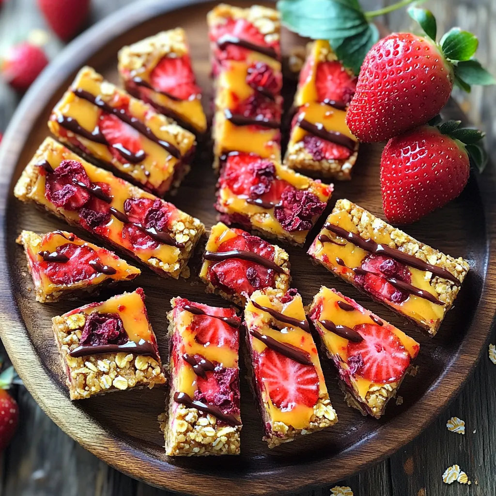 - 2 cups rolled oats - 1 cup almond butter - 1/2 cup honey or maple syrup The base of these bars starts with rolled oats. They give great texture and fiber. Almond butter adds healthy fats and protein. Honey or maple syrup serves as a natural sweetener. You can choose between them based on taste. - 1 cup freeze-dried strawberries, crushed - 1/2 cup vanilla protein powder - 1/4 tsp salt - 1/2 tsp vanilla extract - Optional: 1/4 cup dark chocolate chips Freeze-dried strawberries bring a burst of fruity flavor. They add a fun crunch, too. Protein powder boosts the bars' nutrition. Salt enhances the sweetness, while vanilla extract adds warmth. If you love chocolate, dark chocolate chips can be a tasty drizzle. - Mixing bowl - Baking dish (8x8 inch) - Parchment paper You need a mixing bowl to combine all the ingredients. A baking dish helps form the bars. Parchment paper makes removal easy later. These tools make the process smooth and fun. - In a large mixing bowl, combine all primary ingredients: rolled oats, almond butter, honey or maple syrup. Add freeze-dried strawberries, protein powder, salt, and vanilla extract. Mix well until you get a sticky mixture. - Next, line an 8x8 inch baking dish with parchment paper. The paper should hang over the sides. This helps you remove the bars easily later. - Transfer the sticky mixture into the prepared baking dish. Use your hands or a spatula to press it down firmly. Make sure it's even throughout. - If you want, melt dark chocolate chips in a microwave-safe bowl. Heat them in 20-second intervals and stir until smooth. Drizzle the melted chocolate over the pressed mixture for an extra treat. - Place the baking dish in the refrigerator. Let it chill for at least 1 hour. This allows the bars to set properly. - After an hour, remove the dish from the fridge. Use the parchment paper to lift the bars out. Cut them into your desired sizes. Enjoy your tasty, no-bake strawberry protein bars! To make sure your bars have the right texture, you need a sticky mixture. Mix all ingredients well. The almond butter and honey help create this stickiness. If it feels too dry, add a little extra almond butter or honey. Next, press the mixture down firmly. Use your hands or a spatula for this. Pressing down helps the bars hold together. An even layer ensures they cut nicely later. When melting chocolate, use a microwave-safe bowl. Heat the chocolate in short bursts, about 20 seconds at a time. Stir after each burst. This method prevents burning. You want the chocolate to be smooth before you drizzle it. If you want an alternative to chocolate drizzle, try using yogurt or nut butter. These options add flavor without the hassle of melting chocolate. For a great presentation, arrange the bars on a serving plate. Garnish with fresh strawberries. A sprinkle of crushed freeze-dried strawberries adds color and fun. Pair the bars with a glass of milk or a smoothie for a complete snack. This combo makes a tasty and healthy option any time of day. {{image_2}} You can switch up the flavor by using different freeze-dried fruits. Try blueberries or raspberries for a fun twist. Fresh fruits also work well. Just chop them small and mix them in. Keep in mind, fresh fruits add moisture. You may need to adjust the dry ingredients to keep the bars firm. If you don’t have vanilla protein powder, you can use chocolate protein powder instead. This option adds a rich flavor. You can also try plant-based protein powders for a vegan choice. For nut or seed butter, swap almond butter for peanut or sunflower seed butter. Each will change the taste but still keep the bars yummy. You can change the sweetness by adjusting the honey or maple syrup. If you like it sweeter, add more. For less sweetness, lessen the amount. You can also try sugar-free alternatives like stevia or monk fruit sweetener. Just remember, these can be sweeter than regular sweeteners. Start with a small amount and taste as you go. To keep your no-bake strawberry protein bars fresh, use an airtight container. Glass or plastic containers work well. Make sure they seal tight to keep moisture out. Store them in the fridge. This helps maintain their taste and texture. These bars last about one week in the fridge. For longer storage, you can freeze them. Wrap each bar in plastic wrap, then place them in a freezer bag. They can last up to three months in the freezer. When serving from the fridge, let the bars sit for a few minutes. This helps soften them a little. If you freeze the bars, thaw them in the fridge overnight. This way, they stay tasty and safe to eat. Yes, you can use other nut butters. Peanut butter adds a strong flavor. Cashew butter gives a creamier texture. Sunflower seed butter is a great nut-free option. Each nut butter changes the taste a bit, but they work well in this recipe. Yes, these bars are healthy. They combine oats, nut butter, and protein powder. Oats provide fiber, which helps digestion. Nut butter adds healthy fats and protein. Strawberries bring vitamins and antioxidants. This snack is great for energy and muscle recovery. To make these bars vegan, use maple syrup instead of honey. Choose a plant-based protein powder. Many brands offer vegan options. This way, you keep all the flavor without animal products. Sure! You can add protein powder to boost the protein. Try collagen powder for joint health. Chia seeds add omega-3 fatty acids. Always check the amounts so they mix well. You’ve learned to make delicious no-bake strawberry protein bars. We covered the key ingredients, tools needed, and simple steps for preparation. I shared tips for the best texture and options for customization. You can store these bars easily and enjoy them for weeks. These snacks are not just tasty; they are also healthy. So, grab your ingredients and start making your own bars today. You’ll love the flavor and the boost they give you!