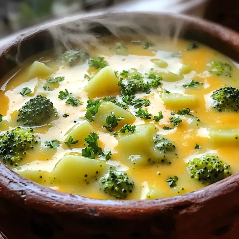 - 4 cups fresh broccoli florets - 1 medium onion, diced - 2 cloves garlic, minced - 4 cups vegetable broth - 2 medium potatoes, peeled and diced - 1 cup heavy cream - 2 cups shredded sharp cheddar cheese - 1 teaspoon salt - 1/2 teaspoon black pepper - 1/4 teaspoon red pepper flakes (optional for heat) - 2 tablespoons olive oil - Fresh parsley, chopped (for garnish) To make my creamy broccoli cheese soup, I choose fresh ingredients. Start with vibrant broccoli florets. They add flavor and color. I also use a medium onion. Dicing it brings out its sweet notes. Minced garlic gives a warm, comforting aroma. Next, I grab pantry staples. Vegetable broth forms the soup's base. I peel and dice two medium potatoes for creaminess. Adding heavy cream at the end makes the soup rich. Seasoning is key for great taste. Sharp cheddar cheese adds depth and richness. I use salt and black pepper to enhance all the flavors. If you like a kick, add red pepper flakes. Olive oil adds a lovely finish. Lastly, fresh parsley gives a pop of color on top. These ingredients work together to create a cozy dish. Each bite brings warmth and comfort. Enjoy the process of gathering these items. It sets the stage for a delicious meal ahead! To start, I heat olive oil in a skillet over medium heat. I add the diced onion and sauté it until it turns soft and clear, which takes about five minutes. Next, I mix in the minced garlic and let it cook for one more minute. This step adds a lovely aroma to the dish. Once done, I transfer the onion and garlic to the slow cooker. Now it’s time to add the main ingredients. I toss in four cups of fresh broccoli florets and two diced potatoes into the slow cooker. Then, I pour in four cups of vegetable broth, which gives the soup a rich base. I season it with one teaspoon of salt, half a teaspoon of black pepper, and the optional red pepper flakes if you like a little heat. After that, I stir everything well to make sure all the flavors mix. I cover the slow cooker and select the cooking time. I can cook it on low for six to seven hours or on high for three to four hours. I always check that the broccoli and potatoes are tender before moving on. Once the cooking time is up, I use an immersion blender to puree the soup. I blend it until it reaches the creaminess I want. If I don’t have an immersion blender, I can carefully transfer the soup to a blender in small batches. Now, I stir in one cup of heavy cream and two cups of shredded sharp cheddar cheese. I mix until the cheese melts and blends well. This gives the soup its creamy texture and cheesy flavor. I taste the soup and adjust the seasoning if needed. Finally, I get ready to serve it hot, topped with fresh parsley for a pop of color. To get that smooth texture, I recommend using an immersion blender. This tool is easy to use right in the slow cooker. Just blend until you see no chunks. If you don't have one, a regular blender works too. Just be careful not to fill it too high. You can blend in batches. If your soup is too thick, add more vegetable broth or cream. For a thicker soup, let it cook longer. The potatoes will break down and help thicken the mix. For a flavor boost, try adding thyme or basil. A pinch of nutmeg can also add warmth. If you're out of cheddar cheese, you can use Gruyère or Monterey Jack. Both melt well and add great taste. This soup pairs nicely with crusty bread. You can also serve it with a fresh salad. Try garnishing with extra cheese or a drizzle of olive oil. For fun, use a dollop of sour cream on top. And don’t forget to sprinkle some fresh parsley for color! {{image_2}} You can easily make this soup heartier by adding protein. Chicken, bacon, or tofu all work great. If you choose chicken, cook it first and shred it before adding. For bacon, cook it crispy, chop it up, and mix it in. If you prefer a plant-based option, add cubed tofu. It soaks up the flavors and adds a nice texture. For a lighter soup, you can use low-fat dairy. Swap heavy cream for low-fat milk or a plant-based milk. Almond or oat milk are tasty options. You can also use low-fat cheese. This keeps the soup creamy while cutting some calories. Cheese makes this soup rich and creamy. While sharp cheddar is a classic, you can try other cheeses too. Gruyère gives a nutty flavor. Monterey Jack adds a nice melt. For a kick, mix in pepper jack cheese. Experimenting with different cheeses will give you a unique twist each time you make it. Store your soup in an airtight container. It keeps well in the fridge for about 3-4 days. Ensure it cools to room temperature before sealing. This step helps maintain freshness. You can freeze the soup if you have extra. Use freezer-safe containers or bags. Leave some space for expansion. It stays good for about 3 months. To thaw, place it in the fridge overnight. This helps keep the flavor and texture. Reheat the soup on the stove for best results. Use low to medium heat to warm it slowly. Stir often to prevent sticking. If the soup seems thick, add a splash of broth or cream. You can also use a microwave, but be careful. Heat in short bursts, stirring in between. This keeps the soup creamy and delicious. Yes, you can use frozen broccoli. Just add it straight to the slow cooker. There’s no need to thaw it first. Frozen broccoli cooks well in the soup. It can save time, too! The soup will still be creamy and tasty. Just remember, frozen broccoli may cook faster than fresh. Keep an eye on your cooking time. You might want to check it a little earlier. To make this soup vegetarian, simply use vegetable broth. For a vegan version, swap out the heavy cream. You can use coconut milk or cashew cream instead. Both will add a rich flavor. For cheese, use a vegan cheese blend. These swaps keep the soup creamy and delicious. Always check labels to ensure they are dairy-free. This soup pairs well with many sides. Try serving it with crusty bread or a fresh salad. Grilled cheese sandwiches are a classic choice too. For something lighter, serve it with a veggie platter. If you want a warm touch, garlic bread is perfect. Each option adds a nice balance to the creamy soup. This blog post covered how to make a creamy broccoli soup. We looked at fresh ingredients, pantry staples, and seasonings. I shared step-by-step instructions for cooking the soup to perfection. You learned tips for achieving creaminess and enhancing flavors. Variations let you customize the soup to your taste. Finally, I included storage and reheating guidelines to keep leftovers fresh. Now, you’re ready to enjoy a tasty bowl of soup, whether you crave comfort or want something healthy. Enjoy your cooking!