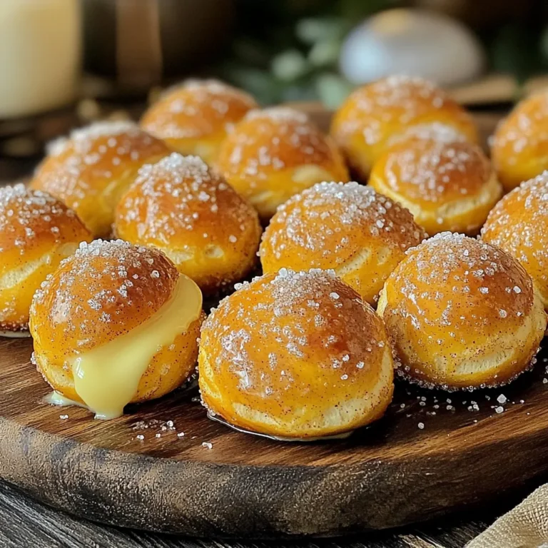 - 1 ½ cups warm water (110°F to 115°F) - 2 tablespoons granulated sugar - 1 packet active dry yeast (2¼ teaspoons) - 4 cups all-purpose flour - 1 teaspoon salt - ½ cup baking soda (for boiling) - ½ cup unsalted butter, melted - 1 cup granulated sugar (for coating) - 2 tablespoons ground cinnamon - Coarse sea salt, for sprinkling - 1 cup = 8 fluid ounces - 1 tablespoon = 3 teaspoons - 1 packet of yeast = 2¼ teaspoons - ½ cup = 4 fluid ounces - If you lack active dry yeast, use instant yeast for a quicker rise. - You can swap all-purpose flour with bread flour for a chewier bite. - Melted coconut oil can replace unsalted butter for a dairy-free option. - If you prefer less sugar, reduce the amount used for coating. To start, grab a large mixing bowl. Add 1 ½ cups of warm water. Make sure it’s between 110°F and 115°F. Next, mix in 2 tablespoons of granulated sugar and 1 packet of active dry yeast. Let this sit for about 5 minutes until you see bubbles. This means the yeast is active. After that, stir in 4 cups of all-purpose flour and 1 teaspoon of salt. Mix until you form a soft dough. Now, turn the dough out onto a floured surface. Knead it for about 5-7 minutes. You want it to be smooth and elastic. Once done, put it in a lightly greased bowl. Cover it with a damp cloth. Let it rise in a warm spot for about 1 hour. It should double in size. Once your dough has risen, it’s time for some fun. Preheat your oven to 425°F (220°C). Line a baking sheet with parchment paper. Now, take a large pot and fill it with about 8 cups of water. Bring this to a gentle boil and add ½ cup of baking soda. Punch down the risen dough and divide it into small pieces. Each piece should be about the size of a golf ball. Roll each piece into a rope. Then shape the rope into bite-sized pretzel shapes. Carefully drop each pretzel bite into the boiling water for about 30 seconds. Use a slotted spoon to remove them. Place them on your prepared baking sheet. Before baking, brush each pretzel bite with melted butter. In a bowl, mix 1 cup of granulated sugar with 2 tablespoons of ground cinnamon. Generously sprinkle this mixture over the pretzel bites. Then, add a sprinkle of coarse sea salt for extra flavor. Bake your pretzel bites in the preheated oven for 12-15 minutes. They should turn golden brown. Once baked, let them cool slightly on a wire rack. Enjoy them warm for the best taste! To get soft pretzel bites, it's all about the dough. Use warm water, about 110°F to 115°F, to activate the yeast. This warmth helps the dough rise. Knead the dough for about 5-7 minutes. This builds gluten, making the pretzels chewy. Let the dough rise in a warm area. Cover it with a damp cloth for an hour. This will double its size. When you boil the pretzel bites, add baking soda to the water. This step gives them that classic pretzel texture. The sweet cinnamon sugar coating is a classic choice. However, you can mix things up! Try adding a pinch of nutmeg to the cinnamon sugar. This adds warmth and depth. For a chocolate twist, drizzle melted chocolate over the bites after baking. If you love savory flavors, try grated Parmesan or garlic powder instead of cinnamon. You can even sprinkle some herbs for a unique taste. These bites are great as a snack on their own. Serve them warm with a side of creamy dip. A simple cream cheese dip works well. For a fun twist, try a chocolate or caramel dip. You can also serve them at parties. Arrange them on a platter with different dips. This makes a fun snack for everyone. Pair with a cold drink for a perfect treat. {{image_2}} You can change things up with savory pretzel bites. Instead of cinnamon sugar, try garlic and herb seasoning. Mix garlic powder, Italian herbs, and a pinch of salt. Brush the pretzel bites with olive oil instead of butter. You can also add cheese. Just sprinkle shredded cheddar or parmesan on top before baking. These savory bites are great for parties or movie nights. Want a gluten-free option? Use a gluten-free all-purpose flour blend. Make sure it has xanthan gum for texture. Follow the same steps in the recipe. You might need to adjust the water slightly. Start with less and add more if needed. The pretzel bites will still taste amazing. You won't miss the gluten at all! Let’s get creative with flavors! For a sweet twist, think chocolate. After baking, dip each pretzel bite in melted chocolate. You can use dark, milk, or white chocolate. For a caramel flavor, drizzle warm caramel sauce over the bites. You can even sprinkle some sea salt on top. These fun additions make great snacks for kids and adults alike! To keep your leftover pretzel bites fresh, store them in an airtight container. This helps them stay soft. Place a paper towel in the container to absorb moisture. You can keep them at room temperature for up to two days. For longer storage, use the fridge. When you want to enjoy your pretzel bites again, preheat your oven to 350°F. Place the bites on a baking sheet. Cover them with foil to keep them soft. Heat for about 10 minutes. If you prefer a crunchy texture, remove the foil for the last few minutes. If you want to freeze the pretzel bites, let them cool first. Place them in a freezer bag or container. They can be stored for up to three months. When you're ready to eat them, take out the amount you want. Let them thaw in the fridge overnight. Reheat as mentioned before. The water should be warm, around 110°F to 115°F. This range helps the yeast activate. If it's too cold, the yeast won't rise. If too hot, it can kill the yeast. Always use a thermometer for the best results. Your pretzel bites are done when they turn a golden brown color. They should look crisp on the outside and feel firm to the touch. You can also tap the bottom; it should sound hollow. Trust your senses to check for doneness. Yes, you can make the dough ahead of time. After kneading, cover it and store it in the fridge. It will stay fresh for up to 24 hours. Just let it come to room temperature before shaping and baking. This saves time and still tastes great! Making pretzel bites is fun and easy. We covered the essential ingredients, from measurements to substitutions. I shared tips for dough prep, boiling, and baking for the best taste. We explored ways to enhance texture and flavor, including savory and sweet variations. Lastly, we discussed proper storage and reheating methods to enjoy pretzel bites later. With these tips, you can create standout pretzel bites at home. Happy baking!