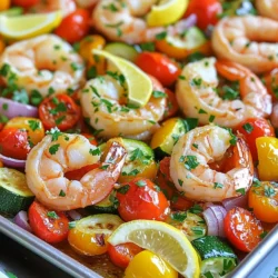 - 1 pound large shrimp, peeled and deveined - 1 cup cherry tomatoes, halved - 1 bell pepper (red or yellow), sliced - 1 zucchini, sliced - 1 red onion, chopped - 3 tablespoons olive oil - Juice and zest of 2 lemons - 4 cloves garlic, minced - 1 teaspoon dried oregano - 1 teaspoon salt - ½ teaspoon black pepper Gather these ingredients to create a tasty dish. The large shrimp forms the star of the meal. Pair it with fresh vegetables like cherry tomatoes, bell peppers, zucchini, and red onion for a colorful mix. The marinade brings everything together. Use olive oil, lemon juice, lemon zest, and minced garlic. This mix adds a bright flavor that complements the shrimp and veggies. Don't forget the seasonings. Dried oregano gives a nice herb touch. Adding salt and black pepper enhances the taste. Make sure to have all the items on hand. This will help you cook faster and keep the process smooth. First, you need to preheat your oven to 400°F (200°C). This step is key for even cooking. While the oven heats, make the marinade. In a small bowl, whisk together the olive oil, lemon juice, lemon zest, minced garlic, oregano, salt, and black pepper. Mix well until everything blends nicely. Next, take the shrimp and place it in a large zip-lock bag or bowl. Add half of the marinade you just made. Toss the shrimp to coat it well. Let it sit for about 15 to 20 minutes. This will give the shrimp great flavor. Now, grab a large sheet pan. Spread out your cherry tomatoes, sliced bell pepper, zucchini, and chopped red onion. Drizzle the remaining marinade over these veggies. Toss them well to ensure they are all coated in the tasty marinade. After the shrimp has marinated, it's time to bake. Add the marinated shrimp on top of the veggies in a single layer. Place the sheet pan in the preheated oven. Bake for about 12 to 15 minutes. You know it's done when the shrimp turns pink and the veggies are tender. Enjoy the wonderful smells wafting through your kitchen! To achieve optimal shrimp doneness, cook them until they turn pink. This usually takes about 12-15 minutes at 400°F. Overcooking makes shrimp tough. Check them a minute early to avoid this. For even cooking of vegetables, cut them into similar sizes. This way, they cook at the same rate. Cherry tomatoes and bell peppers should match the zucchini and onion. Toss them with the marinade well. This helps them roast nicely. Serve directly from the sheet pan for a casual feel. The colors of the shrimp and veggies look great together. For a more elegant touch, divide the dish onto plates. Add lemon wedges on each plate. This adds a pop of color and flavor. If you want to use a grill, follow the same marinade steps. Skewer the shrimp and veggies. Grill them over medium heat for about 8-10 minutes. Watch closely to avoid burning. For stovetop cooking, use a large skillet. Heat some oil, then add the marinated shrimp and veggies. Cook over medium heat for about 10 minutes, stirring often. This method gives you a nice char and flavor. {{image_2}} You can easily switch up the vegetables in this dish. Try using asparagus, broccoli, or snap peas. Each adds a new taste and texture. If you want a different protein, consider chicken or firm tofu. Both options soak up the lemon garlic flavor well. To change the flavor, add spices like paprika or cayenne for heat. Fresh herbs like basil or cilantro can also brighten the dish. If you want a spicy kick, toss in some red pepper flakes. This small addition can really pack a punch! Making this dish gluten-free is simple. All the main ingredients are already gluten-free. To keep it low-carb, skip the zucchini or use less. Cauliflower can be a great swap for any starchy veggie. It will still taste great while keeping the carbs low. To keep your sheet pan lemon garlic shrimp and veggies fresh, follow these steps: - Place leftovers in an airtight container. - Store in the fridge for up to 3 days. - For longer storage, freeze leftovers in a freezer-safe bag. When freezing, remove as much air as possible to prevent freezer burn. This helps keep the shrimp and veggies tasty. Reheating shrimp and veggies can be simple and quick. Here are some methods: - Microwave: Place on a microwave-safe plate. Heat for 1-2 minutes, stirring halfway. - Oven: Preheat to 350°F (175°C). Spread on a baking sheet. Heat for 10 minutes or until warm. To keep the shrimp juicy and veggies crisp, avoid overheating. Add a splash of water in the microwave to create steam. You can safely store leftovers in the fridge for 3 days. If frozen, they last for up to 2 months. Always check for signs of spoilage before eating. If it smells off or looks strange, toss it out! You can serve this dish with several tasty sides. Here are some ideas: - Rice: White or brown rice pairs well. It soaks up the juices. - Quinoa: This grain adds protein and a nutty flavor. - Pasta: Lightly dressed pasta complements the shrimp and veggies. - Salad: A fresh salad adds crunch and brightness. - Crusty Bread: Use it to scoop up shrimp and veggies. These sides make your meal feel complete and satisfying. Yes, you can use frozen shrimp for this recipe. Here’s how: 1. Thawing: First, place the shrimp in a bowl of cold water for about 15-20 minutes. 2. Marinating: Once thawed, dry the shrimp before marinating. 3. Cooking: Add a couple of minutes to the baking time if the shrimp is still cold. Using frozen shrimp is a great way to save time and still enjoy this dish. Perfectly cooked shrimp should be pink and opaque. Here are some signs: - Color Change: Raw shrimp are gray. Cooked shrimp turn pink. - Shape: Cooked shrimp curl into a C shape. - Texture: They should feel firm and not squishy. Keep an eye on them to avoid overcooking. They cook quickly! Yes, this recipe works well for meal prep. Here are some tips: - Batch Cooking: You can double the recipe for more servings. - Storage: Store in airtight containers in the fridge for up to 3 days. - Reheating: Reheat gently in the microwave or oven to keep shrimp tender. Meal prepping with this dish makes healthy eating easy all week! This article covered a simple, tasty dish: Sheet Pan Lemon Garlic Shrimp with veggies. We explored the key ingredients, marinade, and steps for preparation. I shared tips to make the dish perfect, including ways to present it beautifully. You can customize the recipe with different veggies and proteins, too. Remember, storing leftovers properly helps maintain freshness. Now, you have the tools to create a delicious meal that satisfies any palate. Enjoy experimenting with this recipe for a fun, flavorful cooking experience.