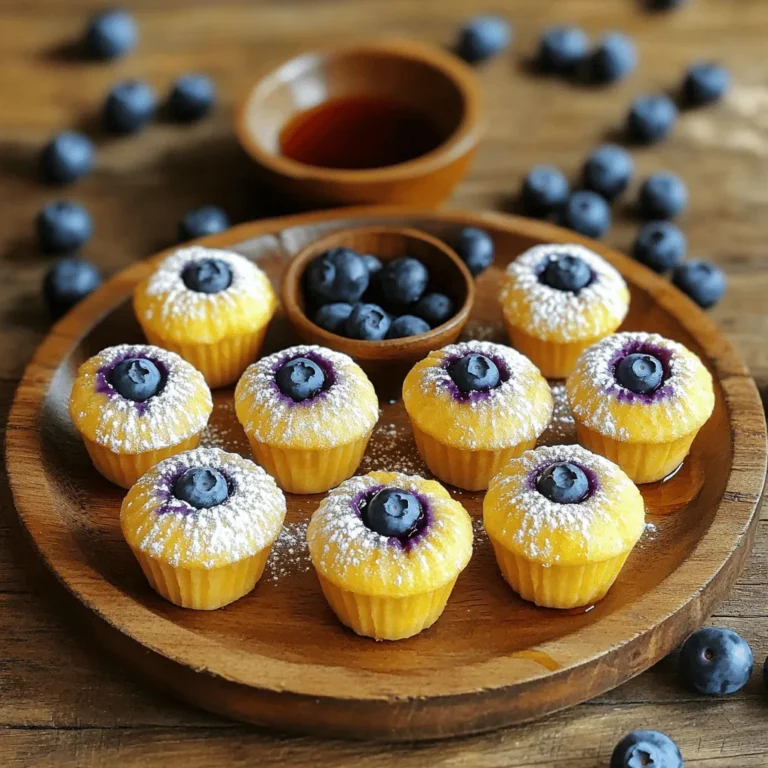 To make blueberry pancake bites, you need: - 1 cup all-purpose flour - 2 tablespoons sugar - 1 tablespoon baking powder - 1/2 teaspoon salt - 1 cup milk - 1 large egg - 2 tablespoons melted butter - 1 cup fresh blueberries - 1 teaspoon vanilla extract - Cooking spray or oil for greasing These ingredients create a soft and fluffy bite. The blueberries add a nice burst of flavor. You can customize your pancake bites. Here are some ideas: - Chocolate chips for sweetness - Chopped nuts for crunch - Cinnamon for warmth - Lemon zest for brightness - Greek yogurt for extra protein These options let you mix things up and cater to your taste. You will need a few tools to make this recipe: - A large mixing bowl - A whisk for mixing - A separate bowl for wet ingredients - A mini muffin tin - Cooking spray or oil for greasing - A ladle or spoon for filling muffin cups - An oven for baking These tools help you create perfect blueberry pancake bites every time. To make blueberry pancake bites, start by gathering your ingredients. You need: - 1 cup all-purpose flour - 2 tablespoons sugar - 1 tablespoon baking powder - 1/2 teaspoon salt - 1 cup milk - 1 large egg - 2 tablespoons melted butter - 1 cup fresh blueberries - 1 teaspoon vanilla extract - Cooking spray or oil for greasing In a large bowl, whisk the flour, sugar, baking powder, and salt together. This helps to mix the dry items well. In another bowl, mix the milk, egg, melted butter, and vanilla extract. Stir until everything looks blended. Pour the wet mix into the dry mix. Stir gently until just combined. Don't worry about small lumps in the batter. Next, fold in the blueberries carefully to keep them whole. Now, preheat your oven to 350°F (175°C). While the oven heats up, grease a mini muffin tin with cooking spray or oil. This step helps prevent sticking. Use a small ladle or spoon to fill each mini muffin cup about 3/4 full. This amount allows room for the batter to rise. Bake them for about 10 to 12 minutes. They should turn golden brown. To check if they are done, insert a toothpick. If it comes out clean, they are ready! Once baked, let the bites cool in the pan for a few minutes. Then, transfer them to a wire rack to cool completely. Serve these bites warm for the best taste. You can add a drizzle of maple syrup, a dusting of powdered sugar, or some fresh blueberries on top. For a fancy touch, add mint leaves on the plate. These small details make your snack look great! One common mistake is overmixing the batter. Mixing too much makes the bites tough. You want to mix until you see a few lumps, which is fine. Another mistake is not folding in the blueberries gently. Crushing them can lead to a mushy texture. Lastly, be sure to grease the muffin tin well. This helps the bites pop out easily. To perfect your pancake bites, use fresh blueberries. They add great flavor and sweetness. Preheat your oven to 350°F for even cooking. Fill the muffin cups about 3/4 full. This gives the bites room to rise without overflowing. Check for doneness around the 10-minute mark. A toothpick should come out clean when they are ready. Serve your pancake bites warm for the best taste. Drizzle them with maple syrup for a sweet touch. You can sprinkle powdered sugar on top for a fun look. For a pop of color, add extra blueberries or mint leaves. Arrange the bites on a nice plate to impress your guests. This makes a simple snack feel special! {{image_2}} You can make blueberry pancake bites even more fun! Try adding chocolate chips for a sweet twist. You can also mix in some lemon zest for a refreshing taste. If you love nuts, try adding chopped walnuts or pecans. These flavors will give your bites a new kick. If you don’t have all-purpose flour, use whole wheat flour for a healthier option. You can replace milk with almond or oat milk for a dairy-free choice. For those who want less sugar, use a sugar substitute or remove it altogether. If you’re out of fresh blueberries, frozen ones work great too. Just thaw them first. These pancake bites are perfect for any time! Serve them at a birthday party with fun toppings. They also make a great snack for kids after school. For a cozy brunch, pair them with fresh fruit and whipped cream. You can even try them with yogurt for a tasty breakfast option. To keep your blueberry pancake bites fresh, store them in an airtight container. Place a piece of parchment paper between layers to avoid sticking. They stay good for up to three days in the fridge. If you want to enjoy them longer, freezing is a great option. To reheat, you can use the microwave or an oven. In the microwave, heat for 10-15 seconds. Check if they are warm enough. For the oven, preheat to 350°F (175°C) and bake for about five minutes. This method keeps them nice and fluffy. To freeze, first let the pancake bites cool completely. Then, place them in a single layer on a baking sheet. Freeze them for about an hour. Once frozen, transfer to a freezer bag. They last for up to three months. When you're ready to eat, just thaw and reheat! You can use frozen blueberries if you cannot find fresh ones. Just make sure to thaw and drain them first. You can also try chopped strawberries or raspberries for a different taste. Applesauce can work too, but it will change the texture. These pancake bites can last for about three days in the fridge. To keep them fresh, store them in an airtight container. If you want to enjoy them later, you can freeze them. They stay good for about a month in the freezer. Yes, you can make these pancake bites gluten-free! Just replace the all-purpose flour with a gluten-free blend. Look for a blend that works well for baking. You may need to adjust the liquid to get the right batter consistency. You can find pre-made blueberry pancake bites in some grocery stores. Check the frozen food aisle or the breakfast section. Some local cafes may also sell them fresh. Always look for brands that use real blueberries for the best flavor. You’ve learned how to make delicious blueberry pancake bites from scratch. We covered the key ingredients, tools, and step-by-step instructions. We also shared tips to avoid common mistakes and ways to customize your bites for all occasions. Remember, proper storage can keep them fresh longer. I hope you feel ready to try these tasty treats and impress everyone. Enjoy your cooking and have fun experimenting with flavors!