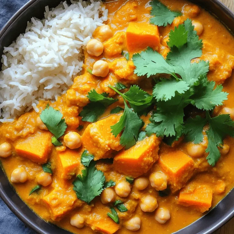 - 2 medium sweet potatoes, peeled and diced - 1 can (14 oz) coconut milk - 1 cup vegetable broth - 1 can (15 oz) chickpeas, drained and rinsed - 1 medium onion, chopped - 3 cloves garlic, minced - 1 tablespoon fresh ginger, grated - 2 tablespoons red curry paste - 1 teaspoon ground cumin - 1 teaspoon turmeric - 1 tablespoon soy sauce (or tamari for gluten-free) - 2 cups spinach, roughly chopped - 2 tablespoons olive oil - Salt and pepper to taste - Fresh cilantro for garnish Sweet potatoes are the star here. Their natural sweetness balances well with spices. Coconut milk adds creaminess and richness, making the curry smooth and delightful. Vegetable broth brings flavor and depth. Chickpeas add protein and make the dish hearty. The onion, garlic, and ginger give a strong base of flavor. Red curry paste is essential. It gives the dish warmth and a bit of heat. Cumin and turmeric add earthiness and color. Soy sauce enhances the umami taste. Olive oil is used for cooking, adding a nice richness. Spinach adds nutrients and a fresh touch. Lastly, fresh cilantro gives a bright finish, making the dish pop. Keep these ingredients ready, and you will create a tasty one-pot meal. 1. Sautéing the aromatics: Start by heating 2 tablespoons of olive oil in a large pot over medium heat. Add 1 chopped onion, 3 minced garlic cloves, and 1 tablespoon of grated ginger. Cook for about 5 minutes. The onion should look clear. 2. Mixing in the spices and curry paste: Next, stir in 2 tablespoons of red curry paste, 1 teaspoon of ground cumin, and 1 teaspoon of turmeric. Cook this mixture for 1 to 2 minutes. You want to smell the spices. 3. Adding sweet potatoes and liquids: Now, add 2 medium sweet potatoes that have been peeled and diced. Stir well to coat them with the spice mix. Pour in 1 can of coconut milk and 1 cup of vegetable broth. Mix everything together. 1. Simmering with chickpeas: Bring the mixture to a gentle simmer. After it starts bubbling, add 1 can of chickpeas that you have drained and rinsed. Add 1 tablespoon of soy sauce for flavor. Cover the pot and let it cook for 15 to 20 minutes. The sweet potatoes should become soft. 2. Incorporating spinach: After the sweet potatoes are tender, stir in 2 cups of roughly chopped spinach. Cook for an additional 2 to 3 minutes. The spinach should wilt nicely. 3. Final seasoning adjustment: Finally, take a moment to taste the curry. Add salt and pepper as needed. Adjust it to your liking. Remove the pot from heat and let it sit for a few minutes. To make the curry more flavorful, always start with fresh ingredients. Good quality coconut milk adds creaminess. Fresh ginger and garlic give a nice kick. Use bright spices like turmeric and cumin for depth. Seasoning is key in this dish. Add salt and pepper at the end to enhance taste. If you want it spicy, add more red curry paste. Always taste before serving. You can adjust spice levels to fit your taste. This curry pairs well with jasmine rice or warm naan. Both absorb the sauce nicely. For a pop of color, add fresh cilantro on top. Serve in deep bowls for a lovely presentation. You can also add lime wedges for a zesty touch. This gives a fresh burst to each bite. {{image_2}} You can switch up the vegetables in this dish. Try using carrots, bell peppers, or zucchini. Each adds a unique taste and texture. If you want more protein, consider adding tofu or chicken. Tofu gives a great plant-based option, while chicken adds a hearty element. For those needing dairy-free or gluten-free options, use tamari instead of soy sauce. This small change makes the dish safe for gluten-free diets. Coconut milk is already a great dairy-free option. To change the flavor profile, try adding spices like coriander or paprika. Fresh herbs, like basil or mint, can also brighten the dish. If you want a richer taste, use homemade curry paste. It can be made with fresh ingredients, giving you control over the flavor. These variations keep the essence of the dish while allowing you to enjoy different tastes. Don't hesitate to experiment and find what you love best! To keep your One Pot Sweet Potato Curry fresh, store it in an airtight container. Place it in the fridge if you plan to eat it within three days. For longer storage, you can freeze the curry. Use freezer-safe containers or bags to prevent freezer burn. This way, you can enjoy it later without losing flavor. When reheating, avoid the microwave if you can. Instead, use a pot on the stove. Heat it gently over low heat. Stir often to keep it from sticking. This method helps maintain the flavor and texture. If it seems thick, add a splash of vegetable broth or water. This keeps your curry creamy and delicious! Can I use other types of potatoes? Yes, you can use regular potatoes or even Yukon gold. They work well, but they may change the taste and texture. Sweet potatoes add a nice sweetness and creaminess that regular potatoes do not. How can I make this curry spicier? To add heat, you can add more red curry paste. You can also include chopped fresh chili peppers or a sprinkle of cayenne pepper. Start with a little and taste as you go. You can always add more spice later. Is this curry suitable for meal prep? Absolutely! This curry stores well in the fridge for up to four days. You can also freeze it for later. Just let it cool before you store it, and keep it in an airtight container. What can I serve with this curry? This curry pairs great with jasmine rice or naan bread. You can also add a side salad for some crunch. Fresh cilantro on top adds color and flavor. Enjoy it however you like! This blog post covered how to make a tasty one pot sweet potato curry. We explored the key ingredients you need, like sweet potatoes, chickpeas, and coconut milk. I shared step-by-step instructions for cooking and tips to make your curry even better. You can customize it with your favorite spices or veggies. Remember to store leftovers properly too. Now, you have all the tools you need to create a delicious, satisfying dish. Enjoy making this curry for your next meal!