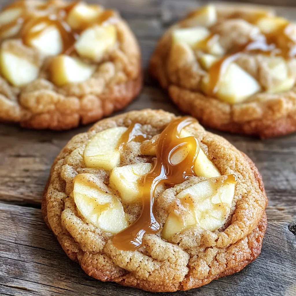 To create these scrumptious caramel apple cheesecake stuffed cookies, gather the following ingredients: - 1 cup unsalted butter, softened - 1 cup brown sugar, packed - 1/2 cup granulated sugar - 2 large eggs - 1 teaspoon vanilla extract - 2 1/2 cups all-purpose flour - 1 teaspoon baking soda - 1/2 teaspoon salt - 1 teaspoon ground cinnamon - 1 cup diced apples (preferably Granny Smith) - 1/2 cup cream cheese, softened - 1/4 cup powdered sugar - 1/4 cup caramel sauce (plus extra for drizzling) Each ingredient plays a role. The butter gives the cookie a rich flavor. The sugars add sweetness and help with texture. Eggs bind everything together. Vanilla adds a warm aroma. Flour forms the backbone of the dough. Baking soda makes the cookies rise. Salt enhances flavor. Cinnamon gives a hint of warmth, while diced apples add a fresh, fruity touch. Cream cheese, powdered sugar, and caramel sauce unite into a creamy filling that makes each bite heavenly. Using Granny Smith apples brings a tart contrast to the sweet filling. This balance makes the cookies more enjoyable. I always recommend using fresh, high-quality ingredients for the best flavor and texture. Happy baking! Start by preheating your oven to 350°F (175°C). Line two baking sheets with parchment paper. This step is key to prevent sticking. In a large bowl, cream together 1 cup of softened unsalted butter, 1 cup of brown sugar, and 1/2 cup of granulated sugar. Mix for about 3-4 minutes until light and fluffy. This helps create a soft cookie. Next, add 2 large eggs, one at a time. Then, mix in 1 teaspoon of vanilla extract until everything is well combined. In another bowl, whisk together 2 1/2 cups of all-purpose flour, 1 teaspoon of baking soda, 1/2 teaspoon of salt, and 1 teaspoon of ground cinnamon. Gradually add this dry mix to the wet ingredients. Stir until just combined. For the filling, take a new bowl and mix together 1/2 cup of softened cream cheese, 1/4 cup of powdered sugar, and 1/4 cup of caramel sauce. Blend until smooth. Finally, fold in 1 cup of diced apples. Granny Smith apples work best for a tart flavor. To assemble, scoop about 2 tablespoons of cookie dough. Flatten it in your palm. Place about 1 tablespoon of the cream cheese-apple filling in the center. Fold the dough around it, making a ball. Repeat this with the rest of the dough and filling. Place the stuffed cookie balls on the parchment-lined baking sheets. Space them about 2 inches apart. Bake for 12-15 minutes. Look for lightly golden edges and set centers. After baking, remove the cookies from the oven. Let them cool on the baking sheets for 5 minutes. Then, transfer them to a wire rack to cool completely. Once cooled, drizzle extra caramel sauce over the cookies for a sweet touch. Enjoy your tasty treats! To get the filling just right, start with softened cream cheese. This makes mixing easy. Add the powdered sugar and caramel sauce next. Stir until smooth. Then, fold in diced apples gently. Use Granny Smith apples for a nice tartness. This balance of flavors is key. Ensure the filling is well-mixed but still chunky. For soft and chewy cookies, be sure to cream the butter and sugars well. This step adds air and lightness. When mixing in dry ingredients, do not over-mix. Just blend until combined. The flour should not be fully smooth. This keeps your cookies from getting tough. Bake them until the edges are golden but the centers look soft. They will firm up as they cool. One big mistake is not chilling the dough. If it's too warm, it may spread too much. Another common error is using too much flour. Always measure with a light hand, spooning it into the cup. Lastly, don’t skip the cooling time. Letting cookies cool on the rack helps them set properly. Follow these tips for cookies that are a delight! {{image_2}} You can mix things up with different fillings. Try using peanut butter instead of cream cheese. This adds a nutty twist. You might also enjoy a chocolate ganache. It gives a rich, sweet taste. For a fruity option, blend in mashed bananas or berries. Each filling brings its own flavor. Feel free to explore what you love! Spices can change the whole cookie vibe. Instead of cinnamon, try nutmeg for warmth. Allspice can add a hint of spice and depth. If you want something fresh, use cardamom. Just a pinch can brighten the flavor. Experiment with your favorite spices to create unique tastes. You might find a new favorite! If you want to change the base, try oatmeal cookie dough. It adds texture and a wholesome feel. You can also use a chocolate chip cookie dough for a sweet surprise. For a healthier option, consider using almond flour dough. It helps keep the cookies gluten-free. There are many ways to tweak the dough for your taste! To keep your caramel apple cheesecake stuffed cookies fresh, store them in an airtight container. Place parchment paper between layers to avoid sticking. They can last up to a week at room temperature. If you want to keep them longer, consider refrigerating them. For long-term storage, these cookies freeze well. First, let them cool completely. Then, wrap each cookie in plastic wrap. Place the wrapped cookies in a freezer-safe bag. They will stay fresh for up to three months. When you're ready to enjoy, just thaw them in the fridge overnight. To reheat, preheat your oven to 350°F (175°C). Place the cookies on a baking sheet and heat for about 5-7 minutes. This helps restore their soft texture. For a quick fix, you can also warm them in the microwave for about 10-15 seconds. Enjoy the gooey filling! Yes, you can use different apples. Granny Smith apples are tart and work well. Fuji or Honeycrisp apples add more sweetness. Choose apples based on your taste. Look for lightly golden edges. The centers should be set but soft. A toothpick should come out clean when poked in the cookie, but it’s okay if some filling sticks. Yes, you can prepare the cookie dough ahead. Chill the dough in the fridge for up to 24 hours. Just scoop and bake when you're ready for fresh cookies! You can use a dairy-free cream cheese. Greek yogurt also works, but it may change the taste. Silken tofu blended until smooth is a great vegan option. Absolutely! Use a gluten-free all-purpose flour blend. Make sure it has xanthan gum for better texture. This way, you can enjoy these cookies gluten-free. These cookies are a delightful mix of flavors and textures. We covered all the main ingredients and steps to bake them. Remember to carefully assemble the filling and keep an eye on the baking time. Feel free to mix in alternative fillings or spices to make these cookies your own. Proper storage will keep them fresh for later enjoyment. Enjoy your baking and create sweet treats that everyone will love!