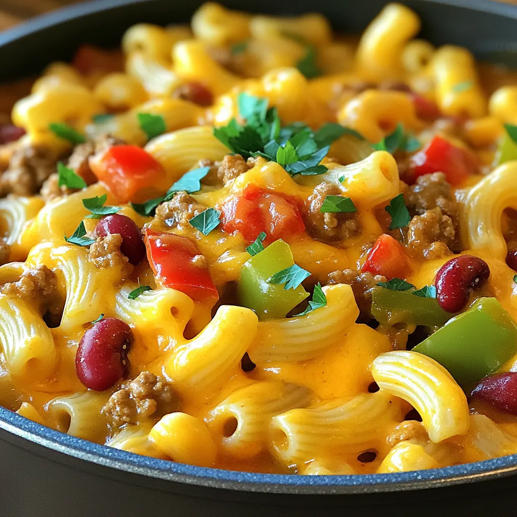 - 1 pound elbow macaroni - 1 tablespoon olive oil - 1 medium onion, diced - 2 cloves garlic, minced - 1 bell pepper (red or green), diced - 1 pound ground turkey or beef - 1 can (15 oz) kidney beans, drained and rinsed - 1 can (15 oz) diced tomatoes with green chilies - 2 cups chicken or vegetable broth - 1 tablespoon chili powder - 1 teaspoon cumin - 1 teaspoon smoked paprika - 1 cup heavy cream - 1 cup shredded cheddar cheese (plus more for topping) - Salt and pepper to taste - Chopped parsley or cilantro for garnish These ingredients create a rich and hearty dish. The elbow macaroni serves as the base, while the ground turkey or beef adds protein. You can choose turkey for a lighter option or beef for a richer taste. The diced tomatoes bring a nice acidity to balance the creaminess. If you can't find kidney beans, black beans work great too. The spices, like chili powder and cumin, give depth and warmth to the dish. Don't skip on the heavy cream and cheddar cheese; they make the chili mac creamy and delicious. You can top your chili mac with extra shredded cheese for a cheesy finish. Some people love adding sliced jalapeños for a spicy kick. You could also sprinkle crushed tortilla chips for crunch. Mix-ins can elevate the dish further. Consider adding corn for sweetness or diced zucchini for extra veggies. If you enjoy a smoky flavor, smoked sausage would be a tasty addition. These options let you personalize the dish to your taste. Enjoy experimenting! First, grab a large pot. Heat 1 tablespoon of olive oil over medium heat. Add 1 medium diced onion and 1 diced bell pepper. Sauté these for about 3-4 minutes. You want the onion to turn soft and see-through. Next, add 2 minced garlic cloves and cook for another minute. This step makes the dish smell amazing! Then, add 1 pound of ground turkey or beef. Cook until it turns brown. Break it up with your spoon as it cooks. If there is extra fat, drain it. Now, mix in 1 tablespoon of chili powder, 1 teaspoon of cumin, and 1 teaspoon of smoked paprika. Add salt and pepper to taste. Stir until the meat is coated with the spices. This will give it rich flavor. Pour in 2 cups of chicken or vegetable broth, then add 1 can of diced tomatoes with green chilies and 1 can of kidney beans. Stir everything together until well combined. Now, add 1 pound of elbow macaroni into the pot. Make sure it is fully covered by the liquid. Bring the pot to a boil. Once it boils, reduce the heat to low. Cover the pot and let it simmer for 10-12 minutes. Stir it occasionally. The macaroni should be cooked al dente, which means it has a little bite to it. After the macaroni is cooked, add 1 cup of heavy cream and 1 cup of shredded cheddar cheese. Stir until everything melts together and becomes creamy. Taste the chili mac and adjust the seasoning if needed. If it seems too thick, add a splash of broth to loosen it up. Serve it hot and top with extra cheddar cheese and chopped parsley or cilantro. Enjoy your creamy one-pot chili mac! You can make this dish even better by swapping some ingredients. Here are a few ideas: - Proteins: Use ground chicken or a plant-based meat for a lighter option. - Dairy: If you want less fat, try using half-and-half or a plant-based cream. Making a one-pot meal is fun and easy. Here are some tips to help you succeed: - Best Practices: Always heat the pot before adding oil. This helps the food cook evenly. - Prevent Sticking: Stir often while cooking. This keeps the pasta from sticking to the bottom. If you notice it starting to stick, add a bit more broth. {{image_2}} You can change the protein in your chili mac to fit your needs. For a vegetarian option, skip the meat. Use extra beans or lentils instead. These add protein and fiber. You can also try crumbled tofu or tempeh for a hearty texture. If you prefer meat, ground turkey or beef are great choices. Ground chicken works well too. For a twist, use chorizo for a spicy kick. Keep in mind, different meats may change the cooking time slightly. To adjust the flavors, play with the spices. If you want a milder taste, use less chili powder. You can add more cumin for earthiness. If you like a smoky flavor, increase the smoked paprika. For heat, try adding cayenne pepper or diced jalapeños. If you want it extra smoky, add some chipotle peppers in adobo sauce. Always taste as you go. This helps you find the right balance for your taste buds. To keep your Creamy One-Pot Chili Mac fresh, store it in the fridge. Use an airtight container. This way, it stays tasty for about three to four days. If you want to save it longer, freezing works great too. Just place the mac in a freezer-safe container. It can last for up to three months in the freezer. Be sure to label it with the date for easy tracking. Reheating is simple and quick. The best method is to use the stove. Add the Chili Mac to a pot and heat it over low. Stir often to keep it from sticking. You can also add a splash of broth or cream for extra moisture. This helps keep the texture creamy. If you use the microwave, heat it in short bursts. Stir between each burst to heat evenly. To boost the flavors, sprinkle in some extra cheese or spices while reheating. It brings the dish back to life, making it just as good as the first serving! I love using sharp cheddar cheese for this dish. It adds a rich flavor that balances the spices. You can also try pepper jack cheese for a little kick. Cream cheese can make it super creamy, too. Just remember to mix it in well when you add the heavy cream. Each cheese changes the taste, so feel free to experiment! Yes, you can use gluten-free pasta! Look for types made from rice or corn. They work well in this dish. Just check the cooking time, as gluten-free pasta may cook faster. Stir it often to keep it from sticking together. Add a little more broth if needed, since gluten-free pasta absorbs more liquid. Want to spice things up? You have options! Add diced jalapeños when you sauté the veggies. You can also sprinkle in some cayenne pepper or red pepper flakes while it simmers. For a smoky flavor, add chipotle powder. Taste as you go to get your perfect heat level. Enjoy the extra kick! This blog covered everything you need to make a creamy one-pot chili mac. We looked at key ingredients, optional add-ins, and step-by-step instructions. You learned tips to ensure perfect texture and flavor. We also discussed ingredient swaps and flavorful variations. Finally, I shared storage tips and answers to common questions. Now, you have the tools to create your perfect dish. Get cooking and enjoy every bite!