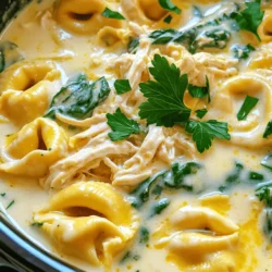 - 1 lb boneless, skinless chicken breasts - 2 cups chicken broth - 1 cup heavy cream - 1 cup grated Parmesan cheese - 9 oz cheese tortellini (fresh or frozen) - 2 cups spinach (fresh or frozen) The chicken breasts form the heart of this dish. They soak up all the flavors. The chicken broth keeps it juicy and tender. Creamy elements like heavy cream and Parmesan cheese add richness. Tortellini gives you that comforting bite. Spinach adds color and nutrition. - 1 teaspoon Italian seasoning - 1/2 teaspoon black pepper - Fresh parsley, chopped Italian seasoning brings warmth and depth. Black pepper adds a slight kick. Fresh parsley brightens the dish and makes it inviting. These simple seasonings enhance the overall flavor without overpowering. - Slow cooker (at least 4-quart capacity) - Measuring cups and spoons - Forks for shredding Your slow cooker should be large enough for all the ingredients. It ensures even cooking and great taste. Measuring cups help you get the right amounts. Shredding the chicken requires two forks, which makes it easy and quick. Start by placing the chicken breasts in your slow cooker. Pour in 2 cups of chicken broth to keep it moist. Add 2 cloves of minced garlic, 2 tablespoons of butter, 1 teaspoon of Italian seasoning, and 1/2 teaspoon of black pepper. Stir everything together to mix the flavors well. Cover the slow cooker and set it to cook. You can choose to cook on low for 6 hours or on high for 3 hours. This allows the chicken to become tender and fully cooked. Once the time is up, take the chicken out and shred it using two forks. Return the shredded chicken back into the slow cooker for more flavor. Now, it's time to make it creamy! Stir in 1 cup of heavy cream and 1 cup of grated Parmesan cheese until you see it blend nicely. Next, add 9 ounces of cheese tortellini and mix it into the sauce. Let it cook for another 30 minutes on low. If you use frozen spinach, add it in the last 10 minutes. For fresh spinach, stir it in right before serving. This will help it wilt and keep its bright color. Taste the dish and adjust the seasoning if needed. Serve hot, garnished with chopped fresh parsley for a touch of freshness. To get the best taste, adjust the seasoning to your liking. You can add more black pepper or Italian seasoning for a stronger flavor. Taste your dish as it cooks. This way, you can add just what it needs. Choosing the right tortellini also matters. Fresh tortellini gives a soft texture, while frozen is quick and easy. Both work well in this dish. Just pick the one you prefer. Slow cooking chicken is a great way to keep it juicy. The chicken absorbs all the flavors from the broth and spices. This makes it tender and tasty. To avoid overcooking tortellini, add it later in the cooking process. Let it cook for just 30 minutes on low. This way, it stays firm and doesn't get mushy. Garnishing can make your dish look even better. Use fresh parsley on top for color and a fresh taste. You can also sprinkle more Parmesan cheese for a cheesy finish. When serving, use a large bowl or plate. This helps show off the creamy sauce and colorful spinach. A good presentation makes the meal more inviting. {{image_2}} You can easily swap out chicken for turkey. This change gives a leaner option. Turkey adds a nice twist to the dish. If you want a gluten-free meal, use gluten-free tortellini. This way, everyone can enjoy the meal. You can also try different cheeses like goat cheese or mozzarella. Just remember to adjust the flavors as you go. Adding veggies can boost flavor and nutrition. Bell peppers and mushrooms work well here. They add color and taste. You can also try different sauces. A pesto sauce or a marinara sauce could give a unique twist. Mixing in herbs like basil or oregano can elevate the dish, too. Experiment with what you love most. If you need to speed things up, try an Instant Pot. It cooks the dish much faster. You can make this meal in about 30 minutes. Just follow the same steps but adjust the cooking time. You can also use a stove-top method if you prefer. Just cook the chicken in a pan, and then add everything else. This method provides more control over cooking. To keep your Slow Cooker Chicken Alfredo Tortellini fresh, store it in an airtight container. Make sure it cools down to room temperature first. This dish lasts about 3 to 4 days in the fridge. Always check for any signs of spoilage before eating. You can freeze this dish for later enjoyment. Portion it into freezer-safe containers. It is best to freeze it without the spinach. The dish can last up to 3 months in the freezer. When you are ready to eat, thaw it in the fridge overnight. Reheat it on the stovetop or in the microwave until it is hot throughout. For easy meal prep, divide the dish into individual servings. Store each serving in a separate container. Pair it with a side salad or some garlic bread for a balanced meal. This way, you can enjoy a quick and satisfying lunch or dinner throughout the week. You can make Alfredo sauce at home easily. Start with butter, garlic, and cream. Here’s a simple way: - Melt 2 tablespoons of butter in a pan. - Add 2 cloves of minced garlic and cook for 1 minute. - Pour in 1 cup of heavy cream and stir. - Add 1 cup of grated Parmesan cheese and mix until smooth. This method gives you a fresh and rich sauce. You can also add fresh herbs for extra flavor. Homemade sauce tastes great and is simple to prepare. Yes, you can use frozen chicken in this recipe. It is safe to cook frozen chicken in a slow cooker. However, ensure the chicken cooks thoroughly. Here are some tips: - Increase cooking time by 1 to 2 hours. - Check the chicken’s internal temperature. It should reach 165°F (75°C). - Thawing before cooking is better for even cooking. Frozen chicken can still taste great, but fresh chicken offers better texture. You have many tasty options to serve with this dish. Here are some side dish ideas: - Garlic bread: Perfect for dipping in the creamy sauce. - Salad: A fresh green salad adds a nice crunch. - Steamed vegetables: Broccoli or green beans work well. - Roasted vegetables: Carrots and zucchini make great pairings. These sides complement the rich flavors of the tortellini and make your meal more balanced. Enjoy experimenting with different pairings! This blog post covered how to make Slow Cooker Chicken Alfredo Tortellini. You learned about the main ingredients, seasonings, and cooking essentials. I shared step-by-step instructions for preparing, cooking, and finalizing the dish. You found tips to perfect the flavor and how to store leftovers. I also suggested ingredient swaps and cooking methods. I hope you feel ready to try this tasty recipe. Enjoy experimenting and making it your own!