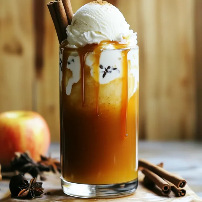 To make a spiced apple cider float, you need fresh and flavorful ingredients. Here’s a detailed list to get you started: - 4 cups apple cider: Use a high-quality brand for the best taste. Look for cider that is not from concentrate. - 1 cinnamon stick: This adds warm spice notes. Try using Ceylon cinnamon for a subtle flavor. - 4 whole cloves: Cloves provide a deep, aromatic kick. Make sure they are fresh for the best flavor. - 2 star anise pods: These add a unique licorice-like taste. They are great for balance in the cider. - 1 tablespoon brown sugar: This helps to enhance the sweetness. Dark brown sugar works well for a richer flavor. - 1 cup vanilla ice cream: Use a creamy brand to complement the spices. You can also try homemade ice cream for a special touch. - Whipped cream for topping: This adds a light, fluffy texture to the drink. - Optional: caramel sauce for drizzling: This adds sweetness and richness. Look for a natural brand without additives. These ingredients come together to create a warm, cozy drink that feels festive and delicious. To make the spiced apple cider, start with your apple cider in a saucepan. Pour in 4 cups of apple cider. Add one cinnamon stick, four whole cloves, and two star anise pods. Don’t forget the one tablespoon of brown sugar. Next, heat the mixture over medium heat. Stir it gently until it starts to simmer. This will take just a few minutes. Once it simmers, reduce the heat to low. Let it steep for about 10 to 15 minutes. This step helps the spices infuse their flavors into the cider. After steeping, remove the pan from the heat. You will need to strain the cider to remove the spices. This leaves you with a smooth, spiced cider. Now, we move on to assembling your float. Grab a tall glass and scoop in a generous amount of vanilla ice cream. You want enough to create a nice layer at the bottom. Next, slowly pour the warm spiced apple cider over the ice cream. The warm cider will float on top. Watch the magic happen as the ice cream starts to melt into the cider! The last step is adding the finishing touches. Top your float with a dollop of whipped cream. This adds a creamy texture and a bit of sweetness. If you like, drizzle some caramel sauce on top. This adds a nice sweet kick and makes your float look extra special. Enjoy your cozy treat! To make your spiced apple cider float shine, focus on the flavors. Here are some easy ways to infuse flavors in the cider: - Use fresh spices: Fresh spices give a stronger taste. Whole spices work best for this recipe. - Simmer for longer: Let the cider simmer for 15 minutes. This brings out the spice flavors well. - Mix in brown sugar: This adds a sweet touch that balances the spices. The ideal temperature for serving is warm but not hot. Serve it right after making. This keeps the ice cream from melting too fast. Avoid letting spices overpower your cider. Here’s how to keep the balance: - Use the right amount: Stick to the recipe. Too many spices can make the drink bitter. - Strain well: After steeping, strain out the spices. This leaves a smooth drink. It’s important to serve the float immediately. If you wait too long, the ice cream will melt. This can make your drink watery and less fun. Enjoy it fresh for the best taste! {{image_2}} You can easily switch up the flavor of your Spiced Apple Cider Float. Try using different kinds of ice cream. Caramel ice cream adds a rich, sweet taste. Pumpkin ice cream brings in a fall vibe that pairs well with the spices. You can also play with the spices. Nutmeg gives a warm, nutty flavor. Ginger adds a nice zing. You can mix and match spices based on what you like. This way, each float can taste unique and fun! If you want a non-dairy or vegan float, you can use dairy-free ice cream. Coconut or almond milk ice creams work great. They give a creamy texture while keeping it vegan-friendly. For the cider, you can still make it spiced and tasty. Just follow the same steps. Make sure to check the labels on your ice cream to ensure they are dairy-free. Enjoying a Spiced Apple Cider Float can be delicious for everyone! To store leftover spiced cider, place it in an airtight container. Make sure to cool it to room temperature first. Once cooled, put it in the fridge. This cider will taste best when used within three days. After that, the flavors may fade a bit. Always check for any off smells before use. When you want to enjoy your cider again, you can reheat it easily. Pour the cider into a saucepan and warm it over low heat. Stir it gently to avoid burning. You can also microwave it in a safe bowl for about one to two minutes, stirring halfway through. To keep the flavor strong, avoid boiling the cider. Just warm it until it is hot but not bubbling. This way, you can enjoy that cozy taste all over again! You can prep parts ahead for this treat. Make the spiced apple cider first. Store it in the fridge after it cools. You can keep it for up to three days. When you want to serve, just heat it again. For the ice cream, scoop it into cups and freeze. This way, it stays firm. When ready to enjoy, combine the warm cider and ice cream. This keeps the ice cream from melting too fast. Yes, you can use store-bought apple cider. Look for brands with no added sugars or artificial flavors. A natural apple flavor makes the best taste. Local apple cider is often fresh and tasty. Brands like Martinelli's or Simply Apple are good choices. They provide a great base for your float. If you run out of spices, don’t worry! Here are some easy swaps: - Cinnamon stick: Use 1/2 teaspoon of ground cinnamon. - Cloves: Replace with allspice or nutmeg, using less than 1/4 teaspoon. - Star anise: You can skip it or use a pinch of anise extract. These substitutes will still give you a warm and cozy flavor! You've learned how to make a delightful spiced apple cider float. We covered the ingredients, steps, storage tips, and even variations for your float. Remember, infusing the cider with spices is key for great flavor. Customize it with your favorite toppings and ice cream. Avoid common mistakes to ensure the best taste. Whether you go for a classic or a vegan option, this drink is fun to make. Enjoy every sip and share it with friends for a cozy treat.