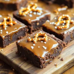- 1 cup unsalted butter (2 sticks): Use high-quality butter for rich flavor. - 2 cups granulated sugar: This sweetens the brownies and gives them a nice crust. - 4 large eggs: Eggs bind the ingredients together and add moisture. - 1 teaspoon vanilla extract: This adds depth and sweetness to the batter. - 1 cup all-purpose flour: This gives structure to the brownies. - 1 cup cocoa powder: Choose unsweetened cocoa for deep chocolate flavor. - 1/2 teaspoon baking powder: This helps the brownies rise slightly. - 1/2 teaspoon salt: Salt balances the sweetness and enhances flavor. - 1 cup pretzel pieces, roughly crushed: These add crunch and a salty bite. - 1 cup caramel sauce: Go for store-bought or homemade, depending on your time. - 1/2 teaspoon sea salt (for topping): This adds a salty finish to each bite. When choosing butter, pick unsalted for best control of flavor. Use fresh eggs for the best rise. The quality of cocoa powder matters, as it impacts the chocolate taste. - Egg substitutions: Use applesauce or mashed bananas if you want a vegan option. - Flour alternatives: Almond flour or gluten-free blends work well for gluten-free diets. - Caramel options: Use a quick microwave caramel if you want a homemade touch without the fuss. For extra flavor, consider adding: - Chocolate chips: These can enhance the chocolate flavor. - Nuts: Chopped walnuts or pecans add a nice crunch and flavor contrast. Tailoring these ingredients can make your brownies fit your needs while keeping them delicious. Start by melting 1 cup of unsalted butter in a medium saucepan over low heat. This helps the butter blend smoothly. Once melted, remove the pan from heat. Stir in 2 cups of granulated sugar until the mixture is smooth and shiny. Next, add 4 large eggs, one at a time. Mix well after each egg to keep the batter light. Then, add 1 teaspoon of vanilla extract for flavor. In a separate bowl, whisk together 1 cup of all-purpose flour, 1 cup of cocoa powder, 1/2 teaspoon of baking powder, and 1/2 teaspoon of salt. Mixing these dry ingredients separately helps to avoid clumps. Gradually add the dry mix to the wet ingredients. Stir until just combined. Overmixing can make your brownies tough. Finally, fold in 1 cup of roughly crushed pretzel pieces, ensuring they spread evenly. Pour half of the brownie batter into a greased 9x13 inch baking pan. Spread it evenly. Then, drizzle half of the 1 cup of caramel sauce over the batter. This adds a sweet layer. Next, add the rest of the brownie batter on top, spreading it gently. Drizzle the remaining caramel sauce over the top. To create a beautiful marbled effect, use a knife to gently swirl the caramel into the brownie batter. This technique adds a nice touch and enhances flavor. Bake the brownies in a preheated oven at 350°F (175°C) for about 25-30 minutes. To check for doneness, insert a toothpick into the center. It should come out mostly clean. If it has wet batter, give it a few more minutes. Once baked, allow the brownies to cool in the pan for at least 20 minutes. This cooling time helps them set. After cooling, cut them into squares for serving. Enjoy your delicious salted caramel pretzel brownies! To get the sweet and salty mix just right, sprinkle a little sea salt on top before baking. Use about 1/4 teaspoon before the brownies go in the oven. After baking, add a bit more salt to bring out the flavors. This makes each bite pop with taste! While mixing, taste a small bit of the batter. You can adjust the salt if needed. This helps you find the perfect flavor for your taste buds. Just remember, the salt should enhance the sweetness, not overwhelm it. The texture of your brownies is key. To avoid overmixing, mix the batter just until you see no flour. Overmixing can lead to tough brownies. You want them soft and chewy. Use the toothpick test to check if they’re done. Insert a toothpick into the center. If it comes out with a few moist crumbs, they’re ready. If it’s wet with batter, bake them a little longer. This simple test ensures you get that perfect brownie texture every time. {{image_2}} If you want to make these brownies gluten-free, swap the all-purpose flour for a gluten-free blend. This keeps the texture light and chewy. For those who prefer vegan options, you can replace the eggs with flaxseed meal or applesauce. Use vegan butter and a plant-based caramel for a tasty treat. To lower the sugar, try using a sugar substitute like stevia or monk fruit. You can also reduce the granulated sugar by one-third without harming the flavor. The caramel sauce can be made with less sugar too, using natural sweeteners. Adding flavors can make these brownies even more exciting. For a nutty twist, mix in some peanut butter. Swirl a few tablespoons into the batter before baking. This gives a rich taste that pairs well with the caramel. You can also add espresso powder for a coffee flavor. Just one teaspoon can enhance the chocolate notes without making it taste like coffee. For a layered brownie, try mixing in different ingredients. You can add chocolate chips or nuts between the brownie layers for a fun surprise. This creates a blend of textures and flavors that everyone will love. To keep your salted caramel pretzel brownies fresh, store them right. For short-term storage, place brownies in an airtight container at room temperature. They will stay good for about three days. If you want them to last longer, use the fridge. The cool air helps keep them fresh for a week. Just remember, the colder they get, the firmer they become. If you want to freeze brownies, follow these steps: 1. Allow the brownies to cool completely after baking. 2. Cut them into squares for easy serving. 3. Wrap each piece tightly in plastic wrap. This keeps them from drying out. 4. Place all wrapped pieces in a freezer-safe bag or container. 5. Label the bag with the date. Brownies will last for about three months in the freezer. When you're ready to enjoy them, just take out the desired amount. No need to thaw overnight; you can eat them frozen or let them sit at room temperature for about 30 minutes. To reheat brownies, use the oven for best results. Preheat your oven to 350°F (175°C). Place the brownies on a baking sheet. Heat for about 10 minutes. This warms them without making them dry. If you want a quick way, use the microwave. Heat in 10-second bursts until warm. Just be careful not to overheat them, as that can make them tough. You can tell your brownies are done by looking for a few signs. First, the edges should look set and slightly pull away from the pan. The top should have a shiny finish. You can also gently press the center; it should feel firm but not jiggly. Besides the toothpick test, which should come out mostly clean, watch for these visual cues to judge doneness. Yes, you can use homemade caramel sauce! Making it at home can give a fresher taste and allow you to control the sweetness. However, it can be tricky to get just right. Store-bought caramel is quick and reliable, saving you time. If you're short on time, go for store-bought. If you have some extra minutes, homemade can add a personal touch. Store your brownies in an airtight container at room temperature. They can last about 3-4 days. For longer storage, place them in the fridge for up to a week. If you want to keep them even longer, you can freeze them. Wrap each brownie individually in plastic wrap and place them in a freezer bag. They can last up to 3 months this way. When ready, just thaw them at room temperature before enjoying! In this blog post, we explored how to make delicious salted caramel pretzel brownies. We covered key ingredients, helpful tips for perfect texture, and popular variations to suit different diets. Understanding the balance of sweet and salty is crucial. Remember to check for doneness and store your brownies properly. Baking is a rewarding journey. With these insights, you can enjoy tasty brownies every time. Try the recipe, and let your creativity shine!