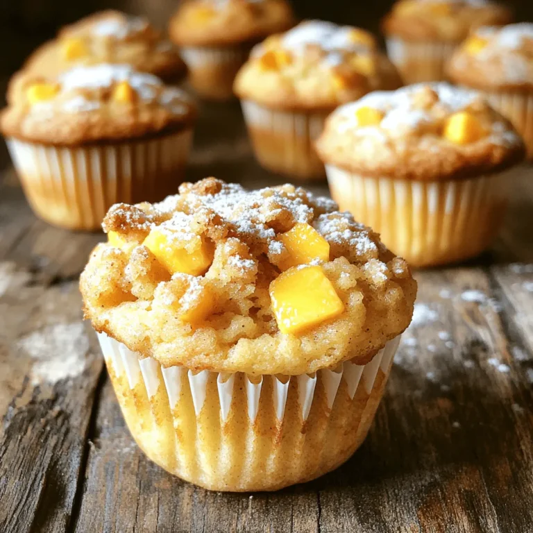- Dry Ingredients - 1 ½ cups all-purpose flour - 1 teaspoon baking powder - ½ teaspoon baking soda - ½ teaspoon salt - 1 teaspoon ground cinnamon - Wet Ingredients - ¾ cup granulated sugar - ½ cup brown sugar, packed - ½ cup unsalted butter, melted - 2 large eggs - ½ cup buttermilk - 1 teaspoon vanilla extract - 1 cup ripe peaches, diced (fresh or canned) - Streusel Topping Ingredients - ½ cup all-purpose flour - ¼ cup brown sugar, packed - ¼ cup rolled oats - ¼ cup unsalted butter, cold and cubed - 1 teaspoon ground cinnamon Gather these items before you start baking. Fresh peaches make these muffins taste great. If you have canned peaches, they work too. Make sure the butter is melted for the batter. The streusel topping needs cold butter for the right texture. Each ingredient plays a key role in making these muffins scrumptious. The sugars add sweetness, while the spices bring warmth. Enjoy the process of mixing and baking. It’s a fun way to make your kitchen smell amazing! First, you need to get your oven ready. Preheat it to 350°F (175°C). While it warms up, grab your muffin tin. You can line it with muffin liners or use cooking spray to grease it. This helps keep the muffins from sticking. Now, let’s make the wet mix. In a large bowl, whisk together ½ cup of melted unsalted butter and ¾ cup of granulated sugar until it blends well. Next, add ½ cup of packed brown sugar and mix until smooth. Then, crack in 2 large eggs one at a time. After the eggs, pour in ½ cup of buttermilk and 1 teaspoon of vanilla extract. Mix until everything is well combined. In a separate bowl, combine 1 ½ cups of all-purpose flour, 1 teaspoon of baking powder, ½ teaspoon of baking soda, ½ teaspoon of salt, and 1 teaspoon of ground cinnamon. Gradually add this dry mix into your wet ingredients. Stir gently until just combined. Be careful not to overmix. Finally, fold in 1 cup of diced ripe peaches. Make sure they are evenly spread in the batter. For the tasty streusel, take a small bowl. Combine ½ cup of all-purpose flour, ¼ cup of packed brown sugar, ¼ cup of rolled oats, and 1 teaspoon of ground cinnamon. Cut in ¼ cup of cold, cubed unsalted butter. Use a fork or pastry cutter to mix until it looks like coarse crumbs. Now for the fun part! Divide your muffin batter evenly into the prepared muffin tin. Fill each cup about 2/3 full. Then, sprinkle the streusel topping generously on each muffin. Place the tin in the oven and bake for 18-20 minutes. To check if they’re ready, insert a toothpick in the center. It should come out clean. Once they’re done, let the muffins cool in the pan for about 5 minutes. After that, transfer them to a wire rack to cool completely. For a special touch, serve these muffins warm with a light dusting of powdered sugar. Pair them with a cup of coffee or tea for a perfect treat! Pick ripe peaches for the best flavor. Look for peaches that are soft but not mushy. A sweet aroma is a good sign too. If you can't find fresh peaches, canned ones work well. Just make sure they are in juice, not syrup. Store fresh peaches at room temperature until they are ripe. Once ripe, keep them in the fridge. This helps them last longer. If you have leftover muffins, store them in an airtight container. They stay fresh for about 3 days at room temperature. Mix your wet and dry ingredients gently. Overmixing can make the muffins tough. Fill each muffin cup about two-thirds full. This allows room for rising. Check for doneness by inserting a toothpick. If it comes out clean, your muffins are ready! {{image_2}} You can make these muffins gluten-free. Use a 1:1 gluten-free flour blend. This blend often has a mix of rice flour, potato starch, and tapioca flour. It helps keep the muffins light and fluffy. Make sure to also add a bit of xanthan gum if your blend doesn't have it. This gum helps mimic the elasticity found in wheat flour. Peach Streusel Muffins are tasty, but feel free to switch up the fruit. Here are some great options: - Ripe bananas: Mash them into the batter for sweetness. - Blueberries: Fold in fresh or frozen blueberries for a pop of color. - Apples: Dice them up and mix them in for a crunchy texture. - Cherries: Pitted and halved cherries add a tart flavor. You can mix and match fruits to find your favorite combo! Personalize your muffins with fun flavor additions. Here are some ideas: - Nuts: Add chopped walnuts or pecans for crunch. - Spices: Try nutmeg or ginger for added warmth. - Citrus: A bit of orange or lemon zest brightens the flavor. - Chocolate chips: Fold in some dark chocolate chips for a sweet treat. These additions make the muffins even more special and tasty! To keep your muffins fresh, place them in an airtight container. This helps prevent them from drying out. Store them at room temperature for up to three days. If you want them to last longer, refrigeration is an option. However, it may change the texture slightly. If you want to save some for later, freezing is the best choice. First, let the muffins cool completely. Then, wrap each muffin in plastic wrap. Place them in a freezer-safe bag or container. This way, they can last up to three months in the freezer. When you're ready to eat one, just thaw it at room temperature. To enjoy your muffins warm, you can reheat them easily. If they are at room temperature, pop them in the microwave for about 10 to 15 seconds. For frozen muffins, microwave them for 30 seconds to one minute. You can also reheat them in the oven. Preheat the oven to 350°F (175°C) and warm the muffins for about 5 to 10 minutes. Enjoy them warm for the best taste! Yes, you can use frozen peaches in this recipe. Just make sure to thaw and drain them first. This helps keep the batter from getting too wet. Frozen peaches may be softer, but they still taste great! To check if your muffins are done, insert a toothpick into the center of one. If it comes out clean, your muffins are ready. They should also look golden brown on top. Yes, you can replace buttermilk with regular milk. Add one teaspoon of vinegar or lemon juice to the milk to make a quick substitute. Let it sit for five minutes before using. You can add a dusting of powdered sugar for sweetness. A drizzle of honey or maple syrup works well too. Chopped nuts or a dollop of yogurt adds a nice crunch and creaminess. These muffins stay fresh for about three days at room temperature. Store them in an airtight container to keep them moist. If you want them to last longer, consider freezing them. We explored the key steps to making delicious Peach Streusel Muffins. We covered ingredients, mixing, and tips for baking the best muffins. Remember to choose ripe peaches and store leftovers correctly. You can even try different fruits or make gluten-free versions. These muffins are a tasty treat any time of year. I hope you enjoy baking and sharing these muffins with friends and family. Happy baking!