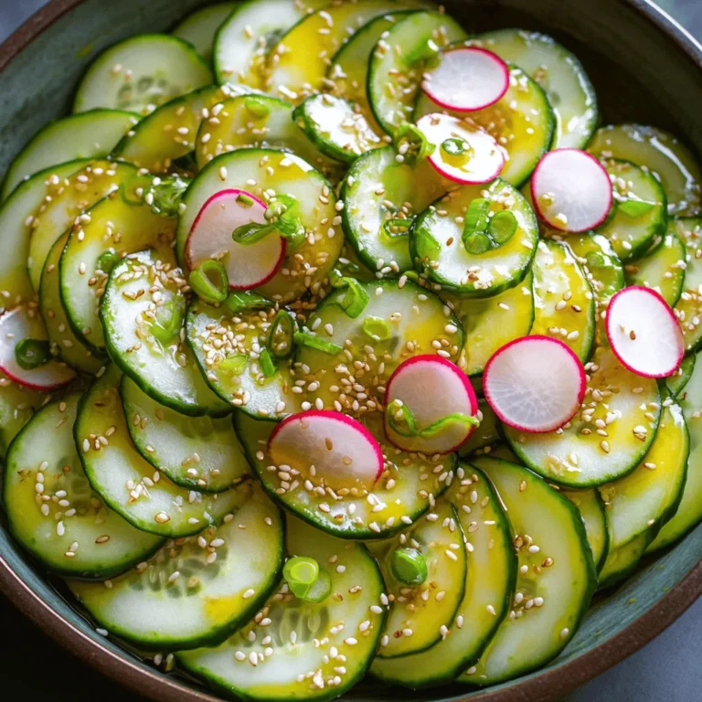 - 2 large cucumbers - 1/4 cup soy sauce - 2 tablespoons rice vinegar - 2 tablespoons sesame oil - 1 tablespoon honey or agave syrup - 1 teaspoon fresh ginger, grated - 1/4 cup green onions, chopped - 1/2 teaspoon red pepper flakes (optional for heat) - Salt and pepper, to taste - Additional vegetables - Herbs for garnish - Protein additions Let's dive into the ingredients you'll need for this Asian Sesame Cucumber Salad. First, grab two large cucumbers. They should be firm and fresh for the best crunch. Next, get 1/4 cup of soy sauce. This adds a rich umami flavor. You will also need 2 tablespoons of rice vinegar for some tanginess. Sesame oil, with its nutty taste, is key too; you need 2 tablespoons of it. For sweetness, use either honey or agave syrup. You only need 1 tablespoon of this. Fresh ginger adds a nice kick; you'll want 1 teaspoon of it, grated. Don't forget the green onions! You’ll need 1/4 cup, chopped. If you like a bit of heat, add 1/2 teaspoon of red pepper flakes. Finally, season with salt and pepper to taste. If you want to enhance the flavor even more, consider adding more veggies or herbs for garnish. You can also toss in some protein like tofu or grilled chicken for a heartier dish. This salad is great for a light meal or as a side dish. Start by washing the cucumbers under cold water. This removes dirt and any chemicals. Next, slice the cucumbers thinly. Thin slices let the dressing soak in better. You can peel the cucumbers if you want a softer bite. Leaving the skin on adds crunch and color. In a large bowl, whisk together the soy sauce, rice vinegar, and sesame oil. This mix gives the salad its savory flavor. Add in honey or agave syrup for a touch of sweetness. Grate fresh ginger and mix it in. The ginger adds a nice kick. Now, toss the sliced cucumbers into the bowl with the dressing. Make sure each piece is coated well. Next, sprinkle in sesame seeds and chopped green onions. If you like some heat, add red pepper flakes too. Gently mix everything again, so it all blends nicely. Let the salad sit for at least 15 minutes. This helps the flavors mix together. For the best taste, refrigerate it for 30 minutes before serving. Chilling the salad makes it refreshing. When you’re ready to serve, give it a quick toss to mix the dressing again. - Slicing techniques for cucumbers: Use a sharp knife to slice cucumbers thin. Thin slices help the cucumbers soak up the dressing. You can use a mandoline for even slices. This method gives you a uniform look and texture. If you prefer a crunchier salad, keep the skin on. The skin adds texture and color. - Balancing flavors: The key to this salad is balance. The soy sauce brings saltiness. The rice vinegar adds tang. Honey or agave syrup gives sweetness. Grated ginger adds warmth. Adjust these flavors to your taste. If you want more spice, add more red pepper flakes. Taste as you go to find your perfect mix. - Presentation ideas: Serve the salad in a large, shallow bowl. This makes it easy to see the vibrant colors. Garnish with extra sesame seeds and cucumber slices. Adding thinly sliced radishes adds color and crunch. A sprinkle of fresh herbs can enhance the look as well. - Pairing with other dishes: This salad pairs well with grilled meats, rice dishes, or stir-fries. It is a great side for Asian-inspired meals. You can also serve it with tacos for a fresh twist. The crisp cucumbers complement rich dishes nicely. - Alternatives to soy sauce: If you need a gluten-free option, use tamari or coconut aminos. These alternatives provide a similar flavor without gluten. For a lighter option, try low-sodium soy sauce. - Sweetener options: If you want a different sweetener, maple syrup works well. You can also use agave syrup if you prefer. For a sugar-free option, consider a sugar substitute like stevia. {{image_2}} To give your salad a kick, try making it spicy. You can do this in two simple ways: - Adding more red pepper flakes: Just sprinkle in a bit more if you love heat. Start with an extra 1/4 teaspoon and adjust to your taste. This small change can add a nice zing. - Incorporating chili oil: Drizzle a little chili oil over the salad. This will boost the spice and add a deep flavor. Start with a teaspoon and add more if needed. You can also mix things up by adding more ingredients. Here are some ideas to enhance your salad: - Suggestions for proteins: Add diced tofu or grilled chicken for a protein boost. This makes the salad heartier and more filling. - Adding different veggies: Carrots and radishes can add color and crunch. Thinly slice them and toss them in with the cucumbers. If you have dietary needs, you can still enjoy this salad. Here’s how: - Adjusting ingredients to fit dietary needs: Use gluten-free soy sauce for a gluten-free version. For a vegan option, swap honey for agave syrup. This way, everyone can enjoy this tasty dish. To keep your Asian sesame cucumber salad fresh, store it in an airtight container. This helps lock in flavors. Place the salad in the fridge right after serving. If you have extra dressing, store it separately. This prevents the cucumbers from getting soggy. To keep them crunchy, add the dressing just before serving. Your salad will stay fresh for about 2 to 3 days in the fridge. After that, the cucumbers may lose their crunch. Look for signs that the salad has gone bad. If you see any water pooling at the bottom of the container, it’s best to throw it away. If it smells off or looks slimy, do not eat it. Freshness is key for the best taste! Let the salad sit for at least 15 minutes. This lets the flavors mix well. If you have time, it's even better to chill it for 30 minutes. The cold makes it taste fresher and more vibrant. Yes, you can make this salad ahead of time. It stays tasty for a few hours in the fridge. Just remember, the cucumbers can get soft if they sit too long. For best results, serve within a few hours of making it. If you have leftover dressing, store it in a sealed jar. Keep it in the fridge for about a week. You can use it on other salads or as a dip. It adds great flavor to many dishes! Yes, this salad is great for meal prep! Just keep the dressing separate until you are ready to eat. This keeps the cucumbers crunchy and fresh. You can enjoy it throughout the week with your meals. Absolutely! You can use any cucumber you like. English cucumbers are great for this salad. They are sweet and have fewer seeds. You can also try Persian cucumbers for a similar taste and crunch. In this article, I shared how to create a fresh, tasty cucumber salad using simple ingredients. We discussed the preparation steps, from slicing cucumbers to making the dressing. I also gave tips for enhancing flavor and serving ideas. Remember, you can adjust ingredients based on your needs. Whether you prefer spicy or mild, this salad fits many tastes. Enjoy the crunch and fresh flavors in every bite. This easy recipe brings joy to any meal, so get started and impress your guests!