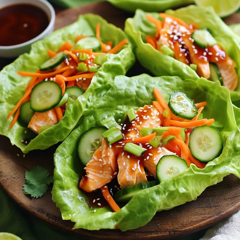 - 2 salmon fillets (about 6 oz each) - 1/4 cup teriyaki sauce - 1 tablespoon sesame oil - 1 head of butter or romaine lettuce, leaves separated - 1 cup shredded carrots - 1/2 cup cucumber, thinly sliced - 1 teaspoon fresh ginger, grated - 1/2 teaspoon garlic powder - 2 green onions, sliced (for garnish) - 1 tablespoon sesame seeds (for garnish) In this recipe, I use salmon fillets for a rich flavor. The teriyaki sauce adds a sweet touch. Sesame oil gives a lovely nutty taste. For the wraps, I prefer butter lettuce. It’s tender and holds the filling well. The shredded carrots add crunch, and cucumber gives freshness. Fresh ginger and garlic powder bring depth to the dish. Green onions and sesame seeds are the perfect finishing touches. They add color and enhance the taste. This combination makes the wraps vibrant and full of flavor. Enjoy crafting these delicious wraps with these fresh ingredients! To start, I gather my teriyaki sauce ingredients. I mix together 1/4 cup teriyaki sauce, 1 tablespoon sesame oil, 1 teaspoon fresh grated ginger, and 1/2 teaspoon garlic powder in a bowl. This blend adds depth to the salmon. Next, I place the salmon fillets in the marinade and coat them well. I let them sit for 10 minutes. This short marinating time enhances the flavor without overpowering the fish. While the salmon marinates, I preheat my non-stick skillet over medium heat. Once hot, I remove the salmon from the marinade but save the liquid. I place the fillets in the skillet and cook them for 4-5 minutes on each side. I know the salmon is done when it flakes easily with a fork and has a nice pink color inside. After cooking, I pour the reserved marinade into the skillet. I let it simmer for about 1-2 minutes until it thickens slightly. While the salmon cooks, I prepare the lettuce. I rinse the leaves under cold water and pat them dry. These leaves will be my wraps. Once the salmon is ready, I flake it into bite-sized pieces. I take a lettuce leaf and add a generous scoop of flaked salmon in the center. I then pile on some shredded carrots and a few cucumber slices. For the finishing touch, I garnish each wrap with sliced green onions and sprinkle sesame seeds for extra crunch and flavor. To check if your salmon is done, look for color changes. The salmon should be opaque and flake easily with a fork. A good rule is to cook it for about 4-5 minutes on each side. If it's still pink in the center, give it more time. Avoiding overcooking is key. Salmon can dry out quickly. If you see white albumin on the surface, it means it's overcooked. Keep an eye on it as it cooks to ensure moist, flaky fish. Choose a teriyaki sauce that you enjoy. A good sauce will balance sweet and salty. You can even make your own with soy sauce, honey, and ginger for a fresh twist. For extra spice, add some red pepper flakes or sriracha to your marinade. A little heat can really enhance the flavor of the salmon. Plating your wraps is fun! Arrange the lettuce wraps on a colorful platter. Place a small bowl of extra teriyaki sauce in the center for dipping. Serve with lime wedges on the side. The citrus adds a nice brightness to the meal. You can also sprinkle extra sesame seeds on top for a crunchy finish. {{image_2}} You can switch out salmon for other fish. Try using tilapia or cod. Both are mild and cook well. If you want a vegetarian option, tofu works great too. Just press the tofu to remove water, then marinate and cook it like salmon. Lettuce is the main wrap, but you have choices. Use butter lettuce or romaine for a crisp bite. If you want more crunch, add veggies like bell peppers or radishes. They add color and flavor to your wraps. Feel free to add your favorite sauces. A little sriracha gives a nice kick. You can also mix in different herbs like cilantro or basil. They will boost the flavor and make your wraps unique. Minute Teriyaki Salmon Lettuce Wraps can last in the fridge for 2-3 days. To keep them fresh, store the salmon and lettuce separately. Use an airtight container for the salmon. For the lettuce, wrap it in a damp paper towel and place it in a plastic bag. This method prevents wilting. You can freeze salmon before cooking it. Wrap the fillets tightly in plastic wrap, then place them in a freezer bag. They can last up to 3 months in the freezer. For thawing, move the salmon to the fridge overnight. This helps maintain its flavor and texture. To reheat cooked salmon, place it in a skillet over low heat. Cover it to keep moisture in. Heat for about 5 minutes or until warmed through. To keep the lettuce fresh, do not reheat it. Instead, prepare the lettuce fresh for each meal. This keeps the wraps crunchy and tasty. It takes about 15 minutes to prep and 15 minutes to cook. You will spend 10 minutes marinating the salmon. Then, cook the salmon for about 8 to 10 minutes. The total time is around 30 minutes. Yes, you can make this recipe ahead of time. You can marinate the salmon a few hours in advance. Just keep it in the fridge. You can also prep the veggies before serving. Store them in an airtight container. This way, you save time when you are ready to eat. These wraps go well with many side dishes. You might try serving them with: - Steamed rice - Quinoa - Edamame - A light salad For drinks, consider serving: - Iced green tea - Sparkling water with lime - A light white wine In this blog post, we explored how to make tasty Teriyaki Salmon Lettuce Wraps. You learned about the key ingredients, marinating, cooking, and assembling the wraps. I shared tips for perfect salmon and fun variations to customize your meal. These wraps are quick, healthy, and full of flavor. Whether for a weeknight dinner or a party, they impress every time. Enjoy experimenting and make them your own!