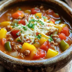 To make a hearty and delicious Slow Cooker Stuffed Pepper Soup, gather these simple ingredients: - 4 large bell peppers (red, yellow, and green), diced - 1 medium onion, chopped - 3 cloves garlic, minced - 1 pound ground turkey or beef - 1 can (28 oz) crushed tomatoes - 4 cups low-sodium chicken or vegetable broth - 1 cup uncooked quinoa or rice - 2 teaspoons Italian seasoning - 1 teaspoon smoked paprika - Salt and pepper to taste - 1 cup shredded cheese (cheddar or mozzarella) for topping - Fresh parsley, chopped, for garnish These ingredients come together to create a warm and filling soup. The bell peppers give a nice color and sweetness. The ground turkey or beef adds protein, while the quinoa or rice makes it hearty. I love using crushed tomatoes for their rich flavor, and the broth ties everything together. The Italian seasoning and smoked paprika bring depth to the dish. Top it off with cheese and parsley for a lovely finish! - Sauté onion and garlic Start by heating a large skillet over medium heat. Add the chopped onion and minced garlic. Cook them for about 3-4 minutes. You want them to be soft and clear. - Brown the ground turkey or beef Next, add your ground turkey or beef to the skillet. Cook it well while breaking it apart with a spoon. Make sure it turns brown and drains any extra fat. - Combine ingredients in the slow cooker In your slow cooker, add the diced bell peppers. Pour in the sautéed onion and meat mixture. Add the crushed tomatoes and broth too. Toss in the uncooked quinoa or rice. Sprinkle the Italian seasoning and smoked paprika. Stir everything well to mix. - Season and cook time options (low/high) Add salt and pepper to taste. Cover the slow cooker. Cook on low for 6-8 hours or on high for 3-4 hours. The peppers should be tender, and the quinoa or rice will be cooked through. - Stir and adjust seasoning before serving Once the cooking time is up, stir the soup well. Taste it and adjust the seasoning if needed. This step is crucial for a balanced flavor. Choosing the right peppers is key. I like to use red, yellow, and green peppers. They add color and flavor. Each pepper has a slightly different taste. Red peppers are sweet; green peppers are more grassy. Mix them for the best flavor. For meat, I recommend ground turkey or beef. Turkey is lean and keeps the soup light. Beef adds a rich flavor. You can use either, based on what you prefer. Both options work well in this soup. To avoid a watery soup, use uncooked quinoa or rice. They soak up extra liquid. If your soup is too thin, add a bit more quinoa or rice. You can also let it cook longer. This helps thicken the soup naturally. Keep stirring to mix all the flavors together. For side dishes, consider crusty bread or a fresh salad. Bread is great for dipping. A salad adds crunch and freshness. Both pair well with the rich soup. When it comes to toppings, cheese is classic, but try more! Fresh herbs like parsley or cilantro add a nice touch. You can also use sour cream for creaminess. A sprinkle of chili flakes gives a spicy kick. These options make your soup even more delicious. {{image_2}} You can swap the ground turkey or beef for ground chicken or pork. Both options bring a lighter taste to the soup. Ground chicken gives a nice flavor without being too heavy. Ground pork adds a bit of sweetness, which pairs well with the peppers. If you want a vegetarian or vegan version, use lentils or black beans instead of meat. They add protein and a hearty texture. You can also use tofu for a protein boost. If you want to change the base, try using couscous or barley instead of quinoa or rice. These grains cook well and add different flavors. You can also toss in extra veggies like corn, zucchini, or carrots. Adding more vegetables makes the soup colorful and healthy. Just chop them small so they cook evenly. These swaps keep your soup fresh and exciting every time you make it. You can keep your stuffed pepper soup in the fridge for up to five days. Store it in an airtight container to keep it fresh. When you reheat, add a splash of broth to keep it moist. You can freeze the soup for up to three months. Use freezer-safe containers or bags. To reheat, thaw it overnight in the fridge. Heat it on the stove or in the microwave. To maintain flavor and texture, avoid adding cheese before freezing. Add it just before serving. This way, your soup stays creamy and delicious when you heat it up. Can I make this recipe in a regular pot? Yes, you can. Just use a large pot on the stove. Start by sautéing the onion and garlic in the pot. Then, add the meat and cook until browned. After that, mix in the rest of the ingredients. Let it simmer on low heat for about 30-45 minutes. Stir occasionally. This method gives you a similar tasty soup. How to make it spicier? You can add more heat easily. Try adding chopped jalapeños or red pepper flakes. You could also use hot sauce to taste. If you want a kick, consider adding a dash of cayenne pepper. Start with a little, and taste. You can always add more if needed. What can I serve with stuffed pepper soup? This soup pairs well with many sides. A fresh salad adds crunch. You can also serve it with crusty bread for dipping. Grilled cheese sandwiches are another great choice. For a fun twist, try it with tortilla chips for a crunchy bite. This stuffed pepper soup combines fresh ingredients for a delicious meal. We discussed preparation steps, cooking methods, and tips to enhance flavors. Remember to experiment with different meats and veggie options for variety. Proper storage will keep your leftovers tasty for longer. Enjoy your cooking journey, and don't shy away from adjustments. Making this soup will delight your taste buds and those you serve. Keep exploring and savor every bite!