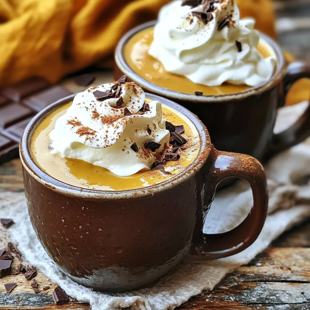 To make the perfect pumpkin spice hot chocolate, you'll need these key ingredients: - 2 cups whole milk - 1/2 cup canned pumpkin puree - 1/4 cup cocoa powder - 1/4 cup sugar (adjust to taste) - 1 teaspoon vanilla extract - 1/2 teaspoon pumpkin pie spice (plus extra for garnish) - 1/4 teaspoon ground cinnamon - Pinch of salt These ingredients create a rich and creamy drink. The pumpkin puree adds a nice texture and flavor. Whole milk gives it a smooth base, while cocoa powder brings the chocolate taste. To make your hot chocolate even more special, consider these toppings: - Whipped cream (for topping) - Dark chocolate shavings or chocolate chips (for garnish) Adding whipped cream creates a fluffy layer on top. Dark chocolate shavings or chips add a sweet crunch. You can also sprinkle extra pumpkin pie spice on top for a festive touch. If you want to switch things up, here are some options: - You can use almond milk or oat milk instead of whole milk for a dairy-free version. - Maple syrup can replace sugar for a natural sweetener. - If you don't have pumpkin pie spice, mix cinnamon, nutmeg, and ginger for a similar flavor. These substitutions help you customize your drink. Adjust based on your taste and dietary needs. Enjoy your pumpkin spice hot chocolate! 1. Start by placing two cups of whole milk in a medium saucepan. 2. Add half a cup of canned pumpkin puree to the milk. 3. Heat the mixture over medium heat. Whisk gently for about 2-3 minutes until warm. 4. Next, stir in a quarter cup of cocoa powder. Add a quarter cup of sugar too. 5. Pour in one teaspoon of vanilla extract. Then, mix in half a teaspoon of pumpkin pie spice. 6. Add a quarter teaspoon of ground cinnamon and a pinch of salt. 7. Whisk until everything dissolves and is warm, about 3-4 minutes. 8. Be careful not to let the mixture boil. 9. Taste it! If you want it sweeter, add more sugar. 10. Once hot, remove it from the heat and pour into mugs. - Use a whisk for smooth mixing. It helps blend the pumpkin and milk well. - Keep the heat on medium. Too high can burn the milk and ruin the drink. - Whisk in a circular motion for even heating and mixing. - Top each mug with whipped cream. - Sprinkle some pumpkin pie spice on top for extra flavor. - Add dark chocolate shavings or chocolate chips for a sweet touch. - Serve with a cozy blanket and enjoy as a treat on chilly days. To make the best pumpkin spice hot chocolate, use whole milk. It adds creaminess and richness. Combine the milk and pumpkin puree in a medium saucepan. Heat gently over medium heat. Whisk it well until warm. This takes about 2-3 minutes. Next, add cocoa powder, sugar, vanilla, and spices. Keep whisking until everything blends well. This step is key for a smooth drink. Heat it through for 3-4 minutes, but avoid boiling. Boiling can change the texture. One common mistake is not whisking enough. If you don’t whisk, your drink may be lumpy. Another mistake is adding too much sugar at once. Start with less and taste as you go. If you heat too fast, you risk scorching the milk. Always use medium heat for the best results. Finally, don’t skip the whipped cream and toppings. They add that special touch. Adding spices can boost your hot chocolate flavor. A pinch of nutmeg can add warmth. You might also try a dash of ginger for a little kick. If you love cinnamon, add more than the recipe calls for. Each spice offers something unique. Experiment to find your favorite blend. Remember, a sprinkle of pumpkin pie spice on top makes it look great too! {{image_2}} To make a vegan version, swap the whole milk for plant-based milk. Almond, oat, or coconut milk works well. Use the same amount, about 2 cups. You can also replace the whipped cream with coconut cream for a rich topping. Follow the main recipe but ensure all your ingredients are vegan. If you want a dairy-free hot chocolate, choose nut milks or soy milk. These options bring a nice creaminess. Use the same measurements as the original recipe. Adjust sweetness and spices to fit your taste. This way, you get the same cozy warmth without dairy. You can add more flavors to your hot chocolate. For a minty twist, stir in 1/4 teaspoon of peppermint extract. This gives a cool finish. If you love warmth, add a pinch of nutmeg. It pairs nicely with pumpkin spice. Feel free to play with flavors to make your drink unique! I love to keep my pumpkin spice hot chocolate fresh. To store leftovers, let it cool first. Then, pour it into an airtight container. This helps keep the flavor strong. You can store it in the fridge for up to three days. If you see any separation, just give it a good stir before using. When you want to enjoy your leftover hot chocolate, reheating is simple. Pour it into a small saucepan. Heat it over low to medium heat. Stir gently to mix well and warm it up. Avoid boiling, or it may change the texture. You can also use a microwave. Heat it in short bursts, stirring in between. This keeps it smooth and creamy. Freezing is a great way to save your hot chocolate for later. Pour cooled hot chocolate into ice cube trays. Once frozen, pop the cubes into a freezer bag. This way, you can enjoy smaller portions later. To use, thaw in the fridge overnight. Then reheat as usual. You’ll have a cozy drink ready whenever you crave it! Pumpkin spice hot chocolate is a warm drink made from simple ingredients. You need: - 2 cups whole milk - 1/2 cup canned pumpkin puree - 1/4 cup cocoa powder - 1/4 cup sugar (you can change this to fit your taste) - 1 teaspoon vanilla extract - 1/2 teaspoon pumpkin pie spice (plus extra for topping) - 1/4 teaspoon ground cinnamon - A pinch of salt - Whipped cream (this is for the top) - Dark chocolate shavings or chocolate chips (for extra flavor) These ingredients blend to create a rich and cozy drink. The pumpkin adds creaminess, while the spices give it that fall flavor. Yes, you can make pumpkin spice hot chocolate ahead of time. Just follow these steps: 1. Prepare the drink as per the recipe. 2. Let it cool down to room temperature. 3. Pour it into a container and store it in the fridge. When you're ready to enjoy it, heat it gently on the stove or in the microwave. Stir well before serving. It’s best to drink it within 2-3 days for the best taste. Pumpkin spice hot chocolate can be made vegan-friendly. You just need to swap a few ingredients: - Use almond milk, oat milk, or coconut milk instead of whole milk. - Replace sugar with maple syrup or another vegan sweetener. - Make sure your chocolate is dairy-free. With these changes, you can enjoy a delicious vegan version of this seasonal treat! Now you know how to make the perfect pumpkin spice hot chocolate. We covered essential ingredients and ways to mix them. You learned tips to avoid common mistakes and explored tasty variations. Storing your drink properly keeps it fresh for later enjoyment. Enjoy this cozy treat on chilly days. Get creative with flavors and share with friends. Happy sipping!