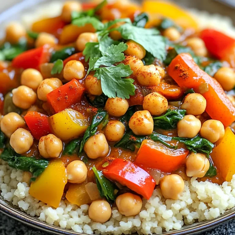 To make Slow Cooker Moroccan Chickpea Stew, you will need the following ingredients: - 2 cans (15 oz each) chickpeas, drained and rinsed - 1 medium onion, diced - 2 cloves garlic, minced - 2 carrots, peeled and diced - 1 red bell pepper, diced - 1 yellow bell pepper, diced - 1 can (14 oz) diced tomatoes - 1 cup vegetable broth - 2 tablespoons olive oil - 2 teaspoons ground cumin - 2 teaspoons ground coriander - 1 teaspoon smoked paprika - 1 teaspoon ground cinnamon - ½ teaspoon cayenne pepper (adjust to taste) - Salt and pepper to taste - 1 cup spinach leaves, chopped - Fresh cilantro or parsley, for garnish - Optional: Cooked couscous or quinoa for serving If you don’t have all the ingredients, here are some great swaps: - Chickpeas: Use lentils or white beans instead. - Vegetable broth: Chicken broth works too. - Spinach: Kale or Swiss chard are tasty options. - Diced tomatoes: Use fresh tomatoes or tomato sauce. - Olive oil: Any cooking oil will do, like avocado oil. These swaps keep the stew tasty while using what you have at home. This stew is not just delicious; it's also healthy! Here’s a quick look at the nutrition per serving: - Calories: About 220 - Protein: 10g - Fat: 7g - Carbohydrates: 35g - Fiber: 10g - Sugar: 6g This stew is full of plant-based protein and fiber. It is perfect for a filling meal! Start by gathering all your ingredients. You will need: - 2 cans (15 oz each) chickpeas, drained and rinsed - 1 medium onion, diced - 2 cloves garlic, minced - 2 carrots, peeled and diced - 1 red bell pepper, diced - 1 yellow bell pepper, diced - 1 can (14 oz) diced tomatoes - 1 cup vegetable broth - 2 tablespoons olive oil - 2 teaspoons ground cumin - 2 teaspoons ground coriander - 1 teaspoon smoked paprika - 1 teaspoon ground cinnamon - ½ teaspoon cayenne pepper (adjust to taste) - Salt and pepper to taste - 1 cup spinach leaves, chopped - Fresh cilantro or parsley, for garnish - Optional: Cooked couscous or quinoa for serving Now, in your slow cooker, add the diced onion, minced garlic, carrots, and both bell peppers. Then, stir in the chickpeas and diced tomatoes with their juices. Next, pour in the vegetable broth. In a small bowl, mix the cumin, coriander, smoked paprika, cinnamon, cayenne pepper, salt, and pepper. Add this spice mix into the slow cooker and stir well. Drizzle the olive oil over the top and give it another gentle stir. Cover the slow cooker and set it on low for 6-8 hours or high for 3-4 hours. You want the vegetables to be tender and the stew to be full of flavor. About 15 minutes before you serve, stir in the chopped spinach. This will wilt the spinach into the stew. Taste your stew and adjust the seasoning if needed. Serve it hot over a bed of cooked couscous or quinoa if you like. Don’t forget to add fresh cilantro or parsley for garnish! To get the best flavor, start by sautéing your onions and garlic. This step brings out their sweetness. It makes your stew taste rich and inviting. You can also add spices early. This helps them bloom and release their unique aromas. Stir them in with the vegetables before adding liquids. Letting the stew cook low and slow is key. It helps all the flavors blend perfectly. If you like heat, add more cayenne pepper. Start with a small pinch, then taste. You can always add more, but you can’t take it out. For a milder stew, skip the cayenne altogether. You can also balance the heat with a bit of sweetness. A touch of honey or brown sugar can help calm the spice. For a creamier texture, try adding a dollop of plain yogurt before serving. It brings a nice tang. You can also blend part of the stew. Just scoop out some chickpeas and veggies, blend them, and stir them back in. This thickens the stew without losing any flavor. Adding a splash of coconut milk is another option. It adds richness and a hint of sweetness. {{image_2}} You can easily boost this stew with more protein. Consider adding diced chicken or lamb. You can also mix in lentils for a hearty feel. If you want more veggies, add zucchini, sweet potatoes, or green beans. These options make the stew even more colorful and fun! Feel free to play with spices! Try adding turmeric or ginger for a different flavor. You can also use garam masala for a warm twist. If you love heat, add more cayenne or red pepper flakes. Each spice change gives you a new taste experience. Serve this stew over cooked couscous or quinoa. Both grains soak up the stew's flavors well. You can also use rice or serve it with crusty bread. For a fresh touch, top it with cilantro or parsley. These options make each meal feel special! Store any leftover Moroccan chickpea stew in an airtight container. Let the stew cool first. This helps keep the flavor and texture. Place it in the fridge for up to 4 days. If you want to keep it longer, freezing is best. To freeze the stew, use freezer-safe bags or containers. Make sure to leave some space for expansion. Label the bags with the date. You can freeze the stew for up to 3 months. When you are ready to eat, just take it out and thaw it in the fridge overnight. To reheat, you can use the stove or the microwave. If using the stove, add a bit of broth or water to keep it moist. Heat it on low and stir often. If using the microwave, place it in a bowl and cover it. Heat in short bursts, stirring in between. This helps heat it evenly. Always check the temperature before serving to ensure it's hot throughout. If you need a chickpea swap, try using lentils. They cook well in the stew and add protein. White beans or black beans are good options too. Just adjust cooking time as needed. Lentils usually cook faster than chickpeas. Taste and texture will change but still be tasty. Yes, this stew is both vegetarian and vegan! It uses vegetable broth as the base. All the ingredients are plant-based, so you can enjoy it without worry. If you want to add some protein, you can toss in tofu or tempeh. They absorb the flavors well and add texture. You will know the stew is done when the veggies are tender. The chickpeas should be soft but not mushy. If you cook on low, this takes about 6-8 hours. On high, the stew will be ready in 3-4 hours. Give it a stir to mix in the spinach before serving. In this post, we covered key ingredients for a flavorful stew and how to prepare it. I shared tips for enhancing flavor, adjusting spice levels, and providing variations for your dish. Storing leftovers properly helps keep your stew fresh. Remember, you can make this recipe fit your needs by swapping out ingredients. Cooking should be fun and creative. Enjoy experimenting in your kitchen!
