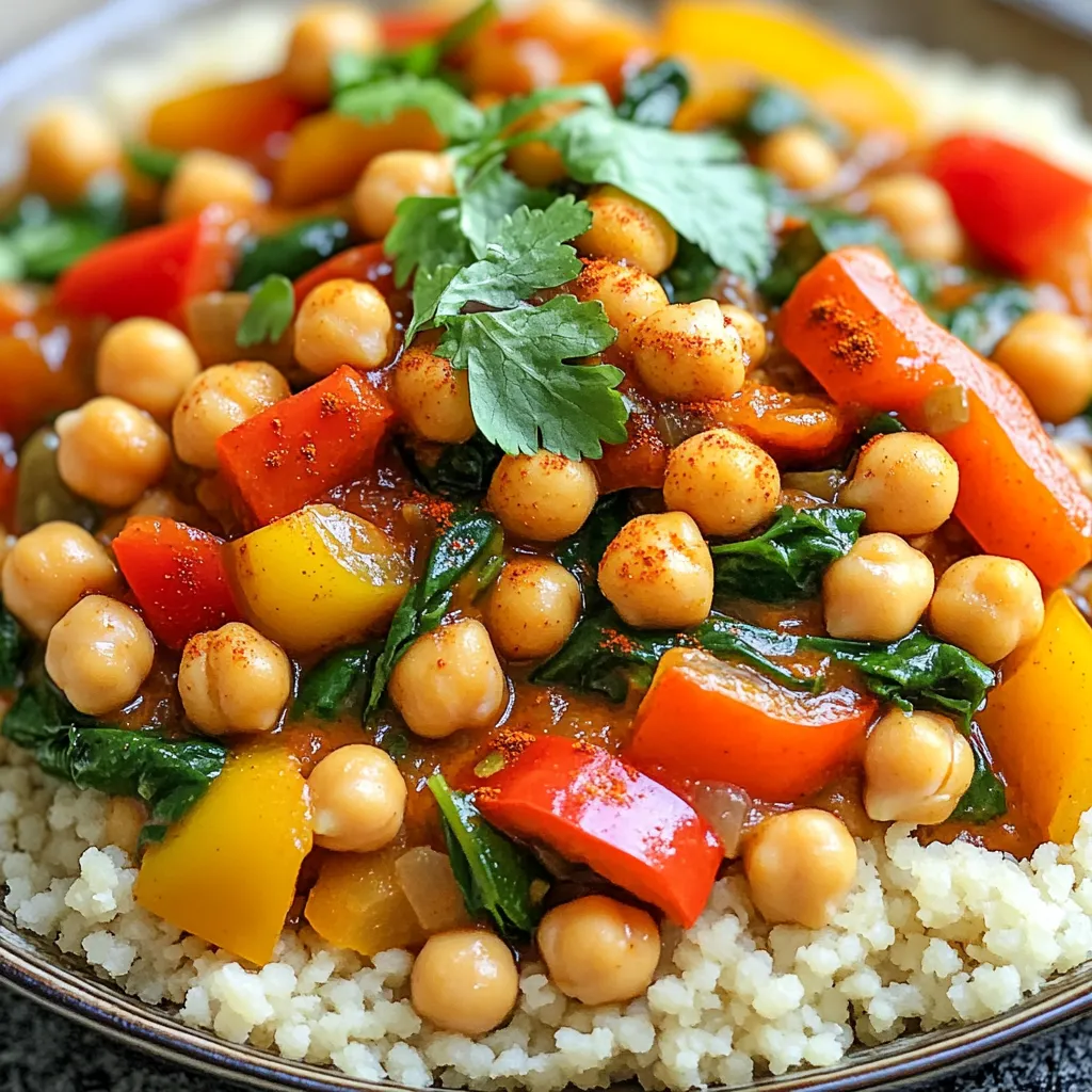 To make Slow Cooker Moroccan Chickpea Stew, you will need the following ingredients: - 2 cans (15 oz each) chickpeas, drained and rinsed - 1 medium onion, diced - 2 cloves garlic, minced - 2 carrots, peeled and diced - 1 red bell pepper, diced - 1 yellow bell pepper, diced - 1 can (14 oz) diced tomatoes - 1 cup vegetable broth - 2 tablespoons olive oil - 2 teaspoons ground cumin - 2 teaspoons ground coriander - 1 teaspoon smoked paprika - 1 teaspoon ground cinnamon - ½ teaspoon cayenne pepper (adjust to taste) - Salt and pepper to taste - 1 cup spinach leaves, chopped - Fresh cilantro or parsley, for garnish - Optional: Cooked couscous or quinoa for serving If you don’t have all the ingredients, here are some great swaps: - Chickpeas: Use lentils or white beans instead. - Vegetable broth: Chicken broth works too. - Spinach: Kale or Swiss chard are tasty options. - Diced tomatoes: Use fresh tomatoes or tomato sauce. - Olive oil: Any cooking oil will do, like avocado oil. These swaps keep the stew tasty while using what you have at home. This stew is not just delicious; it's also healthy! Here’s a quick look at the nutrition per serving: - Calories: About 220 - Protein: 10g - Fat: 7g - Carbohydrates: 35g - Fiber: 10g - Sugar: 6g This stew is full of plant-based protein and fiber. It is perfect for a filling meal! Start by gathering all your ingredients. You will need: - 2 cans (15 oz each) chickpeas, drained and rinsed - 1 medium onion, diced - 2 cloves garlic, minced - 2 carrots, peeled and diced - 1 red bell pepper, diced - 1 yellow bell pepper, diced - 1 can (14 oz) diced tomatoes - 1 cup vegetable broth - 2 tablespoons olive oil - 2 teaspoons ground cumin - 2 teaspoons ground coriander - 1 teaspoon smoked paprika - 1 teaspoon ground cinnamon - ½ teaspoon cayenne pepper (adjust to taste) - Salt and pepper to taste - 1 cup spinach leaves, chopped - Fresh cilantro or parsley, for garnish - Optional: Cooked couscous or quinoa for serving Now, in your slow cooker, add the diced onion, minced garlic, carrots, and both bell peppers. Then, stir in the chickpeas and diced tomatoes with their juices. Next, pour in the vegetable broth. In a small bowl, mix the cumin, coriander, smoked paprika, cinnamon, cayenne pepper, salt, and pepper. Add this spice mix into the slow cooker and stir well. Drizzle the olive oil over the top and give it another gentle stir. Cover the slow cooker and set it on low for 6-8 hours or high for 3-4 hours. You want the vegetables to be tender and the stew to be full of flavor. About 15 minutes before you serve, stir in the chopped spinach. This will wilt the spinach into the stew. Taste your stew and adjust the seasoning if needed. Serve it hot over a bed of cooked couscous or quinoa if you like. Don’t forget to add fresh cilantro or parsley for garnish! To get the best flavor, start by sautéing your onions and garlic. This step brings out their sweetness. It makes your stew taste rich and inviting. You can also add spices early. This helps them bloom and release their unique aromas. Stir them in with the vegetables before adding liquids. Letting the stew cook low and slow is key. It helps all the flavors blend perfectly. If you like heat, add more cayenne pepper. Start with a small pinch, then taste. You can always add more, but you can’t take it out. For a milder stew, skip the cayenne altogether. You can also balance the heat with a bit of sweetness. A touch of honey or brown sugar can help calm the spice. For a creamier texture, try adding a dollop of plain yogurt before serving. It brings a nice tang. You can also blend part of the stew. Just scoop out some chickpeas and veggies, blend them, and stir them back in. This thickens the stew without losing any flavor. Adding a splash of coconut milk is another option. It adds richness and a hint of sweetness. {{image_2}} You can easily boost this stew with more protein. Consider adding diced chicken or lamb. You can also mix in lentils for a hearty feel. If you want more veggies, add zucchini, sweet potatoes, or green beans. These options make the stew even more colorful and fun! Feel free to play with spices! Try adding turmeric or ginger for a different flavor. You can also use garam masala for a warm twist. If you love heat, add more cayenne or red pepper flakes. Each spice change gives you a new taste experience. Serve this stew over cooked couscous or quinoa. Both grains soak up the stew's flavors well. You can also use rice or serve it with crusty bread. For a fresh touch, top it with cilantro or parsley. These options make each meal feel special! Store any leftover Moroccan chickpea stew in an airtight container. Let the stew cool first. This helps keep the flavor and texture. Place it in the fridge for up to 4 days. If you want to keep it longer, freezing is best. To freeze the stew, use freezer-safe bags or containers. Make sure to leave some space for expansion. Label the bags with the date. You can freeze the stew for up to 3 months. When you are ready to eat, just take it out and thaw it in the fridge overnight. To reheat, you can use the stove or the microwave. If using the stove, add a bit of broth or water to keep it moist. Heat it on low and stir often. If using the microwave, place it in a bowl and cover it. Heat in short bursts, stirring in between. This helps heat it evenly. Always check the temperature before serving to ensure it's hot throughout. If you need a chickpea swap, try using lentils. They cook well in the stew and add protein. White beans or black beans are good options too. Just adjust cooking time as needed. Lentils usually cook faster than chickpeas. Taste and texture will change but still be tasty. Yes, this stew is both vegetarian and vegan! It uses vegetable broth as the base. All the ingredients are plant-based, so you can enjoy it without worry. If you want to add some protein, you can toss in tofu or tempeh. They absorb the flavors well and add texture. You will know the stew is done when the veggies are tender. The chickpeas should be soft but not mushy. If you cook on low, this takes about 6-8 hours. On high, the stew will be ready in 3-4 hours. Give it a stir to mix in the spinach before serving. In this post, we covered key ingredients for a flavorful stew and how to prepare it. I shared tips for enhancing flavor, adjusting spice levels, and providing variations for your dish. Storing leftovers properly helps keep your stew fresh. Remember, you can make this recipe fit your needs by swapping out ingredients. Cooking should be fun and creative. Enjoy experimenting in your kitchen!