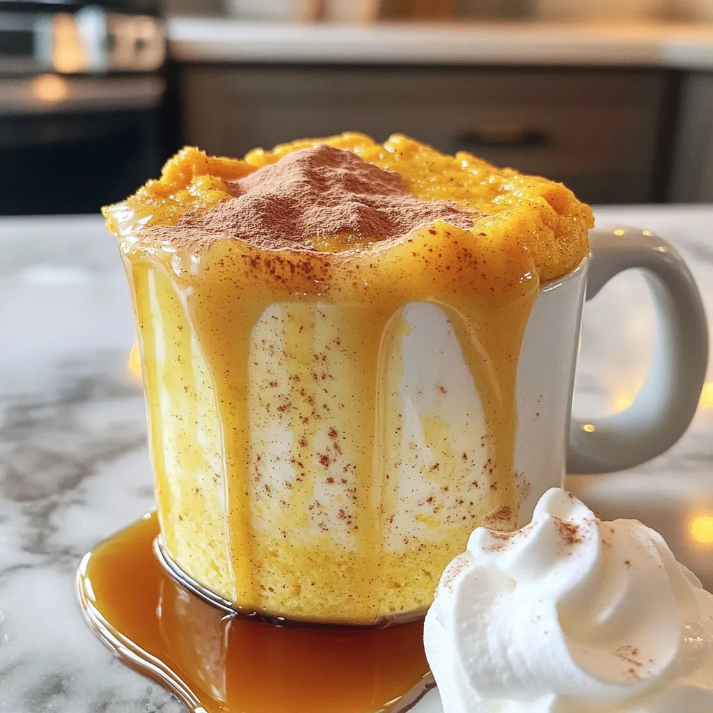 For a tasty pumpkin spice mug cake, gather these simple items: - 4 tablespoons all-purpose flour - 2 tablespoons granulated sugar - 1/4 teaspoon baking powder - 1/4 teaspoon ground cinnamon - 1/4 teaspoon ground nutmeg - 1/8 teaspoon ground ginger - 1/8 teaspoon salt - 3 tablespoons canned pumpkin puree - 3 tablespoons milk (or any plant-based milk) - 1 tablespoon vegetable oil - 1/4 teaspoon vanilla extract You can swap some ingredients if you have dietary needs: - Use gluten-free flour instead of all-purpose flour. - Replace granulated sugar with coconut sugar or a sugar substitute. - Opt for almond milk, soy milk, or oat milk for a dairy-free option. - Use applesauce instead of vegetable oil for a lower-fat choice. Adding toppings makes your mug cake even better: - Whipped cream adds a fluffy texture. - A sprinkle of cinnamon gives extra warmth. - Drizzle maple syrup for a sweet touch. - Chopped nuts like pecans or walnuts add crunch. - Chocolate chips can make it more decadent. These ingredients and topping ideas help you create a delicious and quick pumpkin spice mug cake. Enjoy every bite! Start by choosing a large microwave-safe mug. Measure 4 tablespoons of all-purpose flour and add it to the mug. Then, add 2 tablespoons of granulated sugar. Next, mix in 1/4 teaspoon of baking powder. This helps the cake rise. Now, sprinkle in 1/4 teaspoon of ground cinnamon, 1/4 teaspoon of ground nutmeg, and 1/8 teaspoon of ground ginger. These spices give the cake its warm flavor. Finally, add 1/8 teaspoon of salt. Whisk these dry ingredients together until they blend well. Now it's time to add the wet ingredients. Measure 3 tablespoons of canned pumpkin puree and add it to your dry mix. This gives the cake its moist texture and rich taste. Next, pour in 3 tablespoons of milk. You can use regular milk or any plant-based milk. Then, add 1 tablespoon of vegetable oil for extra moisture. Lastly, measure 1/4 teaspoon of vanilla extract. This will enhance the flavor. Mix everything together until it is smooth. Make sure there are no lumps left in the batter. Place your mug in the microwave. Cook it on high for 1 minute and 30 seconds. Every microwave is different, so check if it’s done. Insert a toothpick in the center. If it comes out clean, your mug cake is ready. If not, microwave it in 10-15 second intervals until it’s done. Once cooked, let the mug cake cool for about a minute. You can then enjoy it plain or add toppings like whipped cream, cinnamon, or a drizzle of maple syrup. To get a soft and fluffy mug cake, follow these tips: - Use fresh ingredients to boost flavor. - Whisk the dry mix well to avoid lumps. - Make sure to mix wet ingredients until smooth. - Do not over-mix; a few lumps are okay. - Use a large mug to allow for rising. Watch out for these common errors: - Adding too much liquid can make it soggy. - Overcooking will lead to a dry texture. - Using cold ingredients affects the baking process. - Not checking the cake often can result in overcooking. - Skipping toppings makes the cake less exciting. Microwave cooking can be tricky, but here are some best practices: - Start with a lower cooking time to avoid burning. - Check doneness with a toothpick to ensure it’s ready. - Let the cake cool before eating; it continues to cook. - Clean the microwave after cooking to avoid smells. - Experiment with cooking times for your specific microwave. {{image_2}} You can make a healthier version of this mug cake. Use a sugar substitute like stevia or monk fruit to cut down on sugar. For a gluten-free option, use almond flour or coconut flour instead of all-purpose flour. These changes still give you a delicious taste. You can enjoy your treat without the guilt! Want to mix things up? Consider adding chocolate chips or nuts. Chocolate pairs well with pumpkin spice. Just stir in a tablespoon of mini chocolate chips before cooking. If you prefer nuts, walnuts or pecans add a nice crunch. Both options give your mug cake extra flavor and texture. You can get creative with the seasons! In fall, add a pinch of clove or allspice for more warmth. In winter, try a splash of peppermint extract. For spring, a little orange zest brightens the flavor. Each of these add-ins brings a new twist, making your mug cake special for any occasion. To store your leftover mug cake, let it cool completely. Then, place it in an airtight container. This helps keep it fresh. You can store it in the fridge for up to two days. If you want to enjoy it later, you can also wrap it tightly in plastic wrap. When you are ready to enjoy your mug cake again, take it out of the fridge. Place it in the microwave for about 10 to 15 seconds. Check if it is warm enough. If not, heat it longer in short bursts. This keeps the cake moist and tasty. You can freeze your mug cake, too! Wrap it tightly in plastic wrap and then place it in a freezer bag. It will stay fresh for up to a month. When you want to eat it, thaw it in the fridge overnight. Reheat it in the microwave as needed. You can check if your mug cake is done by inserting a toothpick in the center. If it comes out clean, your cake is ready. If not, microwave it for 10 to 15 more seconds. Keep an eye on it to avoid overcooking. Yes, you can make this mug cake without eggs. The canned pumpkin puree acts as a binding agent. It adds moisture and texture, so you won’t miss the eggs at all. If you don’t have canned pumpkin puree, use mashed sweet potatoes. You can also use applesauce for a different flavor. Both options will keep your mug cake moist. To make a larger batch, simply multiply the ingredients by the number of servings you need. Mix everything in a bowl, then divide it into mugs. Be sure to increase the cooking time if you use larger mugs. Yes, you can bake the mug cake instead of microwaving it. Preheat your oven to 350°F (175°C). Pour the batter into a small baking dish. Bake for about 15 to 20 minutes. Check for doneness with a toothpick. This blog post showed you how to make a mug cake quickly and easily. We covered the key ingredients and shared options for dietary needs. I walked you through the step-by-step process of cooking and even shared helpful tips to avoid mistakes. We explored tasty variations and discussed how to store your cake. With this knowledge, you can enjoy a delicious mug cake any time. I hope you have fun baking and experimenting with flavors!