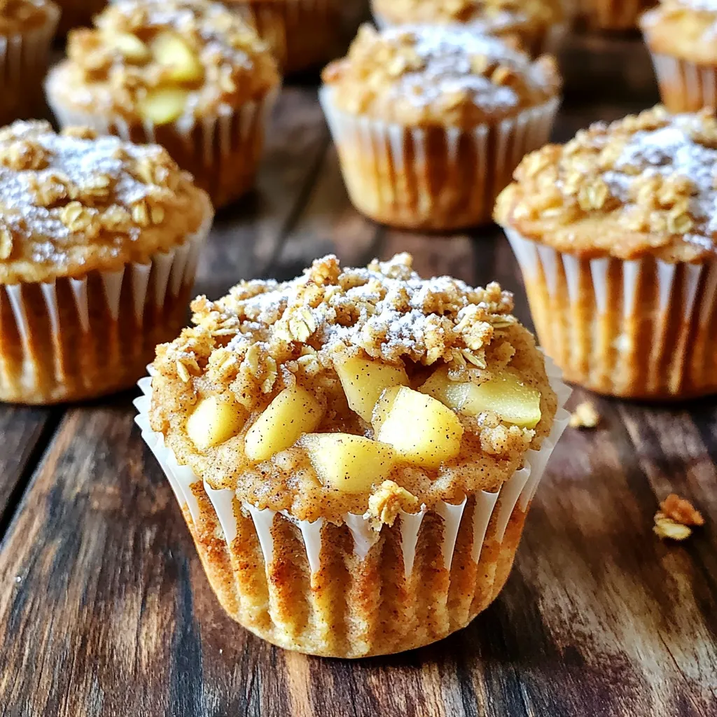 - 1 ½ cups all-purpose flour - 1 cup granulated sugar - ½ cup brown sugar, packed - 2 teaspoons baking powder - 1 teaspoon ground cinnamon - ½ teaspoon ground nutmeg - ½ teaspoon salt - ½ cup unsalted butter, melted - 2 large eggs - 1 teaspoon vanilla extract - ½ cup milk - 1 cup rolled oats - 1 teaspoon ground flaxseed (optional) To make these delicious Apple Cinnamon Crumble Muffins, you need a mix of dry and wet ingredients. First, for the dry mix, you’ll use all-purpose flour, granulated sugar, brown sugar, baking powder, ground cinnamon, nutmeg, and salt. This mix gives the muffins their structure and flavor. Next, you’ll gather your wet ingredients. This includes melted butter that adds richness, eggs for binding, vanilla extract for aroma, and milk for moisture. These ingredients create a batter that is soft and tasty. Don’t forget the topping! Rolled oats give a nice crunch, while ground flaxseed can boost nutrition. This extra layer makes your muffins even more special. - Preheat the oven to 350°F (175°C). - Prepare your muffin tin with paper liners or spray it with non-stick spray. - In a bowl, mix rolled oats, brown sugar, a pinch of cinnamon, and melted butter. - Stir until the mixture is crumbly. Set it aside for later. - In a large bowl, whisk together the flour, granulated sugar, baking powder, cinnamon, nutmeg, and salt. - In another bowl, beat the eggs. Add melted butter, vanilla extract, and milk. Whisk until blended. - Pour the wet mixture into the dry ingredients. Stir gently until just combined. It’s okay if some lumps remain. - Carefully fold in the diced apples until they are evenly spread in the batter. - Divide the batter evenly into the muffin tin, filling each cup about two-thirds full. - Sprinkle the crumble topping generously over each muffin. - Bake in the preheated oven for 20 to 25 minutes. Check for doneness by inserting a toothpick into the center of a muffin; it should come out clean. To make the best apple cinnamon crumble muffins, avoid overmixing the batter. Mix until just combined to keep them fluffy. A few lumps in the batter are okay. Using fresh apples is key for great flavor. I love Granny Smith or Honeycrisp apples. They add a nice tartness and sweetness to the muffins. Set your oven to 350°F (175°C) for the perfect bake. If you have a hot oven, check your muffins a few minutes early. They should bake for 20-25 minutes. To know when they are done, insert a toothpick into the center. If it comes out clean, the muffins are ready. Pair your muffins with a warm drink. Coffee or tea complements the flavors well. For a special touch, serve the muffins warm with a dusting of powdered sugar or a dollop of whipped cream. You can also display them on a pretty plate for a nice presentation. {{image_2}} You can switch up the apples in this recipe. Try using Fuji or Gala apples for a sweeter taste. If you want to get creative, toss in some diced pears or berries. Each fruit brings its own flavor and texture. This makes the muffins fun and unique every time! For a healthier version, use whole wheat flour instead of all-purpose flour. This gives your muffins more fiber. You can also swap granulated sugar with honey or maple syrup. These options add a natural sweetness. Adding nuts, like walnuts or pecans, boosts the crunch. Dried fruits, such as cranberries or raisins, can add extra flavor too. Change the spices to match the season. In fall, add a pinch of ginger or cloves for a warm taste. During winter, try a hint of cardamom to spice things up. If you want to gift these muffins, wrap them in pretty paper. A nice box adds a special touch for holidays or birthdays. To keep your muffins fresh, store them in an airtight container. This helps prevent them from drying out. Place a paper towel in the container to absorb moisture. Muffins taste best within 2-3 days of baking. If you want to enjoy them later, freezing is a great option. To freeze muffins, let them cool completely first. Wrap each muffin in plastic wrap, then place them in a freezer bag. This prevents freezer burn. You can freeze your muffins for up to three months. When you're ready to eat, just take one out. Thaw it at room temperature or microwave it for about 15 seconds. For a warm muffin, heat it in the oven at 350°F (175°C) for 5-10 minutes. At room temperature, muffins last about 2-3 days. If you store them in the fridge, they can last up to a week. However, cold storage can change their texture. For the best taste, enjoy them fresh or freeze them right away! Yes, you can. Use gluten-free flour instead of all-purpose flour. Brands like almond flour or coconut flour work well. Just remember to adjust the liquid in the recipe since gluten-free flour can absorb more moisture. Insert a toothpick into the center of a muffin. If it comes out clean or with just a few crumbs, they are done. Make sure not to open the oven too early. This can cause the muffins to sink. You can use applesauce, mashed bananas, or flaxseed meal mixed with water. For each egg, mix 1 tablespoon of flaxseed meal with 2.5 tablespoons of water. Let it sit for about 5 minutes before adding to the batter. Absolutely! You could use ginger, allspice, or cardamom for a unique twist. Experiment with the amounts to find your favorite mix. Just start with a small pinch and adjust to taste. Adding a splash of lemon juice or zest brightens the flavor. You can also mix in chopped nuts or dried fruits like cranberries. A little vanilla extract goes a long way for extra sweetness. This blog post covered all steps to make delicious muffins. We discussed dry and wet ingredients, plus toppings. I shared clear instructions to guide you through the baking process effectively. You learned tips to perfect your muffins and explore tasty variations. For best results, focus on fresh ingredients and precise baking. Enjoy your baking journey and share your muffins with friends! You now have the tools to impress everyone with your new skills.