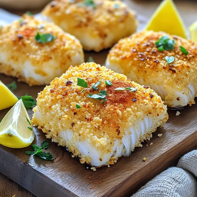 - 4 cod fillets (approximately 6 oz each) - 1 cup panko breadcrumbs - ½ cup grated Parmesan cheese - 2 tablespoons olive oil - 1 teaspoon garlic powder - 1 teaspoon dried parsley - ½ teaspoon paprika - Salt and pepper to taste - Lemon wedges for serving When making Air Fryer Parmesan Crusted Cod, you need some key ingredients. The main star is the cod fillets. They should be about 6 ounces each for the best results. The panko breadcrumbs give the dish a nice crunch. Panko is lighter and crispier than regular breadcrumbs. This adds a great texture to your cod. You also need grated Parmesan cheese. It adds a rich, salty flavor. The seasoning is just as important. Olive oil helps the crust stick and adds flavor. Garlic powder gives a nice kick. Dried parsley adds some color and earthiness. Paprika adds a little warmth and color. As for salt and pepper, you can adjust these to your taste. Finally, lemon wedges are perfect for serving. A squeeze of lemon brightens the dish and enhances the flavors. Enjoy cooking this dish; it's simple yet delicious! First, preheat your air fryer to 400°F (200°C). This step takes about 5 minutes. Preheating helps the cod cook evenly and become crispy. Next, grab a shallow bowl. Combine the breadcrumbs, grated Parmesan cheese, garlic powder, dried parsley, paprika, salt, and pepper. Mix everything well until it's evenly blended. This mixture will give your cod a tasty crust. Now, take your cod fillets and pat them dry with a paper towel. This step ensures they crisp up nicely in the air fryer. Brush each fillet lightly with olive oil on both sides. The oil helps the crust stick and adds flavor. After that, press the oiled fillets into the breadcrumb mixture. Make sure to coat both sides well for an even layer. Place the coated fillets in the air fryer basket in a single layer. Avoid overcrowding the basket for the best results. Now it’s time to cook! Air fry the cod at 400°F (200°C) for 10-12 minutes. The fish should be cooked through, and the crust will turn golden brown and crispy. After cooking, carefully remove the cod from the air fryer. Let it rest for a couple of minutes before serving. This helps the crust set. Enjoy your delicious Air Fryer Parmesan Crusted Cod! To get a crispy crust on your cod, you need to start with dry fillets. Pat each cod fillet with a paper towel. This step removes moisture, helping the crust crisp up. Next, brush each fillet with olive oil. This not only adds flavor but also helps the breadcrumbs stick. For the breadcrumb coating, I highly recommend using panko breadcrumbs. They are lighter and flakier than regular breadcrumbs. This makes your crust extra crunchy. Mix the panko with Parmesan and spices for added taste. When cooking, avoid overcrowding the air fryer basket. If the fillets are too close together, they will steam instead of fry. This can lead to a soggy crust. Cook in batches if needed. Another key tip is to adjust the cooking time based on the thickness of your fillets. Thicker fillets will need a bit more time, while thinner ones will cook faster. Watch closely to avoid overcooking. For serving, pair your crispy cod with sides like roasted vegetables or a fresh salad. This adds color and nutrition to your meal. To enhance the flavor, serve with lemon wedges. Squeezing fresh lemon juice over the cod brightens it up. You can also try different lemon variations, like lemon zest or lemon-infused olive oil, for an extra kick. {{image_2}} You can add more flavor to your dish. Try mixing in fresh herbs like dill or thyme. These herbs give a bright taste. You can also spice things up with cayenne pepper. Just a pinch can add heat and excitement. This recipe works well with other fish too. Use tilapia or salmon for a tasty switch. You can even adapt the crust for chicken or vegetables. Chicken fillets would cook similarly and be just as crispy. For veggies, try slices of eggplant or zucchini. Not a fan of breadcrumbs? No problem! You can use gluten-free breadcrumbs for a lighter option. Crushed crackers or nuts also work great. They add a nice crunch and unique taste. To store leftover Air Fryer Parmesan Crusted Cod, let it cool first. Place the cod in an airtight container. This helps keep it fresh and tasty. The cod lasts in the fridge for about 2 to 3 days. If you want to enjoy it later, make sure to keep it sealed well. This way, it won't dry out or pick up other smells from the fridge. You can also freeze cooked cod with its crispy crust. First, let it cool completely. Wrap each fillet in plastic wrap or aluminum foil. Then, place them in a freezer bag. This helps protect them from freezer burn. The cod can last in the freezer for up to 3 months. When you're ready to eat, reheat the cod in the air fryer. Set the air fryer to 350°F (175°C) for about 5-7 minutes. This keeps the crust crispy and the fish moist. Avoid using the microwave, as it can make the crust soggy. Enjoy your cod just like it was freshly cooked! Yes, you can use fresh cod. Fresh cod cooks faster than frozen cod. When using fresh fish, cut the cooking time by about 2-3 minutes. This keeps the fish moist and tender. Fresh cod also has a firmer texture, which some people prefer. You can use several options for Parmesan cheese. Pecorino Romano offers a similar flavor. Nutritional yeast is a good vegan option. This adds a cheesy taste without dairy. You could also try cheddar for a different twist. Just keep in mind that each cheese will change the flavor slightly. The best way to check is by using a meat thermometer. The internal temperature should reach 145°F (63°C). If you don’t have a thermometer, look for opaque flesh that flakes easily with a fork. The crust should be golden brown and crispy. Yes, you can use an oven. Preheat the oven to 425°F (220°C). Bake the cod on a baking sheet lined with parchment paper. Cooking time will be about 15-20 minutes. Make sure to check for doneness as you go. Adjustments may be needed for even cooking. This blog post covered a delicious air fryer cod recipe. You now know the main ingredients, from cod fillets to Parmesan cheese. I showed you how to prepare the air fryer, mix the coating, and cook the fish to a crispy finish. Remember the tips for a perfect crust and serving suggestions for extra flavor. You can try different variations and adjust for your tastes. With the right storage, your leftovers will stay fresh. Enjoy making a meal that is both easy and tasty!