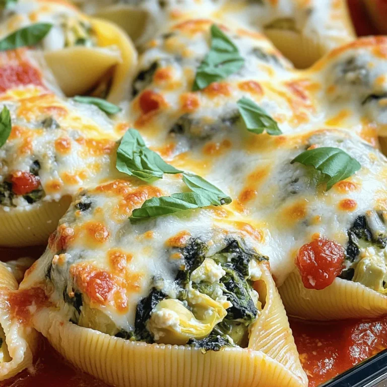 To make Creamy Spinach Artichoke Stuffed Shells, you will need: - 12 large pasta shells - 1 cup ricotta cheese - 1 cup frozen spinach, thawed and excess moisture squeezed out - 1 cup canned artichoke hearts, drained and chopped - 1 cup cream cheese, softened - 1 cup shredded mozzarella cheese, divided - ½ cup grated Parmesan cheese - 2 cloves garlic, minced - 1 teaspoon Italian seasoning - Salt and pepper to taste - 1 cup marinara sauce If you don’t have some ingredients, don’t worry! Here are some swaps: - Use cottage cheese instead of ricotta for a lighter filling. - Fresh spinach can replace frozen spinach. Just sauté it first. - Swap artichokes for sautéed mushrooms for a different taste. - If you want a vegan option, use tofu cream cheese and vegan mozzarella. - Use any pasta sauce you prefer if marinara isn’t available. You will need a few tools to make this dish: - A large pot for boiling pasta - A large mixing bowl for the filling - A spoon or piping bag to fill the shells - A 9x13-inch baking dish for baking - Aluminum foil to cover the dish while baking - A spatula for serving the stuffed shells This list makes it easy to gather what you need. Now, you're ready to create a delicious meal! Start by cooking your pasta shells. Boil water in a large pot. Once it bubbles, add the shells. Cook them until they are just firm, or al dente. This usually takes about 9 to 11 minutes. Drain the shells well and let them cool. Make sure to set them aside gently. In a big bowl, mix ricotta cheese, thawed spinach, and chopped artichokes. Add cream cheese for extra richness. Next, toss in half the mozzarella cheese, Parmesan cheese, minced garlic, and Italian seasoning. Season with salt and pepper. Stir until everything blends well. Now it’s time to fill the shells. Take a spoon or a piping bag, and carefully stuff each shell with your creamy mixture. It can get a bit messy, but that’s okay! Spread half of the marinara sauce in a 9x13-inch baking dish. Place the stuffed shells on top in a single layer. Pour the rest of the marinara sauce over them, then sprinkle the remaining mozzarella cheese on top. Cover your baking dish with foil. Bake in a preheated oven at 350°F (175°C) for 25 minutes. After that, take off the foil and bake for another 10 to 15 minutes. Look for bubbly and golden cheese on top. Once done, let the shells cool for a few minutes before serving. Enjoy your creamy spinach artichoke stuffed shells! To get the creamiest filling, use fresh ingredients. Make sure the cream cheese is very soft. This helps it mix well with the ricotta. Combine the cheeses with the spinach and artichokes smoothly. If you want extra creaminess, add a splash of milk. This little trick makes a big difference. Many people overcook the pasta shells. This makes them mushy and hard to fill. Cook the shells just until al dente. Also, avoid skipping the step of squeezing out excess moisture from the spinach. This keeps the filling from getting too watery. Lastly, don’t forget to season well with salt and pepper. A little taste test helps! Serve the stuffed shells hot from the oven. I love garnishing with fresh basil or parsley. This adds color and flavor. You can also sprinkle extra Parmesan cheese on top. For a complete meal, pair these shells with a crisp salad or garlic bread. Enjoy every bite! {{image_2}} You can add many tasty ingredients to these stuffed shells. Try adding cooked chicken or shrimp for protein. You can also mix in sun-dried tomatoes for a tangy kick. If you enjoy a little heat, chopped jalapeños work well. For a touch of sweetness, consider adding caramelized onions. Fresh herbs like basil or parsley can brighten the dish with flavor. For a vegetarian option, ensure all cheeses are rennet-free. You can swap the cream cheese for cashew cream or tofu for a vegan twist. Nutritional yeast adds a cheesy flavor without dairy. Coconut cream can also be a rich alternative. For the pasta, use whole grain or gluten-free shells if needed. While marinara is classic, you can explore other sauce options. A creamy Alfredo sauce can add richness. You might also try a pesto sauce for a fresh taste. For a spicy kick, consider a spicy tomato sauce. Experimenting with different sauces can change the whole flavor of the dish. Don’t be afraid to mix and match! To store leftover stuffed shells, let them cool first. Place them in an airtight container. Make sure to cover them well to keep moisture in. You can keep them in the fridge for up to three days. To reheat the stuffed shells, preheat your oven to 350°F (175°C). Place the shells in an oven-safe dish. Add a splash of marinara sauce on top to keep them moist. Cover the dish with foil and bake for about 20 minutes. Check if they are heated through before serving. You can freeze stuffed shells for later use. First, prepare them as usual but do not bake. Let them cool completely. Then, place them in a freezer-safe container. Seal tightly to avoid freezer burn. You can freeze them for up to three months. When ready to eat, thaw overnight in the fridge, then bake at 350°F (175°C) until hot. Yes, you can make these stuffed shells ahead of time. Prepare them up to the baking step, then cover and refrigerate. When you are ready to bake, just add 10-15 minutes to the cooking time. This makes it easy to serve a warm meal on busy days. Stuffed shells pair well with many sides. Here are some great options: - A fresh green salad - Garlic bread - Roasted vegetables - Steamed broccoli These sides add color and flavor to your meal and create a balanced plate. You can tell the stuffed shells are done when the cheese is bubbly and golden. Check the internal temperature with a food thermometer; it should be at least 165°F (74°C). Let them cool a few minutes before serving. This helps the filling set, making it easier to enjoy. Absolutely! You can use different cheeses based on your taste. Try using feta for a tangy kick or gouda for a smoky flavor. You can mix and match cheeses to create your perfect blend. Just keep the same amounts to ensure the right texture in the filling. We covered how to make delicious creamy spinach artichoke stuffed shells. You learned the best ingredients, their substitutes, and the tools you need. I shared simple steps for cooking, filling, and baking. You now have tips to make your filling creamy and avoid common mistakes. We explored fun variations and how to store or reheat leftovers. Remember, cooking is about trying new things and having fun. Enjoy your meals!