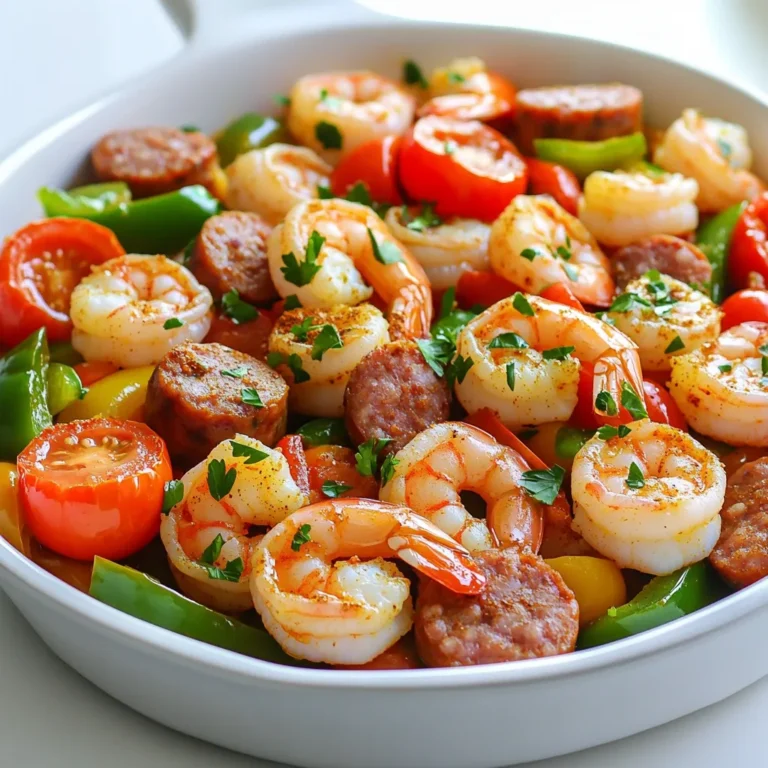 - 1 pound large shrimp, peeled and deveined - 8 ounces smoked sausage, sliced - 1 red bell pepper, diced - 1 green bell pepper, diced - 1 medium onion, chopped - 3 cloves garlic, minced - 2 cups cherry tomatoes, halved - 2 tablespoons Cajun seasoning - 1 teaspoon paprika - 1 cup chicken broth - 2 tablespoons olive oil - 1 tablespoon fresh parsley, chopped (for garnish) - Salt and pepper to taste You can change a few ingredients if needed. If you don’t have large shrimp, use medium shrimp. Chicken sausage works well if you want a lighter option. Red and green bell peppers add color, but you can use yellow or orange if that’s what you have. For a twist, try using diced zucchini or mushrooms. If you are short on Cajun seasoning, make your own with paprika, cayenne, and dried herbs. When measuring, use dry measuring cups for solids. For liquids, use a clear measuring cup with markings. Always level off dry ingredients with a knife for accuracy. If you need garlic, use fresh for the best taste. Minced garlic adds a stronger flavor, so one clove is often enough. For chopped items like onion and peppers, try to keep the pieces even. This helps them cook at the same rate. Start by heating 2 tablespoons of olive oil in a large skillet over medium heat. Once hot, add 8 ounces of sliced smoked sausage. Cook for about 5 minutes until the sausage is browned. This step adds great flavor. Next, add 1 chopped onion, 1 diced red bell pepper, and 1 diced green bell pepper. Cook these for another 5 minutes until they are soft. This mix gives your dish a nice crunch and color. Now, it's time to add the shrimp. First, stir in 3 minced garlic cloves and cook for 1 minute until you smell that great aroma. Then, sprinkle 2 tablespoons of Cajun seasoning and 1 teaspoon of paprika over the mixture. Stir well to coat everything in spice. Add 2 cups of halved cherry tomatoes and pour in 1 cup of chicken broth. Bring this mix to a simmer. Let it cook for about 5 minutes, so the sauce thickens. After that, add 1 pound of peeled and deveined shrimp to the skillet. Cook for about 3 to 4 minutes. The shrimp should turn pink and be fully cooked. Keep an eye on them so they don't overcook. Once the shrimp is done, taste and adjust with salt and pepper. This step is key for bringing out all the flavors. Remove the skillet from the heat. Finally, garnish your dish with 1 tablespoon of chopped fresh parsley. This not only adds a pop of color but also a fresh taste. Serve hot and enjoy your flavorful Cajun shrimp and sausage skillet! When picking shrimp, look for clear shells. Fresh shrimp should smell like the ocean, not fishy. Their color should be bright and not dull. If the shrimp feel firm and springy, they are good. Avoid shrimp with black spots or a slimy feel. One common mistake is overcooking the shrimp. Shrimp cook fast; they turn pink in just a few minutes. If you leave them too long, they can become tough. Another mistake is using too much salt. Cajun seasoning adds flavor, so use it wisely. Lastly, don’t skip the fresh parsley. It adds a nice touch at the end. Want more heat? Add a pinch of cayenne pepper or red pepper flakes. If you prefer less spice, use less Cajun seasoning. You can also add some cream to cool it down. Mixing in a little sour cream can balance the heat well. Always taste as you go to find your perfect flavor. {{image_2}} You can make this dish heartier by adding rice. Cook one cup of rice in a pot. While the rice cooks, follow the main recipe for the Cajun shrimp and sausage. Once the shrimp and sausage are ready, stir in the cooked rice. This makes a one-pan meal that is filling and tasty. If you want a keto version, swap the sausage for a low-carb option. Use zucchini or cauliflower rice instead of regular rice. They add great texture and cut carbs. You can also increase the shrimp to boost protein. This meal will keep you satisfied while staying low in carbs. For a vegetarian or vegan take, skip the shrimp and sausage. Use mushrooms or jackfruit as the main protein source. They soak up flavors well and give a nice texture. Replace chicken broth with vegetable broth. You still get a tasty dish packed with veggies. Store any leftover Cajun shrimp and sausage skillet in an airtight container. Let the dish cool to room temperature first. This way, you keep all the flavors and freshness. Refrigerate the leftovers for up to three days. If you want to enjoy it later, you can freeze it. To reheat, use a skillet over medium heat. Add a splash of chicken broth to prevent sticking. Stir often until heated through. You can also use a microwave. Place the food in a microwave-safe bowl. Heat in short bursts, stirring in between, until hot. If you want to freeze this dish, do it as soon as possible. Store it in a freezer-safe container. It can last up to two months in the freezer. When ready to eat, thaw it overnight in the fridge. Then, reheat it as mentioned above. Avoid refreezing once it's thawed. This keeps the shrimp tender and flavorful. Yes, you can use frozen shrimp. Just thaw them first. Place them in cold water for about 15 minutes. This helps the shrimp cook evenly. I prefer fresh shrimp for taste, but frozen works well too. Smoked sausage is the best choice. It adds great flavor and richness. I like andouille sausage for a classic Cajun taste, but any smoked sausage will do. Just pick a type you enjoy. To spice it up, add more Cajun seasoning. You can also mix in some hot sauce. If you want extra heat, chop up a fresh jalapeño. This will make each bite fiery and delicious. Adjust the spice to fit your taste! This blog covered everything you need for a great shrimp and sausage dish. We discussed ingredients, cooking steps, and how to store leftovers. I shared tips to adjust spice levels and suggested fun variations, too. Remember, cooking is about experimenting and enjoying the process. You can make this dish your own, so try different flavors. Happy cooking, and enjoy your meal!