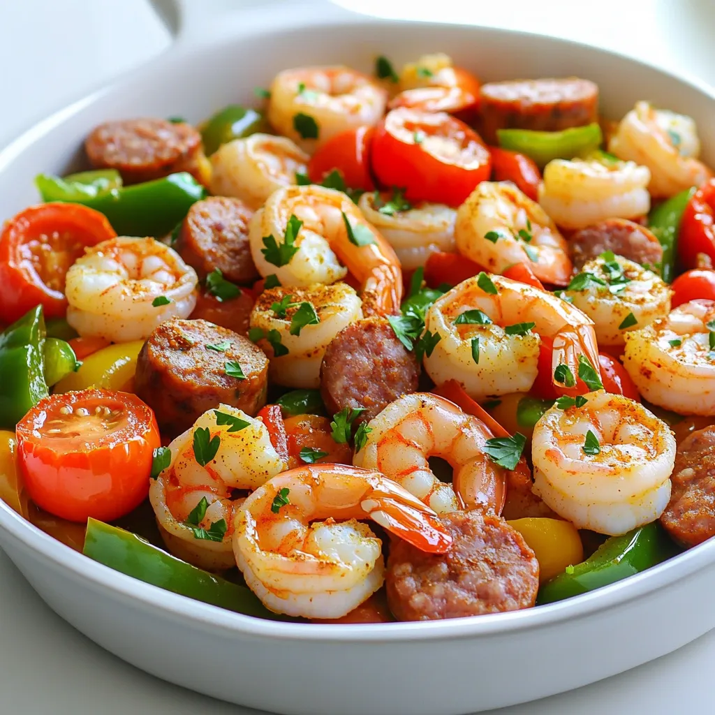 - 1 pound large shrimp, peeled and deveined - 8 ounces smoked sausage, sliced - 1 red bell pepper, diced - 1 green bell pepper, diced - 1 medium onion, chopped - 3 cloves garlic, minced - 2 cups cherry tomatoes, halved - 2 tablespoons Cajun seasoning - 1 teaspoon paprika - 1 cup chicken broth - 2 tablespoons olive oil - 1 tablespoon fresh parsley, chopped (for garnish) - Salt and pepper to taste You can change a few ingredients if needed. If you don’t have large shrimp, use medium shrimp. Chicken sausage works well if you want a lighter option. Red and green bell peppers add color, but you can use yellow or orange if that’s what you have. For a twist, try using diced zucchini or mushrooms. If you are short on Cajun seasoning, make your own with paprika, cayenne, and dried herbs. When measuring, use dry measuring cups for solids. For liquids, use a clear measuring cup with markings. Always level off dry ingredients with a knife for accuracy. If you need garlic, use fresh for the best taste. Minced garlic adds a stronger flavor, so one clove is often enough. For chopped items like onion and peppers, try to keep the pieces even. This helps them cook at the same rate. Start by heating 2 tablespoons of olive oil in a large skillet over medium heat. Once hot, add 8 ounces of sliced smoked sausage. Cook for about 5 minutes until the sausage is browned. This step adds great flavor. Next, add 1 chopped onion, 1 diced red bell pepper, and 1 diced green bell pepper. Cook these for another 5 minutes until they are soft. This mix gives your dish a nice crunch and color. Now, it's time to add the shrimp. First, stir in 3 minced garlic cloves and cook for 1 minute until you smell that great aroma. Then, sprinkle 2 tablespoons of Cajun seasoning and 1 teaspoon of paprika over the mixture. Stir well to coat everything in spice. Add 2 cups of halved cherry tomatoes and pour in 1 cup of chicken broth. Bring this mix to a simmer. Let it cook for about 5 minutes, so the sauce thickens. After that, add 1 pound of peeled and deveined shrimp to the skillet. Cook for about 3 to 4 minutes. The shrimp should turn pink and be fully cooked. Keep an eye on them so they don't overcook. Once the shrimp is done, taste and adjust with salt and pepper. This step is key for bringing out all the flavors. Remove the skillet from the heat. Finally, garnish your dish with 1 tablespoon of chopped fresh parsley. This not only adds a pop of color but also a fresh taste. Serve hot and enjoy your flavorful Cajun shrimp and sausage skillet! When picking shrimp, look for clear shells. Fresh shrimp should smell like the ocean, not fishy. Their color should be bright and not dull. If the shrimp feel firm and springy, they are good. Avoid shrimp with black spots or a slimy feel. One common mistake is overcooking the shrimp. Shrimp cook fast; they turn pink in just a few minutes. If you leave them too long, they can become tough. Another mistake is using too much salt. Cajun seasoning adds flavor, so use it wisely. Lastly, don’t skip the fresh parsley. It adds a nice touch at the end. Want more heat? Add a pinch of cayenne pepper or red pepper flakes. If you prefer less spice, use less Cajun seasoning. You can also add some cream to cool it down. Mixing in a little sour cream can balance the heat well. Always taste as you go to find your perfect flavor. {{image_2}} You can make this dish heartier by adding rice. Cook one cup of rice in a pot. While the rice cooks, follow the main recipe for the Cajun shrimp and sausage. Once the shrimp and sausage are ready, stir in the cooked rice. This makes a one-pan meal that is filling and tasty. If you want a keto version, swap the sausage for a low-carb option. Use zucchini or cauliflower rice instead of regular rice. They add great texture and cut carbs. You can also increase the shrimp to boost protein. This meal will keep you satisfied while staying low in carbs. For a vegetarian or vegan take, skip the shrimp and sausage. Use mushrooms or jackfruit as the main protein source. They soak up flavors well and give a nice texture. Replace chicken broth with vegetable broth. You still get a tasty dish packed with veggies. Store any leftover Cajun shrimp and sausage skillet in an airtight container. Let the dish cool to room temperature first. This way, you keep all the flavors and freshness. Refrigerate the leftovers for up to three days. If you want to enjoy it later, you can freeze it. To reheat, use a skillet over medium heat. Add a splash of chicken broth to prevent sticking. Stir often until heated through. You can also use a microwave. Place the food in a microwave-safe bowl. Heat in short bursts, stirring in between, until hot. If you want to freeze this dish, do it as soon as possible. Store it in a freezer-safe container. It can last up to two months in the freezer. When ready to eat, thaw it overnight in the fridge. Then, reheat it as mentioned above. Avoid refreezing once it's thawed. This keeps the shrimp tender and flavorful. Yes, you can use frozen shrimp. Just thaw them first. Place them in cold water for about 15 minutes. This helps the shrimp cook evenly. I prefer fresh shrimp for taste, but frozen works well too. Smoked sausage is the best choice. It adds great flavor and richness. I like andouille sausage for a classic Cajun taste, but any smoked sausage will do. Just pick a type you enjoy. To spice it up, add more Cajun seasoning. You can also mix in some hot sauce. If you want extra heat, chop up a fresh jalapeño. This will make each bite fiery and delicious. Adjust the spice to fit your taste! This blog covered everything you need for a great shrimp and sausage dish. We discussed ingredients, cooking steps, and how to store leftovers. I shared tips to adjust spice levels and suggested fun variations, too. Remember, cooking is about experimenting and enjoying the process. You can make this dish your own, so try different flavors. Happy cooking, and enjoy your meal!