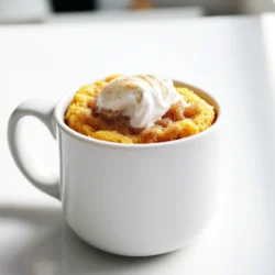 - All-purpose flour: 4 tablespoons - Granulated sugar: 2 tablespoons - Baking powder: 1/8 teaspoon - Baking soda: 1/8 teaspoon - Salt: 1/8 teaspoon - Ground cinnamon: 1 teaspoon + 1/2 teaspoon for topping - Pumpkin puree: 1 tablespoon - Milk (dairy or non-dairy): 3 tablespoons - Vegetable oil: 1 tablespoon - Vanilla extract: 1/4 teaspoon - Brown sugar: 1 tablespoon (for topping) Gathering these ingredients is simple. You likely have most at home. All-purpose flour forms the base. Granulated sugar adds sweetness. Baking powder and baking soda help the cake rise. A pinch of salt balances the flavors. Ground cinnamon brings in warmth and spice. Pumpkin puree adds moisture and flavor. You can use any milk you prefer, even non-dairy. Vegetable oil keeps the cake moist. A dash of vanilla extract gives a lovely aroma. Finally, brown sugar and cinnamon create a sweet topping that makes it special. Make sure to measure accurately for the best results. Each ingredient plays a key role in this tasty treat. Enjoy the process of gathering them together! First, grab a microwave-safe mug. In it, mix these dry ingredients: - 4 tablespoons all-purpose flour - 2 tablespoons granulated sugar - 1/8 teaspoon baking powder - 1/8 teaspoon baking soda - 1/8 teaspoon salt - 1 teaspoon ground cinnamon Stir them well until they blend together nicely. This step is key. A good mix ensures even baking. Now, it's time for the fun part! Add these wet ingredients to your dry mix: - 1 tablespoon pumpkin puree - 3 tablespoons milk (you can use dairy or non-dairy) - 1 tablespoon vegetable oil - 1/4 teaspoon vanilla extract Stir everything together until you have a smooth batter. Make sure there are no lumps. This will help the cake rise well while cooking. In a small bowl, mix together: - 1 tablespoon brown sugar - 1/2 teaspoon cinnamon This will be your delicious topping. Sprinkle it evenly over the cake batter in the mug. Now, place your mug in the microwave. Cook it on high for 1 minute and 30 seconds. Every microwave is a little different, so check it at 1 minute. The cake should puff up and look set in the middle. Let it cool for a minute before digging in. If you want, add a dollop of whipped cream or a scoop of ice cream on top. Enjoy your cozy treat! To get the best texture in your mug cake, make sure your batter is lump-free. This means mixing your dry ingredients very well. Use a fork or a whisk to break up any clumps. When you add the wet ingredients, mix until you see a smooth batter. This smoothness helps the cake rise evenly in the microwave. Microwaves can cook unevenly, so cooking times may change. Start with 1 minute and 30 seconds, then check your cake. If it's not set in the center, add 10 more seconds. Each microwave is different, so keep an eye on it. You want a puffed cake that is firm to the touch. For a special treat, top your mug cake with whipped cream or a scoop of ice cream. This adds a creamy texture and coolness that contrasts nicely with the warm cake. You can also sprinkle extra cinnamon on top for a little extra spice. Enjoy your mug cake while it’s warm for the best experience! {{image_2}} You can easily spice up your Pumpkin Spice Snickerdoodle Mug Cake. Try adding nutmeg or ginger for a warm twist. These spices bring out the cozy fall flavors even more. A dash of nutmeg can add a nice depth. Ginger offers a lovely zing that complements pumpkin perfectly. Experimenting with these flavors lets you create your own unique mug cake. If you need gluten-free options, swap the all-purpose flour with a gluten-free blend. Many brands offer a good mix that works well for baking. For those avoiding dairy, use non-dairy milk like almond or oat milk. The pumpkin puree is naturally dairy-free, so your cake stays rich and moist. These changes let everyone enjoy this treat without worry. For a richer mug cake, consider adding chocolate chips or nuts. A handful of chocolate chips will melt beautifully, creating gooey pockets of chocolate. Chopped nuts, like pecans or walnuts, can add a nice crunch. Both options enhance the texture and flavor, making your mug cake even more delightful. Personalizing your cake with these add-ins is fun and easy. I love this mug cake fresh from the microwave. The warm pumpkin spice flavor is so cozy. Enjoy it right away for the best taste and texture. If you have leftovers, they can last for a day or two. Just remember, it may dry out a bit when stored. Keep it in an airtight container. If you want to enjoy it later, make sure to store it in the fridge. If you have leftover mug cake, don't worry! You can reheat it easily. Place the mug in the microwave. Heat it for about 20 to 30 seconds. Check to see if it’s warm throughout. If it needs more time, heat in 10-second bursts. This helps keep it soft and tasty. If you want to add a bit of moisture, consider adding a small splash of milk before heating. Enjoy every bite! Yes, you can easily make more than one mug cake. To double the recipe, use: - 8 tablespoons all-purpose flour - 4 tablespoons granulated sugar - 1/4 teaspoon baking powder - 1/4 teaspoon baking soda - 1/4 teaspoon salt - 2 teaspoons ground cinnamon - 2 tablespoons pumpkin puree - 6 tablespoons milk - 2 tablespoons vegetable oil - 1/2 teaspoon vanilla extract - 2 tablespoons brown sugar (for topping) - 1 teaspoon cinnamon (for topping) You can mix everything in a larger bowl and divide the batter into two or three mugs. Adjust the microwave time to 1 minute and 30 seconds per mug, checking until set. If you don’t have a mug, don’t worry! You can use any microwave-safe container. Try a small bowl or ramekin. Just make sure it can hold the batter. The cooking time may change slightly, so keep an eye on it. To adjust the sweetness, you can play with the sugar amounts. If you like it sweeter, add an extra half tablespoon of granulated sugar. For a less sweet cake, cut back on the sugar by one tablespoon. You can also try using different sweeteners, like honey or maple syrup. Just remember to adjust the liquid in the recipe a bit if you do. This recipe is simple and fun. We’ve covered all the ingredients and steps needed to make a delicious mug cake. You can tweak flavors and adjust the sweetness for your taste. Remember to aim for a smooth batter for the best texture. Enjoy your treat fresh, or store it for later. With the right techniques, you can make it perfect every time. Now, it’s time to get creative and enjoy your cake!