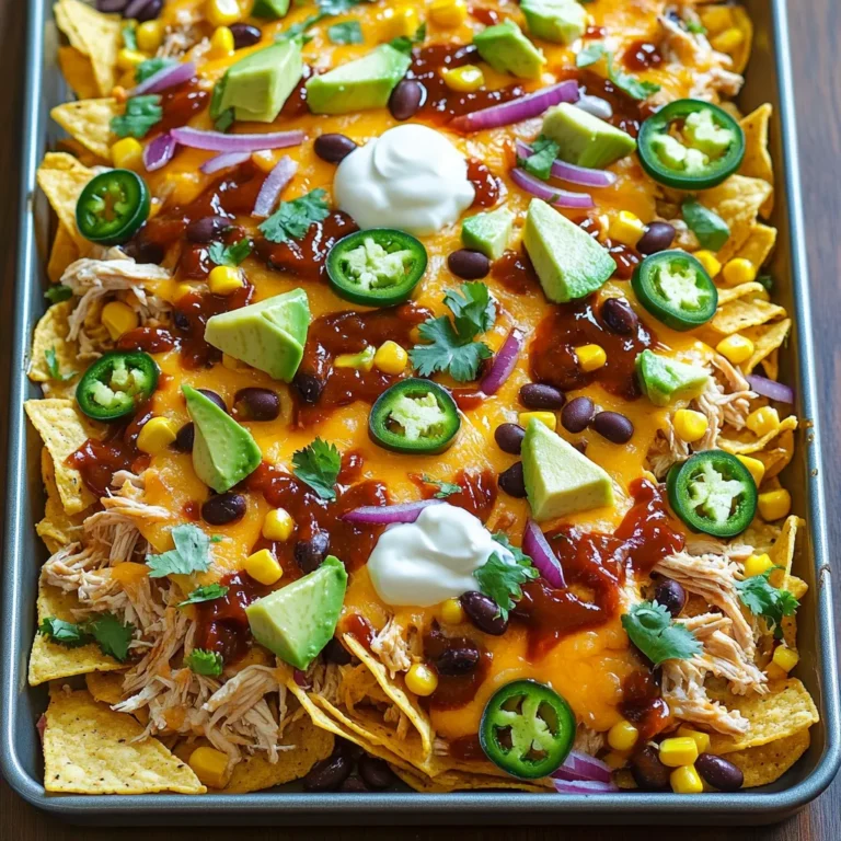 - 2 cups cooked, shredded chicken - 1 cup BBQ sauce (your favorite brand) - 1 bag (13 oz) tortilla chips - 2 cups shredded cheddar cheese - 1 cup black beans, drained and rinsed - 1 cup corn kernels (canned or frozen) - 1 jalapeño, sliced (optional) - 1/2 cup red onion, finely chopped - 1/4 cup fresh cilantro, chopped - 1 avocado, diced - 1/2 cup sour cream (or Greek yogurt) for serving - Salt and pepper to taste To make these nachos pop with flavor, I use cooked, shredded chicken. It’s quick and easy. Just grab your favorite BBQ sauce to coat the chicken. This adds a sweet and smoky taste. Next, you need tortilla chips. Choose sturdy chips that can hold all the toppings. For cheese, shredded cheddar is great. It melts well and has a sharp flavor. Black beans and corn add texture and nutrition. Drain and rinse the beans for the best taste. If you like a kick, add sliced jalapeños. They bring heat without overpowering the dish. Fresh red onion and cilantro give a nice crunch and brightness. Don’t skip the avocado! Its creaminess balances all the flavors. Lastly, don’t forget sour cream or Greek yogurt for the perfect finish. Season with salt and pepper to make everything shine. First, preheat your oven to 400°F (200°C). This step is key for even cooking. While the oven heats, take a medium bowl. Mix the cooked, shredded chicken with your favorite BBQ sauce. Stir until all the chicken is well-coated. Set this mix aside; it will add flavor to your nachos. Now, grab a large baking sheet. Spread out the tortilla chips evenly across the sheet. Make sure to cover the entire pan. This helps every bite be crispy and tasty. Next, add the BBQ chicken mixture on top of the chips. Try to spread it evenly. Then, sprinkle the black beans and corn over the chicken. This adds texture and flavor. It's time for cheese! Generously sprinkle shredded cheddar cheese over everything. Make sure to cover all the ingredients. If you like heat, add sliced jalapeño and chopped red onion on top of the cheese. Place the baking sheet in your preheated oven. Bake for about 10-12 minutes. You want the cheese to melt and bubble. Once done, take the sheet out and let it sit for about 5 minutes. This waiting time helps the cheese set a bit. Before serving, top with diced avocado and fresh cilantro. Add dollops of sour cream on the side. Finally, season with salt and pepper to taste. Enjoy your delicious nachos! To make the best nachos, you need even distribution of ingredients. Start by spreading the tortilla chips out in a single layer on your baking sheet. This helps the chips stay crispy. Next, when you add the BBQ chicken, spread it out evenly. This ensures every chip gets some tasty chicken. To avoid soggy chips, don’t add too many wet toppings at once. Save toppings like sour cream and avocado for the end. This keeps your chips crunchy and delicious! You can easily customize your nachos to fit your taste. If you don’t like black beans, try pinto beans or leave them out. You can also switch up the cheese. Cheddar is great, but pepper jack adds a nice kick. Want more heat? Add extra jalapeños or try spicy BBQ sauce. You can also mix in your favorite spices. Cumin or smoked paprika can add a fun twist! Pair your nachos with fun sides to make a meal. A fresh green salad or coleslaw adds crunch and balances the rich flavors. For drinks, cold soda or a fruity mocktail works well. If you enjoy beer, a light lager is a great match too. Enjoy your nachos with friends and family for the best experience! {{image_2}} You can add a fun twist by mixing in some fruits. Pineapple works great for this. Its sweetness balances the smoky BBQ flavor. You can also try mango or peaches. Just chop the fruit into small pieces and scatter them on top before baking. If you want a meat-free option, use plant-based proteins. You can swap the chicken for jackfruit or tofu. Both options soak up flavors well. They add a nice texture too. Just make sure to season them with BBQ sauce just like the chicken. Cheese is key for great nachos. While cheddar is a favorite, don’t stop there! You can use Monterey Jack for a milder taste. Pepper Jack adds a spicy kick. Crumbled feta or queso fresco can give a nice twist too. Mix and match to find your perfect blend! After enjoying your nachos, store any leftovers in an airtight container. This keeps them fresh. Make sure to cover the nachos with plastic wrap before sealing the lid. This extra step can help prevent air from getting in. Place your container in the fridge right away. Leftovers can stay good for about 3 days. To reheat your nachos, use the oven for best results. Preheat your oven to 350°F (175°C). Spread the nachos on a baking sheet. Heat them for about 10 minutes. This method keeps the chips crisp. You can also use a microwave if you are in a hurry. Place the nachos on a microwave-safe plate. Heat them for about 30 seconds to 1 minute. Be careful not to overheat, or the chips may get soggy. While nachos are best fresh, you can freeze some parts. The chicken, beans, and corn freeze well. Store these items in a freezer-safe bag. Remove as much air as possible before sealing. For best taste, use them within 2 months. Tortilla chips do not freeze well, as they can become chewy. It’s best to prepare fresh chips when you eat the frozen toppings later. To make nachos for a crowd, you can easily scale the recipe. Simply increase the amounts of each ingredient based on how many people you serve. Use larger baking sheets or multiple sheets to fit all the chips and toppings. Here’s a quick guide: - Chicken: 4 cups for 8 servings - BBQ Sauce: 2 cups - Tortilla Chips: 2 bags (13 oz each) - Cheese: 4 cups shredded - Beans and Corn: 2 cups each This way, everyone gets a generous helping! Yes, you can use homemade BBQ sauce! Making your own sauce can add a personal touch. Here are some tips for a tasty homemade BBQ sauce: - Combine ketchup, brown sugar, vinegar, and spices. - Add garlic powder and onion powder for flavor. - Adjust sweetness and tang to your liking. - Simmer on low heat for 15 minutes to blend flavors. Your homemade sauce can take these nachos to a new level! Pair your nachos with fun sides to make a full meal. Here are some great ideas: - Guacamole: Creamy and delicious. - Pico de Gallo: Fresh and zesty salsa. - Mexican Rice: A filling option. - Refried Beans: Adds more protein. - Corn Salad: Bright and crunchy. These sides will enhance your nacho experience! In this article, we explored how to make delicious BBQ chicken nachos. We covered the key ingredients, step-by-step instructions, and tips for perfect nachos. You can customize them with toppings and variations to suit your taste. Storing and reheating nachos was also discussed to extend your enjoyment. Remember, nachos are fun and easy to make. Enjoy experimenting with flavors and ingredients. Your next snack is just a few steps away!