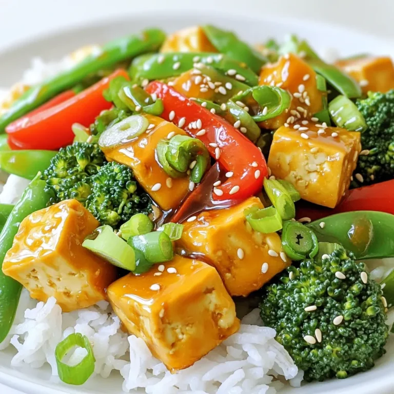 To make Minute Honey Garlic Tofu Stir-Fry, gather these simple ingredients: - 1 block (14 oz) firm tofu, drained and pressed - 3 tablespoons honey - 3 cloves garlic, minced - 1 tablespoon fresh ginger, grated - 2 tablespoons soy sauce - 1 tablespoon sesame oil - 1 red bell pepper, sliced - 1 cup broccoli florets - 1 cup snap peas - 2 green onions, sliced - 1 tablespoon sesame seeds (for garnish) - Cooked rice or quinoa (for serving) If you don’t have firm tofu, you can use extra-firm tofu for better texture. Maple syrup can replace honey for a vegan option. Use garlic powder if you lack fresh garlic. For soy sauce, tamari works well for gluten-free diets. If you want a different oil, try canola or peanut oil. When buying tofu, look for firm or extra-firm types. Check the package for a good date. Fresh tofu has a clean smell and a smooth texture. Avoid tofu with cracks or excessive water. If you can, buy organic tofu for better taste and health benefits. Start by cutting the pressed tofu into bite-sized cubes. This size helps the tofu cook evenly. Next, slice the red bell pepper into strips and chop the broccoli into small florets. Rinse the snap peas to clean them. Finally, slice the green onions thinly. You can use the green tops for color and flavor. In a small bowl, mix together three tablespoons of honey, three minced cloves of garlic, and one tablespoon of grated ginger. Add in two tablespoons of soy sauce and one tablespoon of sesame oil. Whisk this mix well to create a smooth sauce. This sauce adds a sweet and savory flavor to the dish. Heat a drizzle of oil in a large non-stick skillet or wok over medium-high heat. Once hot, add the tofu cubes and cook for 5-7 minutes. Turn them often until they turn golden brown. Pour the honey garlic sauce over the tofu and toss to coat. Cook for an extra two minutes to let the sauce caramelize slightly. Now, add the sliced bell pepper, broccoli, and snap peas to the skillet. Stir-fry for 3-4 minutes until the vegetables are bright and tender-crisp. Remove the skillet from heat. Top with sliced green onions and a sprinkle of sesame seeds. Serve it all over cooked rice or quinoa for a complete meal. Enjoy! Tofu can be tricky, but I have tips. Start with firm or extra-firm tofu. Drain it well and press it to remove water. This helps it soak up flavors. Cut it into small cubes for even cooking. Heat oil in a non-stick skillet over medium-high heat. Cook the tofu for about 5-7 minutes. Turn it often until it is golden brown. This gives it a nice texture. For extra flavor, add the honey garlic sauce at the end. You can serve this dish in many fun ways. I love it over fluffy rice or quinoa. It makes the meal hearty. Top it with sliced green onions and sesame seeds. This adds color and crunch. You can also pair it with a fresh salad on the side. A simple cucumber salad works great. Use chopsticks to eat for a fun twist! Getting the veggies just right is key. Cook the broccoli and snap peas for about 3-4 minutes. You want them tender but still crisp. This keeps their bright color and nutrients. Add the red bell pepper at the same time. It cooks quickly and adds sweetness. If you like softer veggies, you can cook them a bit longer, but watch closely. Overcooked veggies lose their charm. {{image_2}} If you want a vegetarian or vegan dish, this recipe works great! Simply swap honey with maple syrup or agave nectar to keep it plant-based. This small change keeps all the sweet, tasty goodness without using animal products. You can also add more tofu, or even use tempeh for a protein boost. Both options provide a chewy texture, making your stir-fry even more satisfying. Feel free to get creative with your veggies! You can add carrots, zucchini, or bell peppers. Each vegetable adds its own flavor and crunch. Try adding mushrooms for an earthy taste or baby corn for a fun twist. The more colorful your plate, the more appealing it looks. Aim for a mix of textures and colors to keep your meal exciting and healthy. The honey garlic sauce is super flexible. To change it up, you can add chili paste or crushed red pepper for heat. For a tangy kick, add lime juice or rice vinegar. If you want a nutty flavor, toss in some peanut butter. Mixing and matching these options lets you create a sauce that fits your taste perfectly. Don’t be afraid to experiment! To store leftovers, let the stir-fry cool down first. Then, place it in an airtight container. This keeps the flavors fresh. Store it in the fridge for up to three days. Make sure to keep the rice or quinoa separate to avoid sogginess. When you're ready to eat, you can reheat the stir-fry. Use a skillet over medium heat for best results. Add a splash of water or soy sauce to keep it moist. Stir until hot. You can also microwave it for about 2-3 minutes, stirring halfway through for even heating. If you want to freeze it, let the stir-fry cool completely. Then, portion it into freezer-safe bags. Remove as much air as possible to avoid freezer burn. It will last for up to three months in the freezer. When you're ready to eat, thaw it in the fridge overnight before reheating. Yes, you can use different types of tofu. Firm tofu is best for this dish. It holds its shape well during cooking. Soft or silken tofu may break apart. If you want a chewy texture, try extra-firm tofu. Just remember to press it well to remove excess water. This helps it absorb flavors better. Honey garlic tofu stir-fry pairs well with a few sides. Cooked rice or quinoa are great choices. Their flavors complement the sweet and savory sauce. You can also add a simple salad for freshness. Roasted vegetables or steamed greens make a nice addition too. If you want a crunch, serve with some crispy spring rolls. To add spice, you can include red pepper flakes. Start with a pinch and adjust to taste. Sriracha or chili sauce also works well. You can mix a bit into the honey garlic sauce. For fresh heat, try adding sliced jalapeños or Thai bird chilies. Just be careful; a little goes a long way! In this post, we explored honey garlic tofu stir-fry. We covered ingredient lists, quality tofu tips, and easy substitutions. Next, I shared clear steps for prepping, cooking, and making the honey garlic sauce. You learned tricks for perfect tofu cooking and great serving ideas. We also discussed veggie variations, storage methods, and answered some common questions. Enjoy this dish for its taste and healthy benefits. With practice, you will master it!