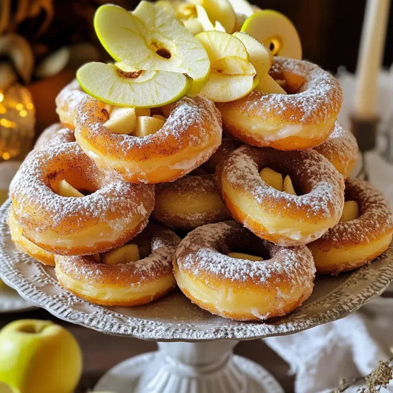 - 2 cups all-purpose flour - 1 cup granulated sugar - ½ cup unsalted butter, melted - 1 tablespoon baking powder - 1 teaspoon baking soda - ½ teaspoon salt - 1 teaspoon ground cinnamon - 1 large apple, peeled and diced - ½ cup brown sugar, packed When you make these donuts, choose high-quality ingredients. The flour should be fresh for best results. Granulated sugar adds sweetness and helps with texture. Melted butter gives the donuts a rich taste. The baking powder and baking soda help the donuts rise. Do not skip the salt; it enhances all the flavors. Cinnamon is key for that warm, cozy taste. I love using a large apple, like a Granny Smith. Its tartness balances the sweetness. Diced apples add moisture and texture to each bite. Lastly, brown sugar brings a deep flavor and a hint of caramel. With these ingredients, you set the stage for delicious apple cinnamon coffee cake donuts. Each bite will be a delightful blend of sweet and spice. - Preheat the oven and prepare the donut pan: Start by heating your oven to 350°F (175°C). Grease your donut pan with cooking spray or butter. This helps the donuts come out easily. - Prepare dry ingredients: In a large bowl, mix together 2 cups of all-purpose flour, 1 cup of granulated sugar, 1 tablespoon of baking powder, 1 teaspoon of baking soda, 1 teaspoon of ground cinnamon, and ½ teaspoon of salt. Whisk well until everything is combined. - Combine wet ingredients and blend them into dry ingredients: In another bowl, mix ½ cup of melted unsalted butter, 1 cup of buttermilk, 2 large eggs, and 1 teaspoon of vanilla extract. Stir until the mixture is smooth. Pour the wet mix into the dry ingredients. Stir gently until just combined. Be careful not to overmix. - Fold in the diced apple: Take 1 large peeled and diced apple and gently fold it into the batter. This adds a lovely texture and flavor to the donuts. - Fill donut cavities and add topping mixture: In a small bowl, mix ½ cup of packed brown sugar with 1 teaspoon of cinnamon and ½ cup of chopped walnuts, if you like. Fill each donut cavity about halfway with the batter. Sprinkle about a teaspoon of the topping mixture on top. - Bake and cool the donuts: Top each cavity with more batter until they are about three-quarters full. Bake in the preheated oven for 10-12 minutes. Check with a toothpick; it should come out clean. Allow the donuts to cool in the pan for 5 minutes, then transfer them to a wire rack to cool completely. To make the best apple cinnamon coffee cake donuts, avoid overmixing the batter. When you mix too much, the donuts turn out dense. Stir the wet and dry ingredients until just combined. This keeps them light and fluffy. For a fluffy texture, use room-temperature ingredients. Cold butter or eggs can cause the batter to clump. When you use warm butter and eggs, the donuts rise better as they bake. Serve your donuts on a tiered cake stand. This makes a lovely display. Dust the donuts with powdered sugar for a sweet touch. Add thin apple slices around the stand for color and freshness. You can also sprinkle a bit of cinnamon on top. This adds a pop of flavor and looks great. Want to try something new? You can add different spices like nutmeg or cardamom. These flavors pair well with apples and cinnamon. If you like nuts, chop some walnuts or pecans. Fold them into the batter for extra crunch. For toppings, think about drizzling caramel or chocolate glaze. You can even use a simple vanilla glaze to change it up. {{image_2}} You can make your donuts healthier. Try using whole wheat flour instead of all-purpose flour. Whole wheat flour adds fiber and nutrients. You can also cut sugar by using natural sweeteners like honey or maple syrup. These options keep the sweet flavor without the extra calories. Seasons can inspire your baking. For fall, add pumpkin to the batter for a cozy taste. It adds moisture and flavor. You can also swap out apples for pears in the recipe. Pears bring a soft sweetness that pairs well with cinnamon. If you need a gluten-free option, substitute all-purpose flour with gluten-free flour blends. These blends often include rice flour and tapioca starch. Make sure to check for other gluten-free ingredients too. Baking soda and baking powder should be gluten-free, but always read the labels. To keep your apple cinnamon coffee cake donuts fresh for a few days, store them in an airtight container. This keeps moisture in and prevents them from drying out. You can leave them at room temperature for up to three days. If you want to store them in the fridge, they can last up to a week. However, the fridge may make them a bit dry. For long-term storage, freezing is your best option. Wrap each donut in plastic wrap and place them in a freezer bag. This helps avoid sogginess when you thaw them. To reheat, simply take one donut out and let it sit at room temperature for about 30 minutes. Then, warm it in the oven at 350°F for about 5 minutes. This keeps the texture nice and fluffy. Check for spoilage by looking for mold or a dry texture. If the donuts smell off or have changed color, it’s best to toss them. To dispose of them, seal them in a bag to prevent attracting pests. Always trust your senses when it comes to food safety! These donuts stay fresh for about 2-3 days at room temperature. Store them in an airtight container. If you want them to last longer, refrigerate them for up to a week. You can also freeze them for up to three months. Just wrap each donut well before freezing. When ready to eat, thaw them at room temperature or warm them in the oven. Yes, you can make the batter ahead of time. Mix the dry and wet ingredients separately. Keep them in the fridge for up to 24 hours. When you are ready to bake, just combine them and fold in the apples. This saves time and keeps the donuts fresh. Granny Smith apples work best for this recipe. They add a nice tartness that balances the sweetness. Other good options are Honeycrisp or Fuji apples. Both add sweetness and a great texture to the donuts. Make sure to peel and dice the apples before adding them to the batter. This article covered how to make delicious apple cinnamon coffee cake donuts. We discussed the key ingredients, step-by-step instructions, and tips to perfect your donuts. You learned about healthy and gluten-free options, plus how to store your donuts for the best taste. Remember, baking is fun and creative. Experiment with flavors and enjoy your time in the kitchen. Happy baking!