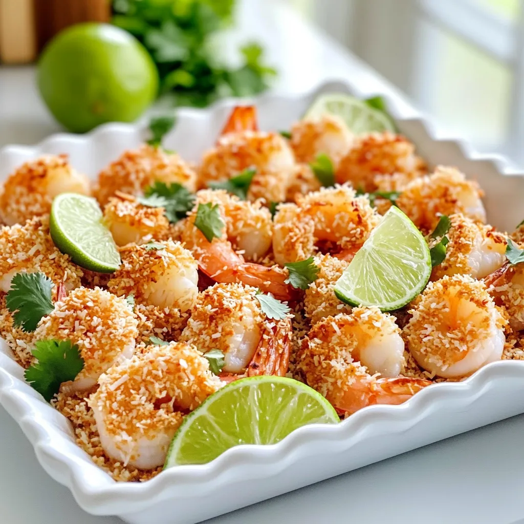 - 1 pound large shrimp, peeled and deveined - 1 cup all-purpose flour - 2 large eggs, beaten - 1 cup unsweetened shredded coconut - 1 cup panko breadcrumbs - 1 teaspoon garlic powder - 1 teaspoon onion powder - 1 teaspoon paprika - Salt and pepper to taste - Air fryer - Shallow bowls for coating - Cooking spray Gather these ingredients and tools before you start. The shrimp should be large and fresh for the best taste. The flour adds a nice base for the coating. Eggs help the coconut and breadcrumbs stick to the shrimp. I like to use unsweetened coconut for a natural taste. Panko breadcrumbs give that extra crunch you want. The seasonings are key to flavor. Garlic powder and onion powder add depth. Paprika gives a slight kick and color. Don’t forget to add salt and pepper to bring out all the flavors. You will need a good air fryer for cooking. It makes the shrimp crispy without a lot of oil. Shallow bowls help with the coating process. Finally, a cooking spray is essential to prevent sticking and to ensure a crisp finish. - Preheat air fryer to 400°F (200°C). - In a shallow bowl, mix flour, garlic powder, onion powder, paprika, salt, and pepper. - Beat the eggs in a second shallow bowl until well combined. - Dip each shrimp into the flour mixture, coating all sides. - Next, coat the floured shrimp in the beaten eggs. - Roll the shrimp in the coconut and panko mixture, pressing lightly to stick. - Arrange the shrimp in a single layer in the air fryer basket. - Lightly spray with cooking spray to enhance crispiness. - Cook at 400°F (200°C) for 8-10 minutes, flipping halfway through. This method gives you crispy, golden shrimp with a tasty coconut crunch. Enjoy! - Use a light coating of flour and panko. - Make sure to spray cooking spray liberally. To get that perfect crunch, the amount of flour and panko matters. When you coat the shrimp, do it lightly. Too much can weigh them down. The spray helps create a crispy layer. It also prevents sticking in the air fryer. - Watch cooking times closely for your desired doneness. - Know how your air fryer cooks. Every air fryer can be a little different. I often check my shrimp at the 8-minute mark. If they look golden brown, they are likely ready. If not, give them a minute or two more. This step is key to avoid overcooking. - Pair the crispy shrimp with sweet chili sauce. - Garnish with fresh lime wedges and cilantro. A nice touch is to serve the shrimp on a platter. The sweet chili sauce gives a nice dip. Lime wedges add a burst of flavor. Cilantro brings a fresh look and taste. These little details make your dish shine! {{image_2}} You can easily change the flavor of your coconut shrimp. Try adding shredded cheese to the coconut mix. It gives a nice twist. You can also spice things up! Adding cayenne or curry powder gives a warm kick. Just a pinch can change the whole dish. If you need a gluten-free option, use gluten-free flour instead of regular flour. This keeps the breading crispy. You can also switch shrimp for chicken tenders or tofu. These options work well and taste great. For more crunch, try double breading your shrimp. First, coat the shrimp in flour, then in eggs, and back to flour before the final coconut mix. This makes a thicker layer. Adjust the cooking time by a couple of minutes if the coating is thicker. You want that perfect crunch! Cool your shrimp completely before storing. This keeps them fresh longer. Use an airtight container. It helps prevent moisture and keeps them crispy. The best way to reheat shrimp is in the air fryer. Set it to 350°F (175°C) for about 3-5 minutes. This method keeps the shrimp crispy. You can also use the oven. Preheat it to 350°F (175°C) and bake for 5-7 minutes. If you use a microwave, the shrimp may lose their crunch. Heat for 30 seconds, then check. You can freeze both uncooked and cooked shrimp. For uncooked, place them in a single layer on a baking sheet. Once frozen, transfer to a freezer bag. For cooked shrimp, let them cool, then pack them in a freezer bag. Always label your bags with the date. To thaw, place them in the fridge overnight. You can also use cold water if you need them faster. Just seal them in a bag and submerge. Yes, you can use frozen shrimp! First, you need to thaw them. Place the shrimp in a bowl of cold water for about 15-20 minutes. Change the water halfway through to speed up the thawing. Once thawed, pat them dry with paper towels. This helps remove excess moisture and ensures a crispy finish. After that, follow the recipe as usual. Several common mistakes can lead to soggy shrimp. First, if the shrimp are too wet, the coating won't stick well. Always dry the shrimp before coating. Also, using too much or too little cooking spray can affect crispiness. Make sure to spray lightly but evenly. Lastly, overcrowding the air fryer basket can trap steam, which makes them soggy. Cook in small batches for the best results. Sweet chili sauce is a classic choice! It adds a nice balance of sweet and spicy. You could also try a tangy mango salsa for a fresh twist. For something rich, a creamy coconut or lime aioli works great, too. Feel free to experiment and find your favorite sauce to pair with the crispy coconut shrimp! This guide shows you how to make tasty coconut shrimp in an air fryer. We covered the key ingredients, easy steps, tips for crispiness, and serving ideas. Cooking at home can be fun and rewarding. Whether you’re impressing guests or enjoying a snack, this recipe is a winner. Don’t forget to try the variations to keep it interesting. With these tips, you can enjoy delicious shrimp any time. Dive into your kitchen and get started!