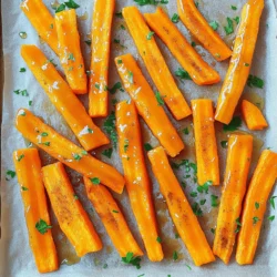 - 4 large carrots - 2 tablespoons olive oil - 3 tablespoons pure maple syrup - 1 teaspoon cinnamon - 1/2 teaspoon nutmeg - Salt and pepper to taste The main ingredients for Maple Glazed Carrot Fries are simple but full of flavor. You start with large carrots. They should be fresh and firm. Olive oil adds richness. Maple syrup gives a sweet touch. Cinnamon and nutmeg bring warmth. Salt and pepper enhance the taste. Together, they create a tasty snack. - Fresh parsley, chopped To make the dish pop, garnish with fresh parsley. This adds color and freshness. It also brightens the sweet flavors in the fries. Chopped parsley is easy to add. Just sprinkle it on right before serving. This small step makes a big difference in appearance and taste. First, preheat your oven to 425°F (220°C). This heat will make the fries crispy. Next, take your large carrots. Peel them and then cut them into fry shapes. Aim for uniform sizes to cook evenly. In a large bowl, add the carrot fries. Pour in 2 tablespoons of olive oil. This oil helps the fries cook well. Now, drizzle 3 tablespoons of pure maple syrup over the carrots. This syrup gives a sweet flavor. Next, add 1 teaspoon of cinnamon and 1/2 teaspoon of nutmeg. Sprinkle some salt and pepper to taste. Toss everything well to coat the fries evenly. Spread the carrot fries on a baking sheet. Make sure to arrange them in a single layer. This spacing helps them cook evenly. Place the baking sheet in the oven. Bake for about 20-25 minutes. Flip the fries halfway through. This helps them brown nicely. Once they are tender and caramelized, take them out. Let them cool for a minute. Finally, garnish with freshly chopped parsley before serving. Enjoy your savory and sweet carrot fries! To get the best fries, spacing is key. I always lay the carrot fries in a single layer. If they touch, they may steam instead of crisp. This can make them soggy. I also recommend flipping them halfway through cooking. This helps them brown evenly on all sides. Use a spatula to flip them gently. This keeps them intact and perfect! You can boost the flavor of your carrot fries easily. Try adding a pinch of chili powder for some heat. Garlic powder also works great if you like a savory touch. Fresh herbs are another good option. Pair the fries with a yogurt dip or a tangy sauce. A simple garlic aioli can elevate your snack. These additions will make your Maple Glazed Carrot Fries stand out! {{image_2}} You can switch maple syrup for honey or agave syrup. Both add a nice sweetness. Honey brings a rich flavor, while agave is mild and smooth. Each choice gives a unique twist to the fries. Try them and see which one you like best! Adding chili powder can give your carrot fries a kick. It adds heat that balances the sweetness. You can also mix in garlic powder for a savory touch. Garlic and maple make a great pair! Don't forget to try different herbs, too. Fresh thyme or rosemary can bring new flavors to your dish. Experiment with what you have at home. Each spice can change the taste in fun ways. Enjoy being creative! To store leftover carrot fries, let them cool first. Place them in an airtight container. Make sure to separate layers with parchment paper. This helps avoid sticking. Store them in the fridge for up to three days. If you want to keep them longer, consider freezing them. The best way to reheat carrot fries is in the oven. Preheat your oven to 375°F (190°C). Place the fries on a baking sheet. Bake for about 10 minutes. This method keeps them crispy. You can also use an air fryer. Set it to 350°F (175°C) and heat for about 5 minutes. Avoid using the microwave. It makes the fries soggy and soft. If you must use it, heat them in short bursts. Check often to prevent them from losing texture. Enjoy your tasty maple glazed carrot fries again! Yes, you can use baby carrots. They are smaller and may not need cutting. Just keep in mind that they may cook faster. Check for doneness a few minutes early. If you want more flavor, slice them in half lengthwise. This helps the glaze stick better. To make crispy carrot fries, follow these tips: - Make sure the oven is hot before baking. - Space the fries out on the baking sheet. This allows air to circulate. - Flip the fries halfway through cooking. This helps them brown evenly. - Bake them longer if needed. Keep an eye on them to avoid burning. Yes, Maple Glazed Carrot Fries are a healthy snack. Carrots are high in vitamins and fiber. The olive oil adds healthy fats. Maple syrup gives a touch of sweetness without added chemicals. You can enjoy these fries guilt-free! In this blog post, we explored how to make tasty maple glazed carrot fries. We covered the main ingredients, step-by-step instructions, and helpful tips to ensure even cooking. You learned about flavor variations and how to store leftovers properly. Creating these fries is fun and easy. They taste great and add color to any meal. So, try this recipe and enjoy a healthy twist on fries! You won't be disappointed.