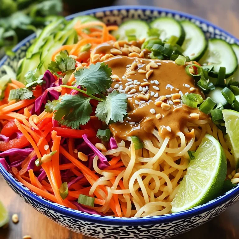 - 8 oz rice noodles - 1 cup shredded carrots - 1 red bell pepper, thinly sliced - 1 cucumber, julienned - 1 cup red cabbage, shredded - 1/4 cup fresh cilantro, chopped - 1/4 cup green onions, sliced - 1/4 cup peanuts, crushed (plus extra for garnish) Rice noodles are the base of this dish. They soak up the flavors very well. Next, we have fresh vegetables. Shredded carrots bring a nice crunch and sweetness. The red bell pepper adds color and flavor. Julienned cucumber offers a cool bite. Red cabbage not only looks great but also adds a hearty texture. Finally, fresh cilantro and green onions give a burst of freshness. - 1/3 cup peanut butter (smooth) - 2 tablespoons soy sauce - 1 tablespoon sesame oil - 1 tablespoon lime juice - 1 tablespoon honey or maple syrup - 1-2 teaspoons sriracha (to taste) - 1 teaspoon grated ginger - 1 clove garlic, minced For the dressing, peanut butter is key to that rich taste. Soy sauce adds depth and saltiness. Sesame oil gives a nutty flavor, while lime juice brightens the mix. Honey or maple syrup brings a touch of sweetness. Sriracha adds heat, so adjust it to your liking. Grated ginger and minced garlic enhance the overall taste, making this dressing truly special. To cook the rice noodles, start by bringing a large pot of salted water to a boil. Once it boils, add the noodles and cook according to the package instructions until they are al dente. This usually takes about 4 to 6 minutes. After cooking, drain the noodles in a colander. Rinse them under cold water. This stops the cooking and keeps the noodles from sticking together. While the noodles cook, you can prepare the vegetables. First, shred the carrots and slice the red bell pepper into thin strips. Next, julienne the cucumber for a nice crunch. Lastly, shred the red cabbage. Once all the veggies are ready, place them in a large mixing bowl. This bowl will hold all your fresh ingredients. Now it's time to make the dressing. In a small bowl, whisk together the peanut butter, soy sauce, sesame oil, lime juice, honey or maple syrup, sriracha, grated ginger, and minced garlic. Mix until everything is smooth. If the dressing seems too thick, add a tablespoon of water at a time until it reaches a good consistency. You want it pourable but not too runny. For the final assembly, add the cooled rice noodles to the bowl with the vegetables. Pour the dressing over the top. Toss everything together gently. Make sure the noodles and veggies are well coated in the dressing. Taste the salad. If needed, adjust the seasoning by adding more soy sauce, lime juice, or sriracha to suit your taste. To make the dressing just right, focus on consistency. If it feels too thick, add a bit of water. Mix in one tablespoon at a time until it flows smoothly. For flavor, balance the salty soy sauce with a bit of lime juice. It brightens the taste. If you love spice, adjust the sriracha to your liking. Start small, and taste as you go. To keep your veggies fresh, cut them right before serving. This maintains their crunch. Use a sharp knife for clean cuts. If you want variety, try adding bell peppers or snap peas. They add color and taste. You can even swap in zucchini for cucumber or use kale instead of cabbage. The options are endless. For a great presentation, serve the salad in a large bowl. This shows off the colorful veggies. You can also use individual bowls for a fun touch. Garnish with extra crushed peanuts and fresh cilantro on top. A sprinkle of sesame seeds adds texture. Lime wedges not only look nice but also offer a fresh squeeze when eating. {{image_2}} For a protein boost, you can add grilled chicken or tofu. Both options pair well with the salad's flavors. Grilled chicken adds a nice savory taste, while tofu gives a soft texture. You can also use shrimp or beef for a heartier meal. Shrimp cooks quickly and adds a sweet flavor. Beef gives the salad a rich taste. If you need gluten-free options, rice noodles are the best choice. They are naturally gluten-free and easy to work with. You can also try zucchini noodles for a fresh twist. For a vegan dressing, substitute honey with maple syrup. This keeps the dressing sweet while staying plant-based. To control the heat, you can reduce the sriracha in the dressing. For mild alternatives, use just a pinch of sriracha. This keeps the salad tasty without too much spice. If you love heat, add more sriracha or even some chili flakes. This will kick up the flavor and give a nice zing. Store the Spicy Thai Peanut Noodle Salad in an airtight container. This keeps it fresh and safe. Glass or plastic containers work well. The salad lasts up to three days in the fridge. After that, the veggies lose their crunch. The dressing may also separate. Reheating this salad is not necessary. It tastes best cold or at room temperature. If you do want to warm it, heat it gently in a pan. Avoid high heat to keep the noodles soft. For a refreshing bite, serve it cold straight from the fridge. You can also let it sit at room temperature for a short time before serving. This helps the flavors come alive. Enjoy your vibrant salad! You can use several noodle types instead of rice noodles. Here are some options: - Soba noodles: These are made from buckwheat and add a nutty flavor. - Udon noodles: Thick and chewy, they work well for a hearty salad. - Zucchini noodles: A fresh, low-carb choice that adds crunch. - Spaghetti: Regular pasta can substitute in a pinch, though it changes the flavor. Each noodle type brings a unique taste and texture. Feel free to experiment! Yes, you can prepare this salad ahead of time. Here’s how: - Prepare the noodles: Cook and cool them as directed. - Chop the veggies: Cut and store them in the fridge. - Make the dressing: Whisk the dressing and keep it in a jar. When you’re ready to serve, mix all parts together. This keeps everything fresh and tasty! The spice level can be adjusted to your taste. The base recipe includes sriracha, which adds heat. Here’s how to control it: - Mild: Use no sriracha or just a pinch. - Medium: Add 1 teaspoon of sriracha for a nice kick. - Spicy: Increase to 2 teaspoons or more for heat lovers. Taste as you go, and make it perfect for your palate! Spicy Thai Peanut Noodle Salad is fresh, tasty, and easy to make. We covered main ingredients like rice noodles, fresh veggies, and a rich peanut dressing. You learned about cooking techniques, perfecting the dressing, and creative variations. Remember, you can change protein options, spice levels, and even prep ahead to save time. Use these tips to create a salad you'll love. Enjoy your meal, share with friends, and explore the fun of Thai flavors!