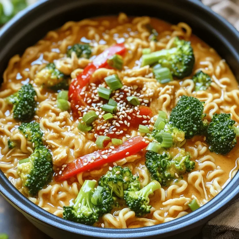 - 2 boneless, skinless chicken breasts, thinly sliced - 4 cups chicken broth - 200g ramen noodles - 1 cup broccoli florets - 1 red bell pepper, sliced - 1 carrot, julienned - 1/3 cup creamy peanut butter - 3 tablespoons soy sauce - 2 tablespoons sriracha (adjust for spice) - 1 tablespoon fresh ginger, grated - 2 cloves garlic, minced - 1 tablespoon sesame oil To start, you need good quality chicken. I prefer boneless and skinless breasts for easy cooking. They cook fast and absorb flavors well. Next, ramen noodles are key. They add a nice chewiness. For crunch and color, load up on fresh vegetables. Broccoli, red bell pepper, and carrots are my go-tos. Peanut butter gives the dish its creamy texture. It pairs well with the savory soy sauce and spicy sriracha. Fresh ginger and garlic add depth, making each bite flavorful. Sesame oil adds a nice finish and aroma to the dish. - 2 green onions, sliced (for garnish) - 1 tablespoon sesame seeds (for garnish) Garnishes make your dish pop! I like to use green onions for their freshness. They add a bright touch. Sesame seeds give a nice nutty flavor and a bit of crunch. - Large pot - Measuring cups and spoons - Cutting board and knife To cook this dish, you need a large pot. It holds everything as it simmers. Measuring cups and spoons help you get the right amounts. A cutting board and knife are essential for slicing chicken and veggies. Having the right tools makes cooking easier and more fun! - Start by slicing the chicken breasts into thin pieces. - Next, chop your vegetables: slice the red bell pepper, julienne the carrot, and cut the broccoli into small florets. - Measure out ingredients like peanut butter, soy sauce, and sriracha. - In a large pot, heat the sesame oil over medium heat. - Add the sliced chicken and sauté it for about 5 to 7 minutes. Cook until it turns golden brown and is no longer pink. - Once the chicken is done, add minced garlic and grated ginger. Stir for about 1 minute until you smell the aroma. - Pour in the chicken broth and bring it to a gentle boil. - Stir in the creamy peanut butter, soy sauce, and sriracha. Mix well until the peanut butter melts into the broth. - Add the ramen noodles, broccoli, red bell pepper, and carrot to the pot. - Cook according to the noodle package instructions, usually about 4 to 5 minutes. You want the noodles to be tender, while the veggies stay slightly crisp. - After cooking, remove the pot from the heat and let it sit for a couple of minutes. - Serve hot in bowls, garnished with sliced green onions and sesame seeds. To make your ramen spicy, use sriracha. You can add more or less based on your taste. If you want more depth, try adding garlic powder or onion powder. Both add a nice kick. You can also use lime juice for brightness. A touch of fish sauce can bring umami too. For sautéing chicken, slice it thin. This way, it cooks fast and evenly. Heat the sesame oil on medium heat before adding the chicken. Stir often so it browns nicely. For vegetables, add them at the right time. Broccoli and bell peppers should stay crisp. Add them in the last few minutes of cooking. This keeps them vibrant and fresh. Pair your ramen with a simple side salad. A light green salad gives a nice crunch. You can also serve it with steamed rice for more carbs. Top your ramen with green onions and sesame seeds for a pretty finish. Enjoy your meal with friends for a fun time! {{image_2}} You can swap chicken for tofu or shrimp. Tofu adds a nice texture and absorbs the sauce well. Choose firm tofu for the best result. If you like shrimp, they cook fast and add a sweet flavor. Just add them in the last few minutes to avoid overcooking. Also, feel free to use different chicken cuts. Thighs are juicier than breasts and can enhance the dish. You can mix in other vegetables if you want. Snap peas or mushrooms work well. They add crunch and flavor. You can also try adding leafy greens like spinach or bok choy. These greens cook quickly and bring great color and nutrients. Just toss them in at the end for a pop of freshness. If you need gluten-free options, rice noodles work great. They cook fast and soak up the broth's flavor. For those with nut allergies, try sunflower seed butter instead of peanut butter. It gives a similar creamy texture without the nuts. Always read labels to ensure your choices fit your dietary needs. To store leftovers, let the ramen cool first. Place it in an airtight container. This keeps it fresh. You can save it in the fridge for about three days. The flavors will stay good, but the noodles may get soft over time. To freeze the ramen, let it cool completely. Transfer it to a freezer-safe container. Make sure to leave some space for expansion. It can last up to two months in the freezer. When you're ready to eat, thaw it in the fridge overnight. Reheat it on the stove or in the microwave, adding a splash of broth for moisture. In the fridge, this dish lasts about three days. After that, check for signs of spoilage. If you see mold or an off smell, it’s time to discard it. Always trust your senses. Fresh food is key for safety and taste. Yes, you can prepare this ramen in advance. To meal prep, cook the dish as usual. Let it cool completely. Then, store it in airtight containers in the fridge. It will stay fresh for up to three days. When ready to eat, reheat it on the stove or in the microwave. You may need to add a little broth to loosen it up. You can easily adjust the heat in this recipe. Start with less sriracha if you prefer mild flavors. Add more sriracha to increase the spice. You can also use chili flakes for a different type of heat. Taste as you add, so it suits your liking. If you have nut allergies, there are great alternatives. Sunflower seed butter works well and has a similar texture. You can also use soy nut butter or tahini for a different flavor. Each substitute will change the taste slightly, but they will still create a tasty dish. This post outlined how to make One-Pot Spicy Peanut Chicken Ramen. We covered key ingredients, step-by-step instructions, and tips for enhancing flavor. You learned about ingredient swaps and storage methods, so your meal can fit your needs. Enjoying your cooking process is important. Trying new flavors keeps meals exciting. Don’t hesitate to adjust this recipe to match your taste. Happy cooking!