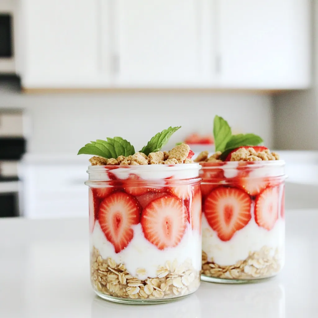 To make Strawberry Shortcake Overnight Oats, gather these simple items: - 1 cup rolled oats - 1 cup almond milk (or any milk of choice) - 1 cup Greek yogurt (vanilla or plain) - 1 tablespoon honey or maple syrup - 1 teaspoon vanilla extract - 1 cup fresh strawberries, hulled and sliced - 1/4 cup crushed graham crackers - A pinch of salt - Fresh mint leaves for garnish (optional) You can swap some ingredients for your needs: - Use coconut milk instead of almond milk for a rich flavor. - Try dairy-free yogurt to make it vegan. - Maple syrup works well if you want a vegan sweetener. - You can add any berry if you do not have strawberries. - Instead of graham crackers, try crushed cookies for a twist. Fresh strawberries make this dish shine. Here’s how to choose the best ones: - Look for bright red berries with no white spots. - Choose firm, plump strawberries without bruises. - Smell the berries; they should have a sweet scent. - Check the green tops; they should be fresh and green. - If possible, buy local strawberries for the best flavor. To make your Strawberry Shortcake Overnight Oats, start with a medium bowl. Add 1 cup of rolled oats, 1 cup of almond milk, and 1 cup of Greek yogurt. You can use vanilla or plain yogurt. Then, mix in 1 tablespoon of honey or maple syrup. Next, add 1 teaspoon of vanilla extract and a pinch of salt. Stir everything well to combine. Now, add half of the sliced strawberries to the oat mixture. Gently fold them in so the flavor spreads. Once mixed, divide the mixture into two jars or containers. Make sure they have lids. Layer the oats with the rest of the sliced strawberries on top of each jar. Sprinkle 1/4 cup of crushed graham crackers over the top for that classic shortcake taste. Seal the jars tightly and put them in the fridge. Let them chill overnight or at least for 4 hours. This helps the oats soak and soften. In the morning, take out your jars. Stir the oats well before eating. If you want a creamier texture, add a splash of almond milk. Layering makes the dish look pretty and tasty! Start with a layer of oats, then add strawberries. This way, the strawberries stay on top and look fresh. Use a spoon to gently press down the layers. This keeps everything in place. You can also add some crushed graham crackers between layers. This adds more crunch and flavor. Just remember to leave some for the top. Serve your oats in the jars for a fun look. Add fresh mint leaves and extra strawberry slices on top. This makes it more colorful and fresh. If you want, you can also drizzle a little more honey or maple syrup on top for extra sweetness. Enjoy your delicious Strawberry Shortcake Overnight Oats! To get creamy overnight oats, use rolled oats. They soak up the milk well. Combine oats with Greek yogurt for added creaminess. The almond milk gives a nice flavor. Stir the mixture well to blend all ingredients. Let it chill overnight to soften the oats. If you want it creamier, add more milk in the morning. Avoid using instant oats. They become too mushy and lose texture. Don’t skip the Greek yogurt; it adds richness and protein. Use fresh, ripe strawberries for the best taste. If you add too many strawberries, the mixture can become too watery. Always seal your jars tightly to keep them fresh. Layer your jars for a fun look. Start with oats, then add fruit, and finish with graham crackers. This keeps everything fresh and tasty. Make sure to store your oats in the fridge. They can last up to five days. Experiment with flavors by adding spices like cinnamon or nutmeg. Enjoy your oats cold or warmed up, as you prefer! {{image_2}} You can mix and match fruits in your overnight oats. Try blueberries, raspberries, or bananas. Each fruit adds its own taste. For a tropical twist, add diced mango or pineapple. You can even use frozen fruits. Just thaw them before mixing. This keeps everything fresh and fun! Nut butters add creaminess and flavor. You can use almond, peanut, or cashew butter. Just stir in one tablespoon into your oat mix. It gives a nice nutty taste. If you want a sweeter option, try chocolate hazelnut spread. It pairs well with strawberries and makes breakfast feel like dessert. To make this recipe vegan, swap the Greek yogurt for coconut yogurt. Use maple syrup instead of honey. Almond milk is a great choice for the liquid. This keeps the dish plant-based and creamy. You still get all the tasty flavors without any dairy! To store your overnight oats, place them in jars or airtight containers. This keeps them fresh. Make sure to seal them tightly. You can store them in the fridge. It’s best to eat them within a few days. The oats can soak up the liquid and get thicker over time. If they seem too thick, just add a splash of milk before eating. I recommend using glass jars or BPA-free plastic containers. Glass jars help you see the oats and look nice on your table. Plastic containers are lightweight and easy to carry. Choose containers that have tight-fitting lids. This helps keep your oats fresh and prevents spills. Your Strawberry Shortcake Overnight Oats last about 3 to 5 days in the fridge. If you plan to eat them later, don’t add the toppings right away. Keep the graham crackers and strawberries separate until you are ready to serve. To reheat, you can use a microwave. Heat in short bursts, stirring in between. Add a splash of milk for creaminess. Enjoy your tasty treat! Yes, you can use instant oats. However, the texture will change. Instant oats soak up liquid faster than rolled oats. This means your overnight oats may turn out mushy. I recommend sticking to rolled oats for a chewier bite. They give a nice texture that complements the strawberries and yogurt well. You can store overnight oats in the fridge for up to five days. This makes them great for meal prep. Just make sure to keep them in airtight containers. The longer they sit, the softer they become. If you like a firmer texture, eat them within two to three days. Strawberry Shortcake Overnight Oats are quite nutritious. Each serving has about 300 calories. You get healthy carbs from oats, protein from Greek yogurt, and vitamins from strawberries. Here’s a quick breakdown: - Rolled oats: Good source of fiber and energy. - Greek yogurt: High in protein and calcium. - Almond milk: Low in calories and dairy-free. - Strawberries: Full of vitamins and antioxidants. This recipe also offers a touch of sweetness from honey or maple syrup, making it a balanced breakfast choice. You now know how to make delicious Strawberry Shortcake Overnight Oats. We covered the key ingredients, helpful tips, and tasty variations. Remember to choose fresh strawberries and layer well for the best taste. Use the right storage containers to keep your oats fresh. With these simple steps, you can enjoy a healthy treat anytime. I hope this guide makes your breakfast fun and easy! Now, grab your oats and start creating.