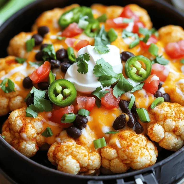 - 1 large head of cauliflower, cut into florets - 1 tablespoon olive oil - 1 teaspoon chili powder - 1 teaspoon garlic powder - 1 teaspoon onion powder - 1/2 teaspoon smoked paprika - Salt and pepper to taste - 1 cup shredded cheese (cheddar or dairy-free alternative) - 1/2 cup black beans, rinsed and drained - 1 jalapeño, sliced (optional) - 1/4 cup diced tomatoes - 1/4 cup sliced green onions - 1/4 cup sour cream or vegan alternative - Fresh cilantro for garnish (optional) Gathering the right ingredients is key to making Air Fryer Nacho Cauliflower. Start with a large head of cauliflower. Cut it into bite-sized florets for even cooking. You will need one tablespoon of olive oil to help the seasonings stick. For flavor, use chili powder, garlic powder, onion powder, and smoked paprika. These spices give the cauliflower a nice kick. Don’t forget to add salt and pepper for balance. Next, cheese is the star of the show. Use one cup of shredded cheese, whether you prefer cheddar or a dairy-free option. If you want to take it up a notch, add some optional toppings. Black beans add protein and texture. Sliced jalapeños bring heat if you like it spicy. Fresh tomatoes and green onions add color and freshness. Finally, dollops of sour cream or a vegan alternative balance the flavors nicely. With these ingredients ready, you will create a tasty dish that everyone will love! First, set your air fryer to 400°F (200°C). This step warms the air fryer, which helps cook the cauliflower evenly. A hot air fryer gives the cauliflower a nice crunch. Take one large head of cauliflower and cut it into florets. Place them in a big bowl. Drizzle one tablespoon of olive oil over the florets. Then, add one teaspoon each of chili powder, garlic powder, and onion powder. Sprinkle in half a teaspoon of smoked paprika, along with salt and pepper to taste. Toss everything well until the florets are nicely coated with the spices. Now, place the seasoned florets in the air fryer basket. Spread them out in a single layer. If your air fryer is small, you may need to cook in batches. Air fry the cauliflower for 15 to 18 minutes. Remember to shake the basket halfway through. This step ensures all sides get crispy and golden. Once the cauliflower is done, take it out of the air fryer. Place the florets in a baking dish. Sprinkle one cup of shredded cheese evenly over the cauliflower. Add half a cup of rinsed black beans and sliced jalapeños on top of the cheese for an extra kick. Return the baking dish to the air fryer. Cook for an additional 3 to 5 minutes. This step melts the cheese until it bubbles. After that, carefully take it out. Top with diced tomatoes, sliced green onions, and dollops of sour cream. If you like, add fresh cilantro for a bright finish. Enjoy your delicious Air Fryer Nacho Cauliflower! To get crispy cauliflower, you need to coat it well. Use a tablespoon of olive oil to help the spices stick. Toss the florets in a big bowl until they are covered. The spices add flavor, and the oil helps make them crispy. Air fry them at 400°F for 15-18 minutes. Shake the basket halfway through to cook evenly. If you have a small air fryer, cook in batches. Cheese makes nachos great! You can use shredded cheddar for a classic taste. A dairy-free cheese works if you want a vegan version. Both options melt well and taste amazing. Sprinkle the cheese on the cauliflower after air frying. Return it to the air fryer to melt the cheese for 3-5 minutes. This step makes it gooey and delicious. Serve your nacho cauliflower hot and fresh. Add black beans and jalapeños for extra texture. Top with diced tomatoes and green onions for a burst of color. A dollop of sour cream or its vegan alternative adds creaminess. Fresh cilantro can give a nice pop of flavor. You can enjoy this dish as a snack or side. It pairs well with a cold drink or a fresh salad. {{image_2}} You can easily make this dish vegan. Just skip the cheese and sour cream. Use a dairy-free cheese made from nuts or soy. It melts well, too. You can also replace sour cream with a vegan option made from cashews. This keeps the flavors rich and creamy. If you love heat, add more spice. Use two jalapeños instead of one. You can also sprinkle some red pepper flakes on top for an extra kick. Another great idea is to mix in some hot sauce with your olive oil. This gives the cauliflower a nice spicy flavor. For those avoiding cheese, you can still enjoy great taste. Try using nutritional yeast. It adds a cheesy flavor without the dairy. Mix it into the spices before tossing with the cauliflower. You still get that delicious nacho feel with less fat. To store your Air Fryer Nacho Cauliflower, let it cool first. Place the leftovers in an airtight container. You can keep it in the fridge for up to three days. Make sure to separate the toppings if you want them to stay fresh. To reheat, use your air fryer again. Set it to 350°F (175°C) for about 5-7 minutes. This gives your cauliflower a nice crisp again. You can also use a microwave, but it may not stay as crispy. If you want to freeze the nacho cauliflower, place it in a freezer-safe bag. It can last up to two months in the freezer. When you are ready to eat it, thaw it in the fridge overnight before reheating. Yes, you can use frozen cauliflower. Thaw it first and pat it dry. This helps remove extra moisture. If you skip this step, the cauliflower may not get crispy. Toss the thawed cauliflower with olive oil and seasonings just like fresh florets. To spice it up, add more chili powder. You can also include sliced jalapeños. For extra heat, try adding cayenne pepper or hot sauce. Adjust the spice level to match your taste. I recommend 400°F (200°C) for the best results. This high heat gives the cauliflower a nice crunch. It cooks evenly and gets golden brown. Yes, you can skip the cheese. The cauliflower will still be tasty. For creaminess, try using guacamole or a vegan cheese. You can also add more toppings like beans or salsa for flavor. This blog post covered the key ingredients and steps to make delicious air fryer nacho cauliflower. We explored simple tips to ensure crispy florets and creative topping ideas. You can also customize your dish with variations, whether vegan or cheesy. Storing leftovers and reheating tips help you enjoy this treat later. Overall, this recipe is a fun and tasty option for snack time. Enjoy your cooking and get creative with flavors!