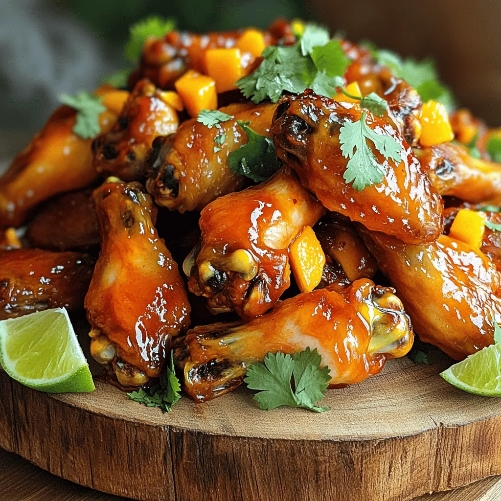 For this tasty dish, you will need: - 2 lbs chicken wings - 1 ripe mango, peeled and diced - 2 fresh habanero peppers, deseeded and minced - 2 tablespoons honey - 1 tablespoon soy sauce - 2 tablespoons lime juice - 1 teaspoon smoked paprika - 1 teaspoon garlic powder - 1 teaspoon onion powder - Salt and black pepper to taste These main ingredients make the wings sweet, spicy, and full of flavor. The mango gives a fruity taste that balances the heat from the habanero. The marinade combines all the flavors into one smooth sauce. You will blend the diced mango, minced habaneros, honey, soy sauce, lime juice, smoked paprika, garlic powder, onion powder, salt, and black pepper. This mix brings out the best in the chicken wings. Letting the wings soak in this sauce makes them extra tasty. Garnishing adds a fresh touch to your dish. I suggest using fresh cilantro, chopped finely. You can also serve lime wedges on the side. This adds a pop of color and a zesty kick. If you like, pair the wings with cooling ranch or blue cheese dressing. This helps calm the heat from the habaneros. Enjoy your delicious Mango Habanero Chicken Wings! Start by gathering all your ingredients. You will need a ripe mango, fresh habanero peppers, honey, soy sauce, lime juice, smoked paprika, garlic powder, onion powder, salt, and black pepper. Peel and dice the mango, then chop the habaneros. Place all these items into a blender. Blend until the mix is smooth. This creates a tasty sauce that packs a punch. Take your chicken wings and place them in a large bowl or a zip-top bag. Pour half of your mango habanero sauce over the wings. Make sure each wing gets covered well. Seal the bag or cover the bowl tightly. For the best flavor, let the wings marinate in the fridge for at least one hour. If you can, let them sit overnight. This helps the flavors soak in deeply. Preheat your oven to 400°F (200°C). While it heats up, line a baking sheet with parchment paper or foil. This makes cleanup easy. Spread the marinated wings out in a single layer on the baking sheet. Bake for about 30-35 minutes. Halfway through, turn the wings to get them crispy on all sides. In the last five minutes, brush the reserved sauce over the wings for extra flavor. After baking, let them cool for a couple of minutes and enjoy! To get the best flavor, mix sweet and spicy well. Use just the right amount of honey and habanero. The ripe mango gives a nice sweetness. Habaneros add heat, so be aware! You can taste the sauce before marinating the wings. If it’s too spicy, add more mango or honey. If it’s not spicy enough, add more habanero. This balance makes each bite exciting. To make your wings crispy, start with dry wings. Pat them with paper towels to remove moisture. Marinate them, but don’t soak them too long. When baking, make sure they are in a single layer. Use parchment paper to help with crispiness. Baking at 400°F helps them cook well. Turn them halfway through for even cooking. For the last few minutes, brush on extra sauce for a sticky finish. Preheat your oven to 400°F (200°C) for the best results. Bake the wings for 30-35 minutes. Use a meat thermometer to check the wings. They should reach 165°F (74°C) to be safe. If you want them crispier, bake them a bit longer. Just watch them closely to avoid burning. The last 5 minutes are perfect for glazing with sauce. This keeps them moist and flavorful. {{image_2}} You can change the heat by adding or removing habaneros. If you prefer mild flavors, use one habanero. For more spice, add an extra one. Remember to taste the marinade before using it. This way, you can find the heat that fits you best. You can swap some ingredients for different tastes. Instead of honey, try maple syrup for a twist. If you want a vegan option, use tofu wings. Soy sauce can be replaced with tamari for a gluten-free diet. Feel free to mix and match to create your perfect wing recipe. These wings are great on their own but pair well with many sides. Serve with a fresh salad or crispy coleslaw for crunch. Cool ranch or blue cheese dressing helps balance the heat. You can also add fresh lime wedges for a zesty touch. These options make your meal more fun and enjoyable. Store leftover wings in an airtight container. Let them cool first. This keeps them fresh. Place a paper towel inside to absorb moisture. You can keep them in the fridge for up to four days. To reheat, use the oven for the best taste. Preheat your oven to 350°F (175°C). Place wings on a baking sheet. Heat for 10 to 15 minutes. You can also microwave them, but they may get soggy. You can freeze wings for future meals. Place them in a freezer-safe bag. Remove as much air as possible. They stay good for up to three months. When ready to eat, thaw in the fridge overnight before reheating. To marinate chicken wings well, start with a flavorful mix. Use a blend of fruits, spices, and sauces. I often use a mix of mango, soy sauce, and spices. This gives the wings a sweet and spicy taste. For best results, coat the wings well in the marinade. Let them sit in the fridge for at least one hour. If you can, marinate overnight. This allows the flavors to soak in deeply. Yes, you can use other peppers if you want. Habanero gives a strong heat, but you might try jalapeño for less heat. If you want more spice, use ghost peppers. Each pepper brings its own flavor. Just remember to adjust the amount based on your spice level. Taste as you go to find what you like best. For great wings, bake them at 400°F (200°C) for 30 to 35 minutes. This makes them crispy and fully cooked. Flip the wings halfway through cooking for even browning. If you want them extra crispy, bake a bit longer. Just keep an eye on them to avoid burning. Mango Habanero Chicken Wings are fun and tasty. You learned about the best ingredients, making the marinade, and baking to crispy perfection. We covered tips for sweet and spicy blends, plus ideas for variations to suit your taste. Remember, proper storage keeps the wings fresh. Use these steps next time you cook, and enjoy every bite. Get ready to impress family and friends with this simple, delicious dish!
