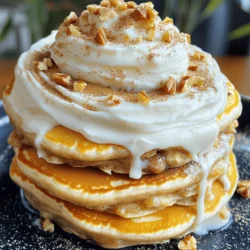 - 1 cup all-purpose flour - 2 tablespoons granulated sugar - 1 teaspoon baking powder - 1/2 teaspoon baking soda - 1/2 teaspoon salt - 1 cup buttermilk - 1 large egg - 2 tablespoons unsalted butter, melted - 1 teaspoon vanilla extract - 1/4 cup brown sugar - 2 tablespoons ground cinnamon - 4 ounces cream cheese, softened - 1/4 cup unsalted butter, softened - 1 cup powdered sugar - 1 teaspoon vanilla extract - 2 tablespoons milk The ingredients for the Cinnamon Roll Pancake Stack are simple yet key. First, gather the dry ingredients. Start with one cup of all-purpose flour. Then add two tablespoons of granulated sugar. Next, mix in one teaspoon of baking powder, half a teaspoon of baking soda, and half a teaspoon of salt. Now, let’s focus on the wet ingredients. You need one cup of buttermilk and one large egg. Melt two tablespoons of unsalted butter and add it to the mix. Don’t forget one teaspoon of vanilla extract to give it that sweet aroma. Next, we prepare the cinnamon filling. Combine a quarter cup of brown sugar with two tablespoons of ground cinnamon. This mix gives the pancakes their warm, spiced flavor. Lastly, we create the cream cheese frosting. Beat together four ounces of softened cream cheese and a quarter cup of softened unsalted butter. Add in one cup of powdered sugar and one teaspoon of vanilla extract. Mix in two tablespoons of milk to reach your desired creaminess. Having these ingredients ready will set you up for a fun and tasty cooking experience. - In a large bowl, whisk together: - 1 cup all-purpose flour - 2 tablespoons granulated sugar - 1 teaspoon baking powder - 1/2 teaspoon baking soda - 1/2 teaspoon salt - In another bowl, mix together: - 1 cup buttermilk - 1 large egg - 2 tablespoons unsalted butter, melted - 1 teaspoon vanilla extract - Pour the wet mix into the dry mix. Stir gently until just combined. A few lumps are fine. - In a small bowl, combine: - 1/4 cup brown sugar - 2 tablespoons ground cinnamon - Heat a non-stick skillet or griddle over medium heat. - Pour about 1/4 cup of the pancake batter onto the skillet. - While the pancake cooks for about 2-3 minutes, sprinkle a thin layer of the cinnamon filling on top. - Carefully flip the pancake and cook for another 2-3 minutes until golden brown. Repeat this for all the batter. - In a bowl, beat together until smooth: - 4 ounces cream cheese, softened - 1/4 cup unsalted butter, softened - 1 cup powdered sugar - 1 teaspoon vanilla extract - 2 tablespoons milk (add more if needed for consistency) - Stack pancakes on a plate. - Drizzle cream cheese frosting between each layer. - Top the stack with more frosting. To make great pancakes, avoid overmixing the batter. Mix just until the dry and wet ingredients blend. A few lumps are okay. Overmixing can lead to tough pancakes. Next, pay attention to your cooking temperature. Heat your skillet to medium. If it's too hot, the outside cooks too fast. If it's too low, the pancakes may not rise well. A non-stick skillet works best for even cooking. Achieving perfect creaminess in your frosting is key. Start with softened cream cheese and butter. Beat them well before adding sugar. This helps create a smooth mix. For sweetness, adjust the amount of powdered sugar. You can add more for a sweeter taste. If the frosting is too thick, add a little milk. This helps reach your desired consistency. You want it to drizzle nicely over the pancakes. {{image_2}} You can make your cinnamon roll pancake stack even more fun! Here are two easy ideas: - Adding chocolate chips: Stir in a handful of chocolate chips into the batter. They melt and create a gooey surprise in each bite. - Swapping for different extracts: Try using almond or maple extract instead of vanilla. This simple change adds a new flavor twist that can surprise your taste buds. Now, let’s talk about what to put on top of your pancakes! Here are some tasty ideas: - Topping ideas: Fresh berries, sliced bananas, or chopped nuts add color and crunch. You can also sprinkle some extra cinnamon for a nice touch. - Pairing with beverages: Serve your pancakes with a warm cup of coffee or tea. The warm drinks balance the sweetness of the pancakes. You can even try a glass of cold milk for a classic combo! To keep your cinnamon roll pancakes fresh, use an airtight container. This helps keep them moist. Place a piece of wax paper between layers if stacking. You can store them in the fridge for up to three days. If you want to keep them longer, consider freezing. They can last in the freezer for up to two months. Just make sure to wrap them tightly in plastic wrap before placing them in a freezer bag. For the best taste, reheat pancakes in a skillet. Heat the skillet on low, and add a small amount of butter. Place the pancake in the skillet and warm it for about two minutes on each side. This method keeps the pancakes soft and tasty. You can also use a microwave if you're short on time. Place a pancake on a microwave-safe plate. Heat for 20-30 seconds, checking for warmth. Add a drizzle of cream cheese frosting once heated for extra flavor. Yes, you can make these pancakes ahead of time. Here are some tips: - Prepare the pancake batter and store it in the fridge for up to 24 hours. - Cook the pancakes when ready. This keeps them fresh. - You can also cook the pancakes and cool them. Store them in an airtight container. They will last for 2-3 days in the fridge. To make this recipe gluten-free, follow these ingredient tips: - Swap all-purpose flour for a gluten-free blend. Check that it is a 1:1 substitute. - Ensure your baking powder is gluten-free. Some brands may add gluten. - Also, check your vanilla extract. Most are gluten-free, but always confirm. Yes, freezing these pancakes is easy! Here’s how: - Let the pancakes cool completely. - Place parchment paper between each pancake to avoid sticking. - Store them in a freezer-safe bag or container. They will keep for up to 2 months. To reheat, simply pop them in the toaster or microwave until hot. Enjoy! You learned how to make delicious cinnamon roll pancakes. I outlined the needed ingredients, from dry to wet. Then, I walked you through simple steps to create the pancakes and frosting. Don't forget the tips for perfecting your pancakes and tasty variations. These pancakes are fun, easy, and perfect for any meal. Enjoy making them for friends or family. You’ll impress everyone with your cooking skills!