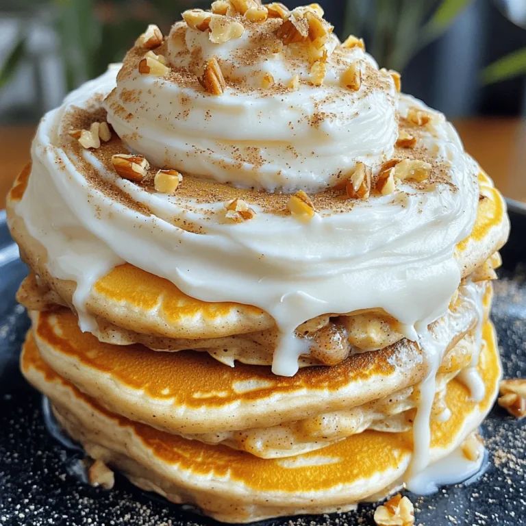 - 1 cup all-purpose flour - 2 tablespoons granulated sugar - 1 teaspoon baking powder - 1/2 teaspoon baking soda - 1/2 teaspoon salt - 1 cup buttermilk - 1 large egg - 2 tablespoons unsalted butter, melted - 1 teaspoon vanilla extract - 1/4 cup brown sugar - 2 tablespoons ground cinnamon - 4 ounces cream cheese, softened - 1/4 cup unsalted butter, softened - 1 cup powdered sugar - 1 teaspoon vanilla extract - 2 tablespoons milk The ingredients for the Cinnamon Roll Pancake Stack are simple yet key. First, gather the dry ingredients. Start with one cup of all-purpose flour. Then add two tablespoons of granulated sugar. Next, mix in one teaspoon of baking powder, half a teaspoon of baking soda, and half a teaspoon of salt. Now, let’s focus on the wet ingredients. You need one cup of buttermilk and one large egg. Melt two tablespoons of unsalted butter and add it to the mix. Don’t forget one teaspoon of vanilla extract to give it that sweet aroma. Next, we prepare the cinnamon filling. Combine a quarter cup of brown sugar with two tablespoons of ground cinnamon. This mix gives the pancakes their warm, spiced flavor. Lastly, we create the cream cheese frosting. Beat together four ounces of softened cream cheese and a quarter cup of softened unsalted butter. Add in one cup of powdered sugar and one teaspoon of vanilla extract. Mix in two tablespoons of milk to reach your desired creaminess. Having these ingredients ready will set you up for a fun and tasty cooking experience. - In a large bowl, whisk together: - 1 cup all-purpose flour - 2 tablespoons granulated sugar - 1 teaspoon baking powder - 1/2 teaspoon baking soda - 1/2 teaspoon salt - In another bowl, mix together: - 1 cup buttermilk - 1 large egg - 2 tablespoons unsalted butter, melted - 1 teaspoon vanilla extract - Pour the wet mix into the dry mix. Stir gently until just combined. A few lumps are fine. - In a small bowl, combine: - 1/4 cup brown sugar - 2 tablespoons ground cinnamon - Heat a non-stick skillet or griddle over medium heat. - Pour about 1/4 cup of the pancake batter onto the skillet. - While the pancake cooks for about 2-3 minutes, sprinkle a thin layer of the cinnamon filling on top. - Carefully flip the pancake and cook for another 2-3 minutes until golden brown. Repeat this for all the batter. - In a bowl, beat together until smooth: - 4 ounces cream cheese, softened - 1/4 cup unsalted butter, softened - 1 cup powdered sugar - 1 teaspoon vanilla extract - 2 tablespoons milk (add more if needed for consistency) - Stack pancakes on a plate. - Drizzle cream cheese frosting between each layer. - Top the stack with more frosting. To make great pancakes, avoid overmixing the batter. Mix just until the dry and wet ingredients blend. A few lumps are okay. Overmixing can lead to tough pancakes. Next, pay attention to your cooking temperature. Heat your skillet to medium. If it's too hot, the outside cooks too fast. If it's too low, the pancakes may not rise well. A non-stick skillet works best for even cooking. Achieving perfect creaminess in your frosting is key. Start with softened cream cheese and butter. Beat them well before adding sugar. This helps create a smooth mix. For sweetness, adjust the amount of powdered sugar. You can add more for a sweeter taste. If the frosting is too thick, add a little milk. This helps reach your desired consistency. You want it to drizzle nicely over the pancakes. {{image_2}} You can make your cinnamon roll pancake stack even more fun! Here are two easy ideas: - Adding chocolate chips: Stir in a handful of chocolate chips into the batter. They melt and create a gooey surprise in each bite. - Swapping for different extracts: Try using almond or maple extract instead of vanilla. This simple change adds a new flavor twist that can surprise your taste buds. Now, let’s talk about what to put on top of your pancakes! Here are some tasty ideas: - Topping ideas: Fresh berries, sliced bananas, or chopped nuts add color and crunch. You can also sprinkle some extra cinnamon for a nice touch. - Pairing with beverages: Serve your pancakes with a warm cup of coffee or tea. The warm drinks balance the sweetness of the pancakes. You can even try a glass of cold milk for a classic combo! To keep your cinnamon roll pancakes fresh, use an airtight container. This helps keep them moist. Place a piece of wax paper between layers if stacking. You can store them in the fridge for up to three days. If you want to keep them longer, consider freezing. They can last in the freezer for up to two months. Just make sure to wrap them tightly in plastic wrap before placing them in a freezer bag. For the best taste, reheat pancakes in a skillet. Heat the skillet on low, and add a small amount of butter. Place the pancake in the skillet and warm it for about two minutes on each side. This method keeps the pancakes soft and tasty. You can also use a microwave if you're short on time. Place a pancake on a microwave-safe plate. Heat for 20-30 seconds, checking for warmth. Add a drizzle of cream cheese frosting once heated for extra flavor. Yes, you can make these pancakes ahead of time. Here are some tips: - Prepare the pancake batter and store it in the fridge for up to 24 hours. - Cook the pancakes when ready. This keeps them fresh. - You can also cook the pancakes and cool them. Store them in an airtight container. They will last for 2-3 days in the fridge. To make this recipe gluten-free, follow these ingredient tips: - Swap all-purpose flour for a gluten-free blend. Check that it is a 1:1 substitute. - Ensure your baking powder is gluten-free. Some brands may add gluten. - Also, check your vanilla extract. Most are gluten-free, but always confirm. Yes, freezing these pancakes is easy! Here’s how: - Let the pancakes cool completely. - Place parchment paper between each pancake to avoid sticking. - Store them in a freezer-safe bag or container. They will keep for up to 2 months. To reheat, simply pop them in the toaster or microwave until hot. Enjoy! You learned how to make delicious cinnamon roll pancakes. I outlined the needed ingredients, from dry to wet. Then, I walked you through simple steps to create the pancakes and frosting. Don't forget the tips for perfecting your pancakes and tasty variations. These pancakes are fun, easy, and perfect for any meal. Enjoy making them for friends or family. You’ll impress everyone with your cooking skills!