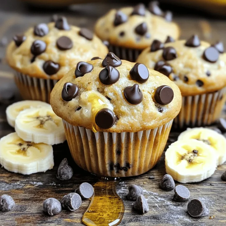 To make Chocolate Chip Banana Protein Muffins, you need these main ingredients: - 2 ripe bananas, mashed - 1 cup rolled oats - 1/4 cup natural peanut butter - 1/2 cup vanilla protein powder - 1/3 cup honey or maple syrup - 1/2 cup almond milk (or any milk of choice) - 1 teaspoon baking powder - 1/2 teaspoon baking soda - 1/4 teaspoon salt - 1/2 cup dark chocolate chips (dairy-free if desired) - 1/2 teaspoon vanilla extract These muffins can fit many diets. You can make them gluten-free by choosing gluten-free oats. If you want a vegan option, use maple syrup and dairy-free chocolate chips. For extra flavor and texture, consider these optional mix-ins: - Chopped nuts, like walnuts or pecans - Seeds, such as chia or flaxseed - Shredded coconut These add-ins can make your muffins even more delicious and nutritious. To whip up these muffins, gather these kitchen tools: - A large mixing bowl for combining ingredients - A muffin tin for baking - Muffin liners or non-stick cooking spray for easy removal - A fork or potato masher for mashing bananas With these tools, you’ll be ready to create a tasty treat that packs a protein punch! First, you need ripe bananas. They should be soft and sweet. In a large bowl, mash the bananas until they are smooth. You can use a fork or a potato masher for this. Once mashed, add the rolled oats, peanut butter, protein powder, honey or maple syrup, almond milk, baking powder, baking soda, salt, and vanilla extract. Mix everything together well. Make sure all the ingredients are combined smoothly. This batter is packed with flavor and nutrients. After preparing the wet mixture, it’s time to mix in the dry ingredients. Start with the oats and protein powder. Stir them into the wet mix until you see no dry spots. Next, add the baking powder, baking soda, and salt. These ingredients help the muffins rise. Stir gently, so you do not overmix. Overmixing can lead to tough muffins. Once combined, fold in the dark chocolate chips, saving a few for the tops if you like. This adds a special touch. Now, it’s time to bake your muffins. Grab a muffin tin and line it with paper liners or spray it with cooking spray. Use a scoop or a spoon to fill each cup about three-quarters full with batter. If you want, sprinkle the reserved chocolate chips on top. Place the muffin tin in your preheated oven at 350°F (175°C). Bake for 18 to 20 minutes. To check if they are done, insert a toothpick into the center. If it comes out clean, they are ready. Let the muffins cool in the tin for five minutes, then move them to a wire rack to cool completely. Enjoy your tasty treats! To make moist and fluffy muffins, start with ripe bananas. Ripe bananas are sweeter and softer. Mash them well to avoid lumps. Use rolled oats for a hearty texture. They add fiber and help with moisture. Do not overmix the batter. Mix just until combined. This keeps the muffins light. Baking soda and baking powder help them rise. Make sure they are fresh for best results. Store muffins in an airtight container. This keeps them soft and fresh. You can also wrap them in plastic wrap. If you want to keep them longer, freeze them. Just place them in a freezer bag. They can last up to three months in the freezer. Thaw them at room temperature before eating. Serve muffins warm for the best taste. Drizzle some honey on top for sweetness. You can also add fresh banana slices. A sprinkle of chocolate chips makes them extra special. For a crunch, top with chopped nuts or seeds. This adds texture and flavor to each bite. Enjoy your muffins with coffee or tea for a perfect snack! {{image_2}} You can change the taste of these muffins easily. Try adding spices like cinnamon or nutmeg for warmth. You could also mix in some cocoa powder for a rich chocolate flavor. If you want a nutty taste, swap peanut butter with almond or cashew butter. Each choice brings a new twist to your muffins. Do you need nut-free options? You can replace peanut butter with sun butter or soy nut butter. For a dairy-free muffin, use almond milk or oat milk. If you want to avoid gluten, use gluten-free oats. These swaps keep the muffins tasty while fitting your needs. Want more protein? You can add Greek yogurt to the batter. This makes the muffins extra moist and boosts the protein. You can also mix in hemp seeds or chia seeds for added nutrition. Finally, consider using different protein powders like pea or hemp protein to change the flavor and nutrition. Store your muffins at room temperature in an airtight container. This keeps them fresh for about 2-3 days. If you want to keep them longer, consider placing a slice of bread in the container. The bread helps keep the muffins moist. To freeze your muffins, let them cool completely. Wrap each muffin tightly in plastic wrap or foil. Place the wrapped muffins in a freezer-safe bag. They can last up to 3 months in the freezer. When you're ready to enjoy, simply take out the desired number. Reheat your muffins in the microwave for about 15-20 seconds. This warms them through and makes them soft. For a crispier texture, pop them in the oven at 350°F (175°C) for 5-10 minutes. Enjoy them warm to appreciate the chocolatey goodness! Yes, you can use frozen bananas in this recipe. Just let them thaw first. Once they are soft, peel and mash them in a bowl. If they have extra liquid, drain some out before mixing it in. This helps keep the muffins from being too wet. Frozen bananas work well and add great flavor. To make these muffins gluten-free, use gluten-free rolled oats. You can also pick a gluten-free protein powder. Check that the other ingredients, like baking powder, are gluten-free too. This way, everyone can enjoy these tasty muffins without worry. Yes, you can add more chocolate chips! If you want extra chocolatey flavor, just add a bit more. You can go up to 1 cup of chocolate chips. Just be careful not to make the batter too wet. More chocolate adds fun but balance is key. This blog post showcased a simple and tasty muffin recipe. We covered the key ingredients, essential kitchen tools, and step-by-step baking instructions. I shared tips for perfect texture and storage. You can add your favorite mix-ins for personalization and explore flavor variations for fun twists. In the end, these muffins are easy to make and adaptable. Enjoy trying this recipe, and make it your own with each batch! Happy baking!