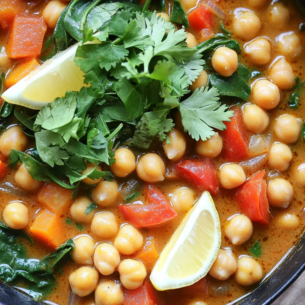 To make this One Pot Moroccan Chickpea Stew, gather these ingredients: - 2 tablespoons olive oil - 1 large onion, diced - 3 garlic cloves, minced - 1 teaspoon ground cumin - 1 teaspoon ground coriander - 1 teaspoon smoked paprika - 1/2 teaspoon ground cinnamon - 1 can (15 oz) chickpeas, drained and rinsed - 1 can (14 oz) diced tomatoes - 2 medium carrots, sliced - 1 red bell pepper, chopped - 2 cups vegetable broth - 1 cup spinach, roughly chopped - Salt and pepper to taste - Fresh cilantro or parsley, for garnish - Lemon wedges, for serving If you need to convert measurements, here are some quick tips: - 1 tablespoon = 3 teaspoons - 1 cup = 8 ounces - 1 pound = 16 ounces You can customize your stew with these options: - Add sweet potatoes for extra sweetness. - Use vegetable stock instead of broth for more flavor. - Swap spinach for kale or Swiss chard. - Try adding chickpeas with spices for a more robust taste. These ingredients create a warm, hearty dish that's both full of flavor and easy to make. To start, gather all your ingredients. You will need: - 2 tablespoons olive oil - 1 large onion, diced - 3 garlic cloves, minced - 1 teaspoon ground cumin - 1 teaspoon ground coriander - 1 teaspoon smoked paprika - 1/2 teaspoon ground cinnamon - 1 can (15 oz) chickpeas, drained and rinsed - 1 can (14 oz) diced tomatoes - 2 medium carrots, sliced - 1 red bell pepper, chopped - 2 cups vegetable broth - 1 cup spinach, roughly chopped - Salt and pepper to taste - Fresh cilantro or parsley, for garnish - Lemon wedges, for serving Once you have everything, it is easy to move on. Heat the olive oil in a large pot over medium heat. Add the diced onion. Cook for about 5 minutes until the onion is soft. Next, add the minced garlic and cook for 1 more minute. The garlic should smell great. Now, sprinkle in the spices: cumin, coriander, smoked paprika, and cinnamon. Stir and cook for about 1 minute. This helps the spices taste better. Then, add the chickpeas, diced tomatoes (including their juice), sliced carrots, and chopped red bell pepper. Pour in the vegetable broth and mix everything well. Bring the mixture to a boil. Once boiling, lower the heat and cover the pot. Let it simmer for 25-30 minutes. Check that the carrots are tender before moving on. After the stew simmers, stir in the chopped spinach. Add salt and pepper to taste. Let the spinach wilt for about 2-3 minutes. Serve the stew warm. Garnish with fresh cilantro or parsley. Don’t forget the lemon wedges! They add a nice zing. Enjoy your meal! To boost the taste of your stew, use fresh herbs. Fresh cilantro or parsley adds brightness. A squeeze of lemon juice gives a zing that pairs well. You can also add a dash of hot sauce for heat. If you want a richer flavor, consider using vegetable broth instead of water. Toasting spices in oil for a minute brings out their best flavor. Start by sautéing the onion well. This builds a strong base for your stew. Wait until it softens before adding garlic. This way, you avoid burning the garlic. Stir in spices and let them cook for a moment. This helps release their oils and flavors. Keep the pot covered while simmering to lock in moisture. Stir occasionally to prevent sticking. One common mistake is not seasoning enough. Taste your stew and add salt and pepper as needed. Another pitfall is overcooking the spinach. Add it in the last few minutes so it stays bright and fresh. Don't skip the lemon wedges; they make a big difference. Lastly, avoid using canned chickpeas without rinsing. Rinsing removes extra salt and improves taste. {{image_2}} You can easily make this stew fit your needs. If you're vegan, it’s already perfect! For gluten-free folks, check your broth. Use vegetable broth without gluten. If you want a creamier stew, add coconut milk. For a lower-carb option, swap chickpeas for cauliflower. You can even try lentils for a different texture. Want more protein? Chickpeas are great, but there are other choices. Add cooked quinoa for a nutty flavor. Tofu cubes can also work well. If you eat meat, add chicken or lamb for a heartier meal. Just cook the meat first, then add it to the stew. Spices make this stew special. If you want a kick, add cayenne pepper. For a fresh twist, try adding fresh herbs like thyme or basil. You can even switch out the smoked paprika for regular paprika for a milder taste. Each change can bring a new flavor to your bowl. Play around with spices to find your favorite mix! To store your One Pot Moroccan Chickpea Stew, let it cool first. Use a clean, airtight container. Place it in the fridge. It will last for up to five days. Make sure to label the container with the date. This helps you keep track of freshness. You can freeze this stew for later. Use freezer-safe containers or bags. Make sure to leave some space for expansion. This stew will stay good for up to three months in the freezer. When you are ready to eat, thaw it overnight in the fridge. Reheat the stew gently. Use the stove or microwave. If using the stove, heat it on low, stirring often. You can add a splash of broth or water if it seems thick. In the microwave, heat in short bursts. Stir in between to ensure even heating. Enjoy your delicious stew! You can serve One Pot Moroccan Chickpea Stew with warm bread. I love using pita or crusty baguette. They soak up the stew nicely. You can also pair it with fluffy couscous. The light texture of couscous complements the stew's richness. A simple green salad adds freshness too. Toss some greens with lemon juice for a bright touch. Yes, you can make this stew in advance. It tastes even better the next day. Store it in the fridge for up to three days. Just let it cool before putting it in a container. When you’re ready to eat, reheat it gently on the stove. Add a splash of broth if needed to loosen it up. One Pot Moroccan Chickpea Stew has mild spice. The spices add warmth without heat. If you want more heat, add a pinch of cayenne or red pepper flakes. Start with a little and taste as you go. You can also serve it with hot sauce on the side. This way, everyone can adjust the spice to their liking. This blog post covered every step to make a great One Pot Moroccan Chickpea Stew. We explored the key ingredients, measurement tips, and optional add-ins for flavor. You learned the cooking steps, final touches, and some tricks to avoid common mistakes. We also discussed variations for dietary needs and how to store leftovers effectively. Now you’re ready to enjoy this dish or make it your own. Cooking should be fun and tasty!