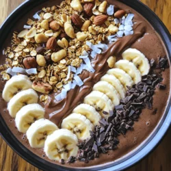 - 2 ripe bananas, frozen - 2 tablespoons unsweetened cocoa powder - 2 tablespoons peanut butter (or almond butter) - 1 cup almond milk (or any milk of your choice) - 1 tablespoon honey or maple syrup (optional) - 1/4 teaspoon vanilla extract I love using simple, fresh ingredients for my smoothie bowl. The frozen bananas give it a nice, thick texture. They should be ripe for the best flavor. Unsweetened cocoa powder adds a rich chocolate taste. I use peanut butter for its creamy texture and healthy fats. You can swap it for almond butter if you like. Almond milk is my go-to for a lighter feel, but feel free to choose any milk you enjoy. Honey or maple syrup can sweeten the bowl if you prefer it sweeter. A splash of vanilla extract brightens all the flavors. - Sliced banana - Chopped nuts - Granola - Coconut flakes - Dark chocolate shavings Toppings make the smoothie bowl fun and pretty. I love adding sliced banana for extra fruitiness. Chopped nuts add a nice crunch and protein. Granola gives it a delightful texture. Coconut flakes bring a tropical twist. Finally, dark chocolate shavings are a treat that makes it even more special. Try mixing and matching these toppings to find your favorite combo! You can also add more fruits or seeds based on what you have. First, take your frozen bananas and put them in a blender. Add two tablespoons of cocoa powder. This gives your smoothie a rich, chocolatey flavor. Next, add two tablespoons of peanut butter. You can also use almond butter if you prefer. Pour in one cup of almond milk. This makes the smoothie creamy and smooth. If you want it sweeter, add one tablespoon of honey or maple syrup. Finally, include a splash of vanilla extract for extra taste. Now it’s time to blend! Turn on your blender to high speed. Blend until the mixture is smooth and creamy. If the mix sticks to the sides, stop and scrape it down. Once blended, taste your smoothie. If you want it sweeter, add more honey or maple syrup. Blend again to mix it all in. Pour your smooth mix into a bowl. Use a spatula to smooth the surface. Now comes the fun part—adding toppings! Start with sliced bananas on top. Then sprinkle on chopped nuts and granola for a crunch. Add some coconut flakes for a tropical twist. Finish it off with dark chocolate shavings. This makes your smoothie bowl look beautiful and tasty. Enjoy your delicious creation right away! Frozen bananas are key to a creamy smoothie bowl. They give the bowl a thick, rich feel. Use ripe bananas for the best taste. When you blend, start on low speed. Gradually increase to high speed. This helps break down the frozen fruit smoothly. Stop to scrape the sides if needed. Blending takes about 30 seconds for a perfect mix. If you want to adjust sweetness, try honey or maple syrup. These natural sweeteners work well. You can also skip them if you like a less sweet taste. Taste the smoothie before adding more. This lets you find the right balance of flavors. Remember, the cocoa powder adds a bit of bitterness, so sweetening is essential. Make your smoothie bowl look great with toppings. Arrange sliced bananas in a fan shape. Sprinkle chopped nuts in little piles. Add granola for crunch. Use colorful coconut flakes and dark chocolate shavings for flair. The more colors, the more fun it looks! A well-presented bowl makes eating even more enjoyable. {{image_2}} To make a vegan Chocolate Peanut Butter Banana Smoothie Bowl, swap honey for maple syrup. Maple syrup adds sweetness and keeps it plant-based. Use any non-dairy milk you like, such as oat milk or soy milk. This keeps the bowl creamy and delicious. You can boost nutrition by adding spinach or avocado. They add creaminess and nutrients without changing the taste much. Try using flavored nut butters, like chocolate or cinnamon. These can give your smoothie bowl a fun twist. Use seasonal fruits to change up the flavor. In spring, add strawberries. In fall, toss in some pumpkin. Adjust your toppings based on the season too. For summer, try fresh berries or nuts, and in winter, use cozy spices like cinnamon or nutmeg. You can prepare the smoothie base in advance. Just blend all your ingredients, then store it in the fridge. To freeze ingredients, chop ripe bananas and place them in a bag. Lay the bag flat in the freezer. This makes it easy to use later. The smoothie bowl can last in the fridge for about one day. For optimal freshness, keep it in an airtight container. This will help it stay creamy and tasty. To reheat, pour the smoothie into a pot and warm it gently over low heat. Stir often to avoid burning. You can refreeze the smoothie if it hasn’t been blended yet. But after blending, I don’t recommend refreezing. It can change the texture. To make this smoothie bowl, follow these steps: 1. Gather your ingredients. You need frozen bananas, cocoa powder, peanut butter, almond milk, honey, and vanilla extract. 2. Blend the base. In a blender, mix the frozen bananas, cocoa powder, peanut butter, almond milk, honey (if you want), and vanilla extract. 3. Blend until smooth. Keep blending on high speed until it is creamy. Stop to scrape down the sides if needed. 4. Taste and adjust. Try your smoothie. If you want it sweeter, add more honey or maple syrup and blend again. 5. Pour and smooth. Pour the smoothie into a bowl and use a spatula to make the surface level. 6. Add toppings. Top it with sliced bananas, chopped nuts, granola, coconut flakes, and dark chocolate shavings. 7. Serve and enjoy! Grab a spoon and dig in! Each ingredient brings great health benefits: - Bananas: They are rich in potassium, which helps heart health. They also provide energy and fiber. - Cocoa powder: It is a source of antioxidants. These help protect your body from damage. Plus, it can boost your mood. - Peanut butter: It adds healthy fats and protein. This keeps you full and satisfied. - Almond milk: It is low in calories and has no dairy. This is good for those who are lactose intolerant. - Honey: It can be a natural sweetener. It also has some vitamins and minerals. Yes, you can add protein powder! Here are some tips: - Choose your powder: Pick a flavor that matches chocolate or banana. Chocolate protein powder works well. - Add a scoop: Blend one scoop with your other ingredients for a protein boost. - Adjust liquid: If your smoothie is too thick, add a little more almond milk. - Try plant-based options: Look for pea or hemp protein if you prefer vegan options. Adding protein powder makes this bowl even more filling and helps with muscle recovery! This blog post showed you how to make a tasty chocolate peanut butter banana smoothie bowl. We covered all the key ingredients, step-by-step instructions, tips for the perfect texture, fun variations, and how to store it. Enjoy a nutritious treat that is easy to customize. Try different toppings and flavors. You can make this smoothie bowl fit your taste and health goals. Simple changes can turn it into a perfect snack any time.