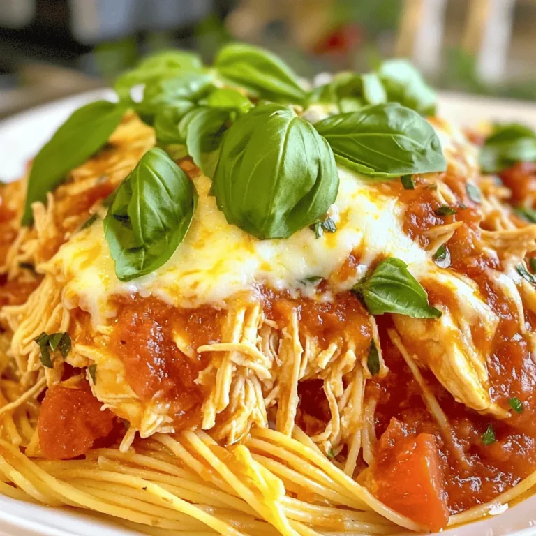 For this Slow Cooker Tomato Basil Chicken, you will need: - 4 boneless, skinless chicken breasts - 1 can (14.5 oz) diced tomatoes with basil, garlic, and oregano - 1 cup fresh basil leaves, chopped - 3 cloves garlic, minced - 1 medium onion, finely chopped - 2 tablespoons olive oil - 1 teaspoon salt - 1/2 teaspoon black pepper To kick up the flavor, consider adding: - 1/2 teaspoon red pepper flakes for heat - 1/2 cup shredded mozzarella cheese for serving - Fresh basil leaves for garnish You will need some basic tools: - Slow cooker - Large skillet - Cutting board - Knife - Mixing spoon - Two forks for shredding chicken This simple list of ingredients and tools makes cooking easy and fun. With everything ready, you can focus on creating a delicious meal. Enjoy the process! First, gather your ingredients. You will need: - 4 boneless, skinless chicken breasts - 1 can (14.5 oz) diced tomatoes with basil, garlic, and oregano - 1 cup fresh basil leaves, chopped - 3 cloves garlic, minced - 1 medium onion, finely chopped - 2 tablespoons olive oil - 1 teaspoon salt - 1/2 teaspoon black pepper - 1/2 teaspoon red pepper flakes (optional for a kick) - 1/2 cup shredded mozzarella cheese (for serving) - Fresh basil leaves (for garnish) Now, chop the fresh basil, onion, and mince the garlic. This step adds a great flavor base. Next, heat olive oil in a large skillet over medium heat. Add the chopped onion and sauté until it turns clear, about 3-4 minutes. Then, add the minced garlic and cook for 1 more minute until it smells great. Remove the skillet from the heat. In the slow cooker, place the chicken breasts at the bottom. Season them with salt, black pepper, and red pepper flakes if you want some spice. Pour the can of diced tomatoes with their juices over the chicken. Add the sautéed onion and garlic mixture on top. Finally, sprinkle the chopped fresh basil over everything. Cover the slow cooker with its lid. Cook on low for 6 hours or on high for 3 hours. The chicken should be tender and fully cooked. Once the chicken is cooked, use two forks to shred it directly in the slow cooker. Mix the chicken well with the tomato sauce. This helps the flavors blend together. Before serving, sprinkle shredded mozzarella cheese over the chicken mixture. Let it melt for about 5 minutes. Serve the Tomato Basil Chicken hot, and garnish with fresh basil leaves. Enjoy this tasty meal with pasta or crusty bread for a full experience! To boost the flavor of your Slow Cooker Tomato Basil Chicken, use fresh herbs. Fresh basil gives a bright taste. You can also add a splash of balsamic vinegar for depth. If you want heat, add more red pepper flakes. For a savory touch, sprinkle in some Italian seasoning. This blend adds warmth and aroma. Don't forget to taste the sauce before serving. Adjust the salt and pepper to your liking. The cooking time can vary based on your slow cooker. If you use a larger cut of chicken, increase the time slightly. For smaller pieces, reduce the cooking time a bit. On low, cook for 6 hours; on high, cook for 3 hours. Always check that the chicken reaches an internal temperature of 165°F. This ensures it's safe to eat and tender. Serve your Tomato Basil Chicken over pasta for a hearty meal. The sauce clings to the noodles and makes each bite delicious. You can also pair it with crusty bread to soak up the sauce. For a fresh side, try a simple green salad. A drizzle of olive oil adds extra flavor. Another option is to serve it with steamed vegetables for a balanced plate. Don't forget to top it with fresh basil leaves for a pretty finish. {{image_2}} You can swap out the chicken for turkey. Turkey thighs work well here. If you want a richer flavor, try adding some sun-dried tomatoes. They add a nice tang. You can also use different herbs like oregano or thyme. This gives a fresh twist to the dish. If you like cheese, try adding Parmesan with the mozzarella. It adds depth and creaminess. To make this dish vegetarian, use portobello mushrooms instead of chicken. They soak up the flavors well. For a vegan option, try chickpeas or lentils. Both options are protein-rich and hearty. Use vegetable broth instead of chicken broth to keep it vegan. You can also add extra veggies like zucchini or bell peppers for more texture. If you want it spicy, add more red pepper flakes. Start with one teaspoon and adjust to your taste. You can also add a dash of cayenne pepper for extra heat. If you prefer mild flavors, skip the red pepper flakes. Instead, add a pinch of sugar to balance the acidity of tomatoes. Taste as you go to find your perfect spice level. To store leftovers, let the chicken cool down first. Place it in an airtight container. Make sure to include the sauce. Store it in the fridge for up to three days. If you want to keep it longer, consider freezing it. To reheat, you can use the microwave or stovetop. If using the microwave, start with one to two minutes. Stir it halfway through to ensure even heating. On the stovetop, heat in a skillet over medium heat. Add a splash of water or broth to keep it moist. Freezing is a great way to save time. Place the cooled chicken mixture in a freezer-safe container. It can last for up to three months in the freezer. When ready to eat, thaw it overnight in the fridge. Reheat it gently before serving. This way, you can enjoy your delicious meal later! Yes, you can use frozen chicken breasts. Just add an extra hour to the cooking time. The slow cooker will work well to cook them through safely. Just remember to check that they reach 165°F for safe eating. Some great sides include: - Cooked pasta - Crusty bread - Steamed vegetables - Rice These sides pair well with the rich flavors of the chicken. They help soak up the sauce, too! To make this dish gluten-free, ensure your diced tomatoes do not have added gluten. Most brands are gluten-free, but it’s always best to check. You can serve it with rice or gluten-free pasta for a complete meal. Leftovers will last about 3 to 4 days in the fridge. Store them in an airtight container to keep them fresh. If you want to save them longer, consider freezing the leftovers instead. In this article, we explored slow cooker tomato basil chicken, covering everything from key ingredients to cooking instructions. You learned how to prepare, cook, and serve delicious meals with helpful tips. Remember, you can customize flavors, adjust cooking times, and even substitute ingredients. Storage tips help you save leftovers for later. Keep experimenting with new ideas, and enjoy your cooking adventures! Your slow cooker is a powerful tool for easy, tasty meals.