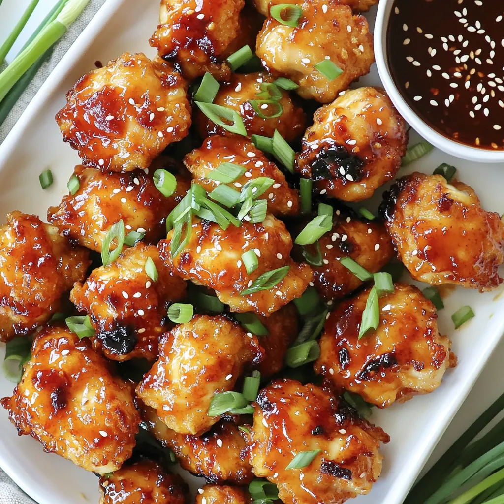 - 1 lb boneless, skinless chicken thighs - 1 cup all-purpose flour - 2 large eggs, beaten - 1 cup panko breadcrumbs - Salt and pepper to taste - 1 teaspoon garlic powder - 1 teaspoon ginger powder - 1 cup sweet chili sauce - 1 tablespoon soy sauce - Green onions and sesame seeds for garnish The main ingredients for Air Fryer Sweet Chili Chicken Bites include chicken thighs, flour, eggs, and panko breadcrumbs. I love using boneless, skinless chicken thighs. They stay juicy and tender, which makes the bites super tasty. For the seasoning, I use salt, pepper, garlic powder, and ginger powder. These flavors add depth and warmth to the chicken. You can adjust the salt and pepper to your liking. The sauce is where the magic happens! Sweet chili sauce and soy sauce mix together to create a sticky and sweet glaze. This sauce is rich and pulls all the flavors together. I also recommend garnishing with sliced green onions and sesame seeds. They add a nice crunch and a pop of color to your dish. Gather these ingredients, and you are ready to make a delicious meal that everyone will love! - First, season the chicken with salt, pepper, garlic powder, and ginger powder. - Mix well in a large bowl to coat all the pieces. - Next, set up a breading station. Place flour in one bowl, beaten eggs in another, and panko breadcrumbs in a third bowl. - Preheat your air fryer to 370°F (190°C) for about five minutes. - Lightly spray the basket with cooking spray to stop sticking. - Arrange the chicken bites in a single layer in the air fryer basket. Do not overcrowd them. - While the chicken cooks, combine sweet chili sauce and soy sauce in a small saucepan. - Stir the mixture over medium heat and let it simmer for about five minutes. This will thicken the sauce slightly. To get that perfect crispiness, I always use panko breadcrumbs. They give the chicken a nice crunch. Also, avoid overcrowding the air fryer basket. If you pack it too tight, the chicken won’t cook evenly. Make sure to coat the chicken evenly. Start by dredging each piece in flour, shaking off the extra. Then dip it in the beaten eggs. Finally, press the panko breadcrumbs firmly onto the chicken. This helps them stick well. For a beautiful presentation, plate the chicken bites with extra sweet chili sauce. This adds color and flavor. You can also add fresh herbs like green onions or cilantro. They make the dish look fresh and inviting. {{image_2}} You can easily spice up your chicken bites. Just add chili flakes to the breading. This gives a nice heat. You can also mix sriracha into the sweet chili sauce. This adds a bold flavor that many love. If you want to switch it up, use chicken breast instead of chicken thighs. Chicken breast cooks well and stays juicy. You can also try shrimp or tofu. Both options provide great taste and texture. For a gluten-free version, swap the all-purpose flour for almond flour. This keeps the coating light and crispy. Use gluten-free panko breadcrumbs instead of regular ones. This ensures everyone can enjoy these bites without worry. To store leftover chicken bites, let them cool first. Place them in an airtight container. This helps keep them fresh and tasty. You can also use plastic wrap or a zip-top bag. Make sure to squeeze out air for better storage. For freezing leftovers, let the chicken bites cool completely. Place them in a freezer-safe bag or container. Label it with the date. This helps you know how long they have been stored. When you want to eat them, thaw in the fridge overnight. Reheat in the air fryer for a crispy finish. Heat them at 350°F (175°C) for about 5-7 minutes. In the fridge, chicken bites last for 3-4 days. If frozen, they stay good for 2-3 months. Always check for any off smells or changes in color before eating. Safe storage helps keep your meals tasty and healthy! You should cook chicken bites for 12 to 15 minutes in the air fryer. It's best to shake the basket halfway through. This step helps them cook evenly and get crispy. The chicken should turn golden brown and reach an internal temperature of 165°F (74°C). Yes, you can use frozen chicken, but it will take longer to cook. I recommend thawing the chicken first. This ensures even cooking and better texture. If you cook from frozen, add about five extra minutes to the cooking time. Check that the internal temperature reaches 165°F (74°C) for safety. Here are some great ideas for side dishes and accompaniments: - Rice: Serve with steamed jasmine or basmati rice. - Vegetables: Pair with stir-fried or roasted veggies for balance. - Salad: A fresh cucumber or cabbage slaw adds crunch. - Dipping Sauces: Offer extra sweet chili sauce or a spicy mayo. - Noodles: Try with rice noodles for a fun twist. These options will round out your meal and make it even more enjoyable! This blog explored a tasty way to make sweet chili chicken bites. We covered the key ingredients, like chicken thighs, panko, and sweet chili sauce. You learned how to prepare and air fry them for a perfect crisp. I shared tips on breading and serving, as well as fun variations for flavor. With these easy steps, you can create a delicious dish that pleases everyone. Enjoy making this recipe your own!