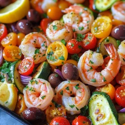 For this dish, you will need fresh and vibrant ingredients. Here’s what to gather: - 1 pound large shrimp, peeled and deveined - 2 cups cherry tomatoes, halved - 1 cup kalamata olives, pitted and halved - 1 bell pepper (choose red or yellow), sliced - 1 zucchini, sliced into half-moons - 1 red onion, cut into wedges - 4 cloves garlic, minced These ingredients bring color and taste to your meal. The shrimp are the star. They add a sweet, briny flavor. The veggies add crunch and freshness. Next, you need some pantry staples to enhance your dish. These are simple yet powerful: - 1 teaspoon dried oregano - 1 teaspoon smoked paprika - 3 tablespoons olive oil - Salt and pepper to taste The oregano adds a classic Mediterranean touch. Smoked paprika gives a hint of warmth and depth. Olive oil helps everything cook perfectly while adding richness. Finally, think about garnishing your meal. Here are some great options: - Fresh parsley, chopped - Lemon wedges, for serving Chopped parsley adds a pop of color and freshness. Lemon wedges brighten the dish and bring all the flavors together. These garnishes make your meal look and taste even better. Start by gathering all your ingredients. You will need: - 1 pound large shrimp, peeled and deveined - 2 cups cherry tomatoes, halved - 1 cup kalamata olives, pitted and halved - 1 bell pepper (red or yellow), sliced - 1 zucchini, sliced into half-moons - 1 red onion, cut into wedges - 4 cloves garlic, minced - 1 teaspoon dried oregano - 1 teaspoon smoked paprika - 3 tablespoons olive oil - Salt and pepper to taste - Fresh parsley, chopped (for garnish) - Lemon wedges (for serving) Once you have everything, wash the vegetables well. Cut them into the sizes listed. This helps them cook evenly. In a large bowl, add the shrimp and all the chopped vegetables. Toss in the garlic, olives, and spices. Drizzle the olive oil over the mix. Sprinkle the oregano, smoked paprika, salt, and pepper on top. Use your hands or a spoon to mix everything well. Ensure each piece of shrimp and vegetable is coated with oil and spices. This will boost the flavor as they cook together. Preheat your oven to 400°F (200°C). Spread the shrimp and vegetable mix evenly on a sheet pan. Make sure they are not crowded. This helps them roast instead of steam. Place the pan in the oven. Roast for 15 to 20 minutes. Look for shrimp that turns pink and vegetables that become tender. Keep an eye on them to prevent burning. Once done, take the pan out and let it cool for a moment. Garnish with fresh parsley and serve with lemon wedges. Squeeze lemon over the dish for added zest. Enjoy your meal! To cook shrimp just right, watch the color. The shrimp should turn pink and opaque. This usually takes about 15 to 20 minutes in the oven. If you overcook them, they become tough. Try to keep the shrimp in a single layer on the pan. This helps them cook evenly. For best results, choose large shrimp. They hold their texture better. Want to amp up the flavor? Add a splash of lemon juice before serving. It brightens each bite. You can also toss in a pinch of red pepper flakes for heat. Fresh herbs like basil or thyme can replace parsley for a twist. If you like a smokier taste, consider adding more smoked paprika. Adjust the salt and pepper to suit your taste. Cleaning up after cooking can be a drag. To make it easier, line your sheet pan with parchment paper. This prevents sticking and makes washing a breeze. After cooking, let the pan soak while you eat. A quick rinse will remove any stubborn bits. Don't forget to use a large bowl for mixing. This way, you keep your kitchen tidy. {{image_2}} If you want a vegetarian version, try using chickpeas or tofu. Both options work well. Chickpeas add a nice texture and protein. Tofu absorbs flavors, making it a great choice. Just prepare them the same way as shrimp. Toss them with the veggies and seasonings. Feel free to mix up the vegetables! You can use asparagus, broccoli, or even artichokes. Each veggie brings its own taste. For a crunch, add snap peas or green beans. The key is to pick veggies that roast well. This way, they stay tender and flavorful. You can change the flavors with different herbs and spices. For a fresh twist, try basil or dill. If you like heat, add red pepper flakes. You can also use lemon zest for a bright touch. Each adjustment gives a new feel to the dish. Get creative and find what you love! To store your leftover Mediterranean shrimp, let it cool first. Place the shrimp and veggies in an airtight container. This keeps them fresh longer. You can store it in the fridge for up to three days. For best taste, eat it within one to two days. To reheat your shrimp, use the oven. Preheat it to 350°F (175°C). Spread the shrimp and veggies on a baking sheet. Heat for about 10 minutes or until warm. This method helps keep the shrimp juicy and the veggies tender. You can also use a microwave for quick reheating. Just cover the dish to keep moisture in. Heat for 1-2 minutes, checking often. If you want to freeze the dish, do so before cooking. Place uncooked shrimp and veggies in a freezer bag. Press out as much air as you can, then seal it. This helps prevent freezer burn. When ready to cook, thaw it in the fridge overnight. You can also use cold water for quicker thawing. Just place the sealed bag in cold water for about 30 minutes. Cook immediately after thawing for the best results. I recommend using large shrimp, ideally 16-20 per pound. They cook well and stay juicy. Fresh shrimp offers the best flavor, but frozen shrimp works too. When using fresh shrimp, look for a sweet scent and a firm texture. Yes, you can use frozen shrimp! Just be sure to thaw them first. Place the shrimp in a bowl of cold water for about 15 minutes. This quick thaw helps keep them tender. Pat them dry before adding to the pan. This recipe is naturally gluten-free! All the ingredients are safe for gluten-free diets. Just double-check the labels on your olives and any added seasonings. If you want a grain to serve, use quinoa or rice, which are both gluten-free. You learned how to make a tasty Sheet Pan Mediterranean Shrimp dish. We explored the key ingredients, step-by-step prep, and cooking methods. You have tips for great flavor and quick cleanup, plus fun variations to try. Don't forget about proper storage for leftovers. This recipe is easy and flexible for everyone. Now, you can create a meal that is healthy and delicious with simple steps. Enjoy your cooking adventure!