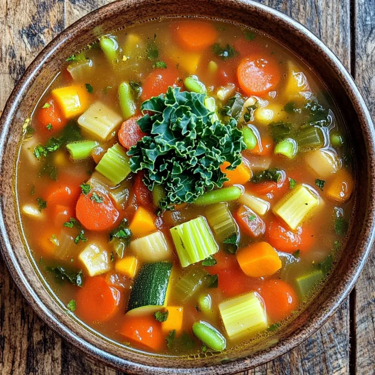 To make a great slow cooker vegetable minestrone soup, gather these key items: - 2 cups vegetable broth - 1 can (14 oz) diced tomatoes with juices - 1 cup carrots, diced - 1 cup celery, diced - 1 cup zucchini, diced - 1 cup green beans, chopped - 1 small onion, chopped - 2 cloves garlic, minced - 1 cup frozen peas - 1 cup kale or spinach, chopped - 1 can (15 oz) kidney beans, drained and rinsed - 1 teaspoon dried oregano - 1 teaspoon dried basil - Salt and pepper to taste - 1 cup small pasta (like ditalini or elbow pasta) These ingredients create a colorful and tasty soup. Each one brings its own flavor. The beans add protein, while the veggies give texture. Want to take your soup up a notch? Consider adding these optional items: - 1 bell pepper, diced - 1 cup corn, frozen or fresh - 1 teaspoon red pepper flakes for heat - 1 tablespoon lemon juice for brightness These extra ingredients can give your soup a unique twist. Try mixing and matching to find your perfect flavor. Fresh herbs can make your soup look and taste better. Here are my favorites: - Fresh parsley - Fresh basil Chop these herbs and sprinkle them on top before serving. They will add a fresh kick and brighten the dish. Enjoy the vibrant colors and flavors! First, gather all your ingredients. You need: - 2 cups vegetable broth - 1 can (14 oz) diced tomatoes with juices - 1 cup carrots, diced - 1 cup celery, diced - 1 cup zucchini, diced - 1 cup green beans, chopped - 1 small onion, chopped - 2 cloves garlic, minced - 1 cup frozen peas - 1 cup kale or spinach, chopped - 1 can (15 oz) kidney beans, drained and rinsed - 1 teaspoon dried oregano - 1 teaspoon dried basil - Salt and pepper to taste - 1 cup small pasta (like ditalini or elbow pasta) - Fresh parsley or basil for garnish Chop the veggies into small pieces. This helps them cook well. Make sure to rinse the kidney beans. This removes extra salt. Now, it’s time to cook! In the slow cooker, combine the vegetable broth, diced tomatoes, carrots, celery, zucchini, green beans, onion, garlic, oregano, basil, salt, and pepper. Stir everything well. Cover the slow cooker. Cook on low for 6 to 8 hours or on high for 3 to 4 hours. About 30 minutes before you serve, add the frozen peas, kale or spinach, and drained kidney beans. This keeps them fresh and bright in your soup. While the soup cooks, prepare the pasta. Cook it according to package instructions. Once cooked, drain it well. After cooking, stir the pasta into the soup. Mix gently, so everything combines. Taste and adjust the seasoning if needed. Serve the soup hot. Garnish it with fresh parsley or basil for a lovely touch. Enjoy this warm, hearty meal! To make the best minestrone soup, use fresh vegetables. Fresh veggies add bright flavors. Start by dicing carrots, celery, and zucchini. Chop the onion and mince the garlic. These steps create a base full of taste. Use good-quality vegetable broth for a rich flavor. The broth sets the tone for the soup. Mixing the right ingredients matters. Use canned tomatoes for sweetness and texture. Dried oregano and basil bring an Italian flair. Don’t forget about salt and pepper. Taste as you go to adjust. Add frozen peas and leafy greens later in cooking. This keeps their color bright and taste fresh. Slow cookers can vary in heat. Some cook hotter or cooler than others. If you use a new slow cooker, check it often. For low heat, cook for 6-8 hours. On high heat, aim for 3-4 hours. Test the veggies for doneness before serving. If they’re soft, the soup is ready. Adjust times as needed for your model. {{image_2}} To make this soup gluten-free, you can skip the pasta or use gluten-free pasta. Many brands offer great options that taste good too. Just cook it separately and add it right before serving. This keeps the pasta from getting mushy. Always check the broth label to ensure it's gluten-free as well. For a low-carb or keto twist, omit the pasta. You can add more vegetables like cauliflower or mushrooms instead. They give a great texture and flavor. You could also use zucchini noodles as a fun noodle alternative. This keeps your soup hearty while lowering the carbs. If you want to boost the protein, try adding cooked chicken, turkey, or beans. You can add shredded rotisserie chicken for a quick option. For a vegetarian choice, add more beans or lentils. These additions make the soup filling and nutritious. Just remember to adjust cooking times based on what you add. To store leftover minestrone soup, let it cool first. Once cool, pour it into an airtight container. Make sure to seal the lid tightly. You can keep it in the fridge for up to five days. If you want to keep it longer, consider freezing it. To freeze minestrone soup, place it in a freezer-safe container. Leave some space at the top for expansion. You can also use freezer bags. Just squeeze out the air before sealing. Soup can last in the freezer for about three months. This makes it easy for quick meals later on. When reheating, use a pot on the stove for even heating. Stir the soup often to prevent sticking. You can also microwave it in a bowl. Just cover it loosely and heat in short bursts. Make sure it’s hot throughout before serving. If the soup is thick, add a splash of broth or water. This will bring back its great taste and texture. Yes, you can use fresh vegetables in this soup. Fresh veggies add bright flavor and texture. Just chop them up like you would with frozen ones. You can use fresh peas, zucchini, and green beans. They will cook well in the slow cooker. Note that fresh veggies may take less time to cook than frozen. Keep an eye on them to avoid mushiness. Small pasta works best for minestrone soup. I recommend ditalini or elbow pasta. These shapes hold the broth well and mix perfectly with the veggies. You can also use small shells or any other small noodle. Just be sure to cook the pasta separately. Add it to the soup right before serving for the best texture. Yes, this soup is easy to make vegetarian or vegan. The base is already meat-free with vegetable broth. Just make sure to check your pasta. Some pasta may contain eggs. Use a vegan pasta to keep it fully plant-based. This soup is packed with veggies, so it’s a great choice for anyone! In this post, I covered how to make a tasty slow cooker vegetable minestrone soup. We talked about the main and optional ingredients, plus herbs for garnish. I offered step-by-step cooking instructions and shared helpful tips for great flavor and time adjustments. You can even customize the soup for gluten-free or keto diets. Remember, this soup is easy to store and freeze for later. Enjoy experimenting with fresh veggies and pasta types to match your tastes. Cooking should be fun and rewarding every time!