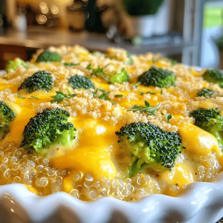 - 1 cup quinoa, rinsed - 2 cups vegetable broth - 2 cups fresh broccoli florets - 1 cup shredded sharp cheddar cheese - 1 cup cream cheese, softened - 1/2 cup Greek yogurt - 1/2 teaspoon garlic powder - 1/2 teaspoon onion powder - 1/4 teaspoon red pepper flakes (optional) - Salt and pepper to taste - 1/4 cup breadcrumbs (for topping) - 2 tablespoons olive oil When picking fresh broccoli, look for bright green color. The florets should be tight and firm. Avoid any yellowing or wilting. Fresh broccoli smells sweet and earthy. If it feels rubbery or has dark spots, skip it. Always choose broccoli that feels heavy for its size. This means it is fresh and full of water. If you want to swap quinoa, use brown rice or couscous. Both give a nice texture. For cheese, you can try mozzarella or gouda. These options melt well and taste great. If you need a dairy-free choice, use cashew cream. It adds creaminess without dairy. Start by rinsing one cup of quinoa under cold water. This helps remove bitterness. In a medium pot, combine the rinsed quinoa with two cups of vegetable broth. Bring this to a boil, then lower the heat. Cover the pot and let it simmer for around 15 minutes. The quinoa will absorb all the liquid. Afterward, remove it from heat and fluff it gently with a fork. Next, take two cups of fresh broccoli florets and cut them into small pieces. This makes them easy to mix and eat. In a big mixing bowl, add one cup of softened cream cheese. To this, mix in half a cup of Greek yogurt. Stir until you have a smooth, creamy blend. Now, add the cooked quinoa to this creamy mix. Make sure to stir well so everything combines nicely. Next, fold in the broccoli florets you prepared earlier. Add half a cup of shredded sharp cheddar cheese, half a teaspoon of garlic powder, and half a teaspoon of onion powder. If you like some heat, sprinkle in a quarter teaspoon of red pepper flakes. Season this mixture with salt and pepper to taste. Grab a greased casserole dish, preferably around 9x9 inches. Pour the creamy quinoa and broccoli mixture into it. Spread it evenly. Now, sprinkle the remaining cheddar cheese on top. For a crispy finish, add a quarter cup of breadcrumbs and drizzle two tablespoons of olive oil over everything. Preheat your oven to 350°F (175°C). Bake the casserole for 25 to 30 minutes. You want the top to be golden and bubbly. After baking, let it cool for a few minutes before serving. This helps everything set nicely. Enjoy your creamy broccoli cheddar quinoa casserole! To make your casserole extra creamy, use full-fat cream cheese. This gives a rich base. Mixing in Greek yogurt adds tang and creaminess too. If you want it even smoother, add a splash of vegetable broth. Stir well to blend everything. Make sure to preheat your oven to 350°F (175°C). This helps the casserole bake evenly. Use a greased 9x9-inch dish for easy serving. Bake for 25-30 minutes until the top is golden and bubbly. Let it cool for a few minutes before serving. This helps it set nicely. Serve the casserole warm for the best taste. Top it with fresh broccoli florets for color. A sprinkle of herbs like parsley or chives adds freshness. You can also add a dollop of Greek yogurt as a garnish. This gives a nice touch and extra creaminess. {{image_2}} You can boost the protein in this dish easily. Adding cooked chicken or tofu makes it heartier. For chicken, use shredded rotisserie or grilled pieces. For tofu, choose firm tofu, press it to remove water, and cube it before mixing. Both options blend well with the creamy texture and provide flavor. To make this casserole vegan, swap out the cheese and cream. Use cashew cream or a store-bought vegan cream cheese. Nutritional yeast adds a cheesy flavor. For the Greek yogurt, replace it with almond or coconut yogurt. These choices keep the dish rich and creamy without animal products. Give your casserole a flavor boost with herbs and spices. Try adding thyme or basil for a fresh taste. If you like heat, increase the red pepper flakes or add cayenne pepper. A touch of smoked paprika can add depth. Experiment with these spices to find your perfect mix! To keep your creamy broccoli cheddar quinoa casserole fresh, let it cool completely. Then, transfer it to an airtight container. This will help keep it moist and tasty. Store it in the fridge for up to four days. If you want to save it longer, freezing is a great option. Just make sure it is fully cooled before you freeze. When you're ready to enjoy your leftovers, reheat them in the oven. Set your oven to 350°F (175°C). Place the casserole in a baking dish. Cover it with foil to keep it from drying out. Heat for about 20 minutes or until it's warmed through. You can also microwave it. Just cover it and heat in short bursts, checking often to avoid overcooking. To freeze the casserole, cut it into portions. Wrap each piece tightly in plastic wrap. Then, place them in a freezer-safe bag or container. Label the bags with the date. This makes it easy to know how long they’ve been frozen. Your casserole can stay good for up to three months in the freezer. When you’re ready to eat, thaw it in the fridge overnight before reheating. Yes, you can prepare this casserole ahead of time. Just follow the recipe steps but do not bake it. Cover the dish and store it in the fridge for up to two days. When ready to eat, bake it straight from the fridge. You might need to add a few extra minutes to the cooking time. If you want to replace cream cheese, try using Greek yogurt or cottage cheese. Both options add creaminess and a bit of tang. You can also use a dairy-free cream cheese for a vegan option. Yes, quinoa is a great substitute for rice. It is packed with protein and fiber. Plus, quinoa cooks faster than rice. It gives a nice texture and absorbs flavors well, making your casserole even tastier. To keep this dish gluten-free, use gluten-free breadcrumbs for the topping. Make sure your vegetable broth is also gluten-free. All other ingredients in this recipe are naturally gluten-free. Absolutely! Frozen broccoli works well in this casserole. Just make sure to thaw and drain it before mixing. This will help keep the casserole from being too watery. This blog post covered how to make a delicious casserole with broccoli, quinoa, and cream cheese. We discussed ingredient selection, preparation steps, and tips for a creamier texture. You can modify the dish with proteins and spices, and learn to store leftovers effectively. Whether you’re cooking for yourself or friends, these tips will help you craft a tasty meal. Remember, cooking should be fun and creative, so feel free to make this recipe your own!