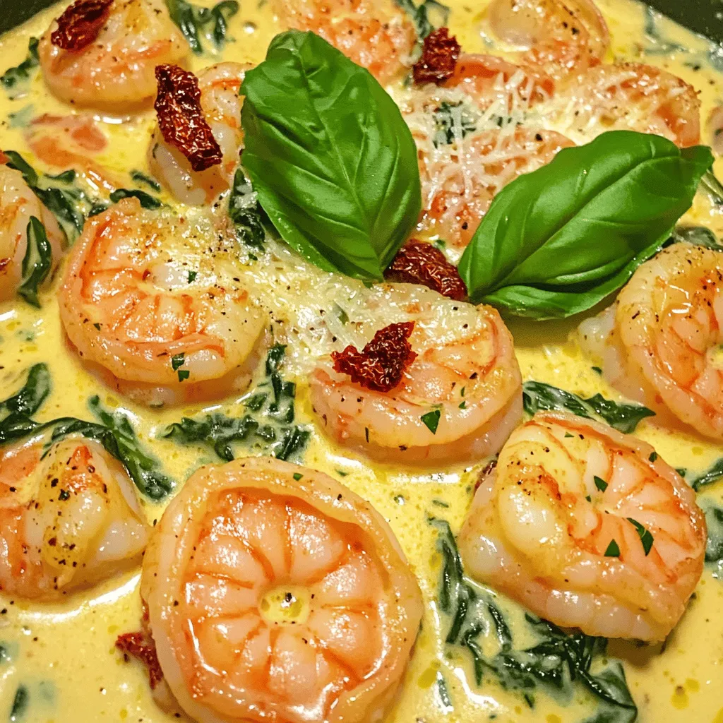 To make creamy sun-dried tomato shrimp, you need: - 1 pound large shrimp, peeled and deveined - 1 cup sun-dried tomatoes, chopped (in oil for richer flavor) - 1 cup heavy cream - 2 cloves garlic, minced - 1 small onion, diced - 1 cup fresh spinach - 1 teaspoon Italian seasoning - 1 tablespoon olive oil - Salt and pepper to taste - Fresh basil leaves for garnish - Grated Parmesan cheese (optional) You can swap ingredients based on what you have. Use fresh tomatoes if you can't find sun-dried ones. For a lighter sauce, use half-and-half instead of heavy cream. If you're out of shrimp, try chicken or tofu. You can also skip the cheese for a dairy-free option. Choose large shrimp for a nice bite. Fresh shrimp taste best, but frozen works fine too. Look for sun-dried tomatoes packed in oil for added flavor. Fresh spinach should be bright green and crisp. Good quality olive oil enhances the dish. Always check your spices for freshness to ensure great taste. To make creamy sun-dried tomato shrimp, gather your ingredients first. You will need shrimp, sun-dried tomatoes, heavy cream, garlic, onion, spinach, and seasonings. Prepare your workspace by chopping and measuring everything. This will help you cook smoothly and quickly. 1. Heat a large skillet over medium heat. Add one tablespoon of olive oil. 2. Once the oil is hot, add the diced onion. Sauté for 3-4 minutes until it looks clear. 3. Next, add two cloves of minced garlic. Cook for one minute until it smells great. 4. Toss in one cup of chopped sun-dried tomatoes and one teaspoon of Italian seasoning. Stir well and cook for 2-3 minutes. This lets the flavors mix nicely. 5. Now, add one pound of shrimp to the skillet. Cook for 3-4 minutes until the shrimp turn pink and opaque. 6. Pour in one cup of heavy cream. Stir it all together. Bring this to a gentle simmer for about 5 minutes. It should thicken a bit. 7. Add one cup of fresh spinach. Cook until the spinach wilts, which takes about 2 minutes. Season with salt and pepper to make it taste just right. 8. You can serve this dish over pasta or rice if you like. Garnish with fresh basil leaves and grated Parmesan cheese if desired. - Use fresh or thawed shrimp. Frozen shrimp can be watery and less flavorful. - Do not overcook shrimp. They cook fast and should be pink and firm when ready. - If you are unsure, take one shrimp out to test. It should be opaque throughout. - Always add shrimp last to keep them tender and juicy. - Keep an eye on the heat. Too high can make shrimp rubbery. To make this dish pop, use sun-dried tomatoes packed in oil. The oil adds a rich taste. You can also add a splash of white wine before the cream. This brings depth to the sauce. Fresh herbs like thyme or oregano can boost flavor too. For a creamier sauce, use full-fat cream. You can also mix in some cream cheese for extra richness. If you want a lighter version, try half-and-half instead. Adding a bit of grated Parmesan cheese at the end makes it even more indulgent. Don’t overcook the shrimp. They should be pink and opaque, about 3-4 minutes max. If you cook them too long, they will get rubbery. Also, don’t skip the garlic. It adds a lovely aroma. Lastly, taste your dish before serving. Adjust salt and pepper to your liking. {{image_2}} You can boost the flavor and nutrition of your creamy sun-dried tomato shrimp by adding vegetables. Here are some great options: - Bell Peppers: Dice red or yellow bell peppers for sweetness. - Zucchini: Chop zucchini into small pieces for a light crunch. - Mushrooms: Sautéed mushrooms add a rich, earthy flavor. - Broccoli: Florets can give a nice bite and color. Add these veggies when you cook the onion, letting them soften before adding garlic. This gives a nice blend of taste and texture. If shrimp isn’t your favorite, try other proteins. Here are some tasty swaps: - Chicken: Use diced chicken breast for a heartier dish. - Scallops: These add a sweet, delicate flavor. - Tofu: For a plant-based option, use firm tofu, cubed and sautéed. Adjust cooking time based on the protein. For chicken, cook until it reaches 165°F for safety. You can enjoy this dish gluten-free with a few simple changes: - Pasta: Use gluten-free pasta made from rice or corn. - Rice: Serve over white, brown, or cauliflower rice for a healthy option. - Zoodles: Spiralized zucchini makes a great low-carb base. Always check labels on pre-made products to ensure they are gluten-free. Enjoy your meal without worry! To keep your creamy sun-dried tomato shrimp fresh, let it cool first. Place it in an airtight container. Store it in the fridge for up to three days. Make sure to label the container with the date. This helps you remember when you made it. When you're ready to enjoy your leftovers, reheat gently. Place the shrimp mixture in a skillet over low heat. Stir often to avoid burning. You can also microwave it in a bowl. Heat it in short bursts of 30 seconds, stirring in between. This way, you keep the cream smooth and tasty. You can freeze creamy sun-dried tomato shrimp for later. Use a freezer-safe container or a zip-top bag. Remove as much air as possible to prevent freezer burn. It will keep well for up to three months. To thaw, place it in the fridge overnight before reheating. Yes, you can use frozen shrimp. Just ensure they are peeled and deveined. Thaw the shrimp first. You can do this overnight in the fridge or in cold water for about 30 minutes. Cooking times may vary slightly. Cook until the shrimp turn pink and opaque. You can serve this dish with various sides. Here are some great options: - Pasta: Choose spaghetti or fettuccine for a classic pairing. - Rice: White or brown rice soaks up the creamy sauce well. - Quinoa: A healthy alternative that adds a nice texture. - Crusty bread: Perfect for dipping in the sauce. To make this dish dairy-free, swap heavy cream for coconut cream or a dairy-free cream alternative. You can also use cashew cream for a rich taste. Be sure to check the labels to avoid dairy. Adjust the seasoning as needed to enhance the flavor. This blog post covered key elements to cook creamy sun-dried tomato shrimp. We explored the best ingredients and possible substitutions. I shared step-by-step cooking methods and tips for perfect shrimp. We also looked at how to enhance flavors and avoid common mistakes. Variations let you add veggies or change proteins based on your needs. Finally, we reviewed storage tips for leftovers. With this knowledge, you can create a delightful meal with confidence. Enjoy cooking and make it your own!