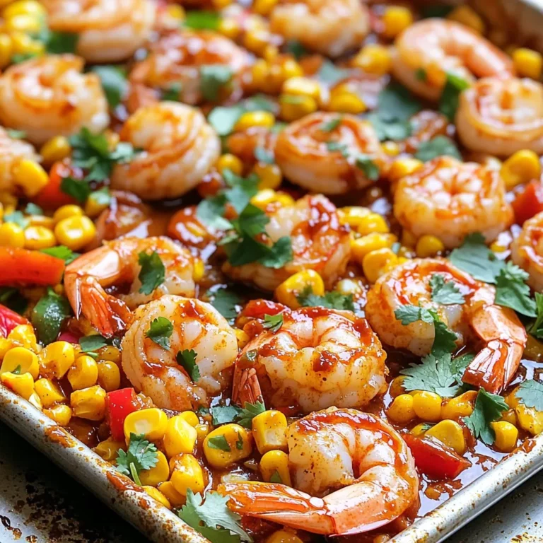 - 1 lb large shrimp, peeled and deveined - 2 ears of corn, husked and cut into thirds - 1 red bell pepper, chopped - 1 yellow bell pepper, chopped - ¼ cup barbecue sauce (homemade or store-bought) - 2 tablespoons olive oil - 1 teaspoon garlic powder - 1 teaspoon smoked paprika - ½ teaspoon cayenne pepper (adjust for spice preference) - Salt and pepper to taste - Fresh cilantro for garnish When I think about making Sheet-Pan BBQ Shrimp and Corn, I focus on the main ingredients first. Large shrimp serve as a tasty protein. They soak up flavors well and cook quickly. Corn adds sweetness and a nice crunch. It pairs perfectly with shrimp. Bell peppers bring vibrant color and a slight crispness. Next, I turn to the seasonings and sauces. Barbecue sauce gives this dish its signature flavor. You can use your favorite store-bought sauce or make one at home. Olive oil helps coat the shrimp, ensuring even cooking. Garlic powder and smoked paprika add depth. They bring a warm, smoky taste. Adjust the cayenne pepper to your liking. This spice can heat things up! Don't forget salt and pepper to enhance all the flavors. Lastly, I love adding fresh cilantro as a garnish. It offers a burst of color and freshness. Plus, it ties all the flavors together beautifully. Use it if you like a fresh finish to your dish. First, set your oven to 400°F (200°C). This temperature helps cook everything evenly. Next, line a large baking sheet with parchment paper. This makes cleanup easy and keeps the food from sticking. In a mixing bowl, add the shrimp. Pour in the barbecue sauce and olive oil. Then, sprinkle in the garlic powder, smoked paprika, cayenne pepper, salt, and pepper. Now, toss everything well. Make sure each shrimp is coated fully. This step adds great flavor. Take the prepared baking sheet and spread the seasoned shrimp on one side. On the other side, place the corn pieces and chopped bell peppers. Drizzle a bit of olive oil over the veggies. Sprinkle them with salt and pepper. This will help the vegetables roast nicely. Put the sheet pan in the preheated oven. Cook for 15 to 20 minutes. Halfway through, stir the shrimp and veggies. The shrimp should turn pink and opaque, while the corn should become tender. Check them closely to avoid overcooking. To know when shrimp are cooked, look for their color. They should turn bright pink and opaque. If they stay gray, they need more time. Cooked shrimp should curl slightly but not tightly. This means they are done but not overcooked. Remember, shrimp cook fast. Keep an eye on them to avoid rubbery texture. You can boost the flavor of your dish with extra seasonings. Try adding a squeeze of fresh lemon juice for brightness. Fresh herbs, like parsley or dill, can add freshness too. If you love spice, consider adding a dash of hot sauce or more cayenne. For a smoky kick, a sprinkle of chipotle powder works great. Experiment to find what you enjoy most. Cooking times can change based on shrimp size. Smaller shrimp cook faster, around 10-12 minutes. Larger shrimp might need 20 minutes to cook through. If you use jumbo shrimp, check them at the 15-minute mark. Adjust the cooking time to ensure they stay juicy and tender. Always rely on that beautiful pink color for the best results. {{image_2}} You can easily spice up your shrimp. If you like heat, add more cayenne pepper. You can also try chili powder or hot sauce for a different kick. Just remember to taste as you go. This way, you find the right heat for you. Too much spice can overpower the dish. Start with a little and add more if needed. Feel free to mix in other veggies. Zucchini, asparagus, or cherry tomatoes work great. They add color and flavor to the dish. You can even add sliced onions for sweetness. Just cut them into similar sizes to keep cooking even. This way, every bite is full of tasty veggies. BBQ sauce is classic, but you can switch things up. Try teriyaki sauce for a sweet twist. Or use a spicy garlic sauce for a bold taste. You can also make a lemon herb sauce for a fresh flavor. Each sauce gives a unique feel to the dish. Experimenting keeps your meals exciting and fun! After enjoying your delicious sheet-pan BBQ shrimp and corn, store leftovers properly. Use airtight containers for best results. Make sure to cool the shrimp and corn before sealing them. This keeps moisture in check and ensures they stay fresh. Place the containers in the fridge. Leftovers can last for up to three days. If you want to keep them longer, consider freezing. When you're ready to enjoy leftovers, reheating is simple. The best way is to use an oven. Preheat the oven to 350°F (175°C). Spread the shrimp and corn on a baking sheet. Heat for about 10 minutes or until warmed through. You can also use a microwave. Place the food in a microwave-safe dish. Heat in short bursts of 30 seconds, checking often. This way, you avoid overcooking. Freezing is a great option if you have extra food. First, allow the shrimp and corn to cool completely. Then, place them in freezer bags or containers. Remove as much air as possible to prevent freezer burn. Label the bags with the date. You can freeze them for up to three months. When ready to eat, thaw in the fridge overnight before reheating. Yes, you can use frozen shrimp. Just follow these tips: - Thaw shrimp in the fridge overnight. - If short on time, place shrimp in a bowl of cold water for 15 minutes. - Make sure shrimp are fully thawed and drained before use. Frozen shrimp can work well in this dish. Just check for quality. If you want a different flavor, try these ideas: - Use teriyaki sauce for a sweet twist. - Try a spicy chili sauce for extra heat. - Honey mustard can add a nice zing. - Marinara sauce gives a unique Italian flair. Feel free to mix and match flavors to find what you love. Cooking shrimp takes about 15-20 minutes. Here’s how: - Shrimp cook quickly; they turn pink and opaque. - Check corn for tenderness at the same time. - Stir halfway through to ensure even cooking. Always watch closely, as shrimp can overcook easily. This blog post shared a simple recipe for sheet pan shrimp with corn and peppers. We explored key ingredients, like large shrimp, corn, and bell peppers, and the seasonings that bring flavor. I detailed step-by-step instructions for marinating, arranging, and cooking. Tips for perfect shrimp and variations for spice were also included. In summary, you can make this dish your own. Try new flavors or different veggies. Enjoy the cooking!