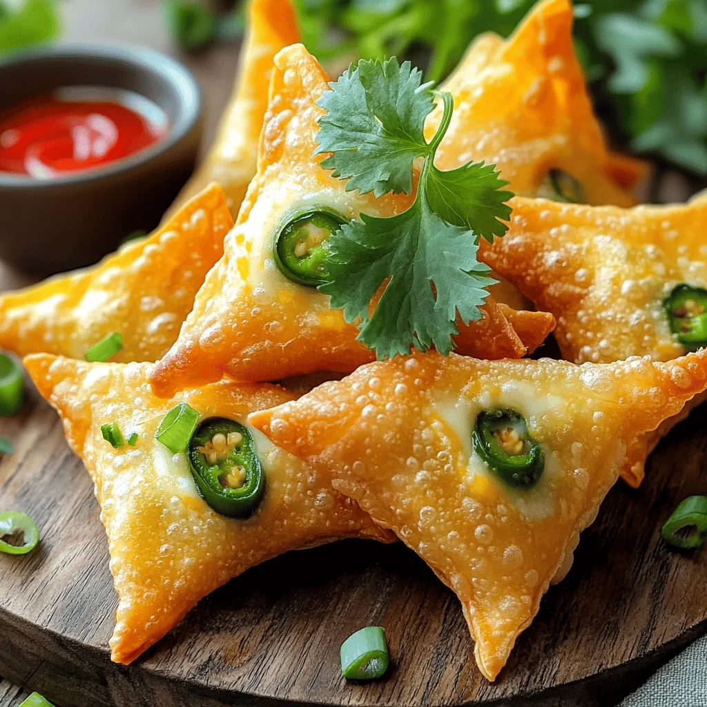 To make these tasty wontons, gather these main ingredients: - 1 package of wonton wrappers (about 30 wrappers) - 1 cup cream cheese, softened - 1 cup shredded cheddar cheese - 2 jalapeños, finely chopped (seeds removed for less heat, if desired) - 1/4 cup green onions, chopped - 1/2 teaspoon garlic powder - 1/2 teaspoon onion powder - Salt and pepper to taste These ingredients create a creamy and spicy filling that packs a punch. The cream cheese gives a rich base, while the cheddar adds a sharp bite. Jalapeños bring heat and flavor, and green onions add freshness. You can enhance your wontons with optional ingredients: - 1/2 teaspoon smoked paprika - 1/4 teaspoon cumin - 1/4 teaspoon chili powder These spices add depth and warmth. Smoked paprika gives a nice smoky taste. Cumin and chili powder offer a subtle earthiness. Pair your jalapeño popper wontons with these tasty sauces: - Sriracha for a spicy kick - Ranch dressing for a cool contrast - Honey mustard for a sweet touch Dipping sauces add fun and flavor. Sriracha boosts the heat, while ranch cools it down. Honey mustard offers a sweet balance to the spice. Enjoy experimenting with different dips! Start by mixing the cream cheese and cheddar cheese. Use a bowl and make sure the cream cheese is soft. Add the chopped jalapeños, green onions, garlic powder, onion powder, salt, and pepper. Stir everything well until it becomes a creamy mixture. This blend is key for flavor and texture. Take a wonton wrapper and lay it flat on a clean surface. Place about one tablespoon of the cream cheese mixture in the center of the wrapper. Moisten the edges of the wrapper with a bit of water. This helps the edges stick together. Fold the wrapper over to form a triangle. Press the edges tightly to seal. Repeat this step until all the wrappers and filling are used. Preheat your air fryer to 350°F (175°C) for about five minutes. Spray the air fryer basket lightly with cooking spray to keep the wontons from sticking. Place a few wontons in a single layer in the basket. Make sure they do not touch each other. Lightly spritz the tops with more cooking spray. Cook for five to seven minutes, flipping them halfway through. They should turn golden brown and crispy. Once done, take them out and continue with the rest of the wontons. Serve them warm with Sriracha or your favorite dipping sauce for a tasty treat! When using wonton wrappers, freshness is key. Buy them just before you plan to use them. Store any unused wrappers in an airtight bag in the fridge to keep them fresh. If they dry out, they become hard and hard to fold. To make folding easier, keep a damp paper towel over the wrappers while you work. This helps them stay soft and pliable. To get that perfect crunch, preheat your air fryer to 350°F (175°C) for five minutes. This helps the wontons cook evenly. Make sure to spray the air fryer basket lightly with cooking spray. It prevents sticking and promotes crispiness. Place the wontons in a single layer without touching. Crowding them can lead to soggy results. Spraying the tops of the wontons with cooking spray also aids in achieving that golden brown finish. One common mistake is overfilling the wonton wrappers. Stick to about 1 tablespoon of filling. If you add too much, they won’t seal properly. Another mistake is not sealing the edges firmly. Ensure you press the edges well to avoid spilling the filling during cooking. Lastly, avoid cooking them too quickly. If they cook too fast, they may burn on the outside and remain soggy inside. Flip them halfway through cooking for even crispiness. {{image_2}} You can kick up the heat in your jalapeño popper wontons. Try adding diced habaneros or serrano peppers for extra spice. You can also mix in some spicy sausage or crumbled chorizo. This will add more flavor and depth. Just be sure to balance the heat with creamy cheese. If you want a meat-free version, this dish is easy to adapt. Use cooked spinach or artichokes instead of meat. You can also add black beans for a hearty texture. Swap in a vegan cream cheese for a plant-based treat. This keeps the wontons creamy and delicious without any animal products. Cheese is key to a great wonton. While cheddar is a classic choice, you can mix it up. Try pepper jack for a spicy twist or mozzarella for a gooey texture. For something bold, use gorgonzola or feta. Each cheese adds its own flavor profile. Experiment to find your perfect blend. Once you finish your meal, let the wontons cool down. Place them in an airtight container. This keeps them fresh. Store the container in the fridge. They will last for about 3 days. To enjoy your wontons again, preheat your air fryer to 350°F (175°C). Place the wontons in the basket in a single layer. Heat them for about 3-5 minutes. This makes them crispy again. You can also use a microwave. Just microwave them for about 30 seconds to 1 minute. But they may not stay as crispy. If you want to save wontons for later, freeze them before cooking. Arrange uncooked wontons in a single layer on a baking sheet. Freeze them for about 1-2 hours until firm. Then, transfer them to a freezer bag or container. They can stay frozen for up to 3 months. When ready to cook, do not thaw. Just cook them in the air fryer for a few extra minutes. Jalapeño popper wontons last about 3 days in the fridge. Store them in an airtight container. If you want to keep them longer, freeze them. They can last up to 3 months when frozen. Just make sure to wrap them well to avoid freezer burn. Yes, you can bake jalapeño popper wontons! Preheat your oven to 375°F (190°C). Place the wontons on a baking sheet lined with parchment paper. Bake for 15-20 minutes until they are golden brown. Spray them with cooking spray for a crispier texture. Air frying gives a crunchier result, but baking works too! You can use ricotta cheese or goat cheese as a substitute for cream cheese. For a vegan option, try using cashew cream or tofu blended until smooth. Each will give a different taste and texture, but they all work well in wontons. Adjust the seasoning as needed for the best flavor. Jalapeño popper wontons are a tasty treat with endless options. We discussed key ingredients, from cream cheese to dipping sauces. You learned how to prepare the filling and cook using an air fryer. I shared tips for perfect wontons and ways to store any leftovers. Remember, you can customize flavors to fit your taste. Enjoy experimenting with spicy and vegetarian variations! These wontons will impress your family and friends at any gathering.