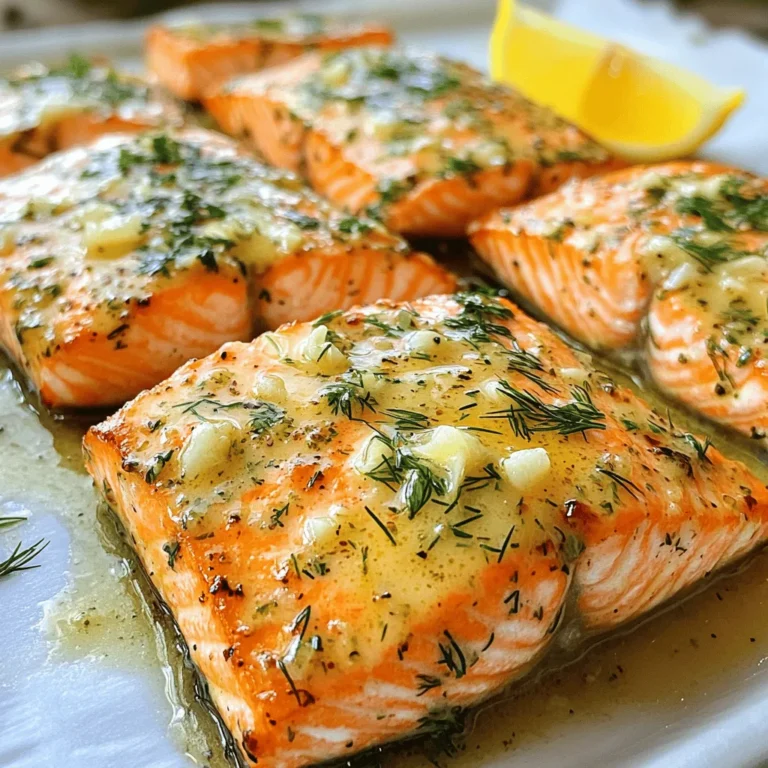 - 4 salmon fillets (6 oz each) - 4 tablespoons unsalted butter - 4 cloves garlic, minced - 2 tablespoons fresh parsley, finely chopped - 1 tablespoon fresh dill, finely chopped - 1 tablespoon fresh lemon juice - Salt and pepper to taste - Lemon wedges for garnish When choosing your salmon, look for bright, moist fillets. Fresh salmon has a mild scent and firm texture. You can use wild-caught salmon for better flavor and nutrients. If you cannot find fresh herbs, dried ones work too. Use one-third the amount of dried herbs to match the flavor of fresh herbs. Salmon is a superfood packed with nutrients. It is rich in omega-3 fatty acids, which support heart health. Eating salmon can boost brain function and reduce inflammation. Salmon also provides high-quality protein, which helps with muscle repair and growth. Plus, it contains vitamin D, great for bone health. Enjoying this dish offers both great taste and health benefits. Start by preheating your oven to 375°F (190°C). This step is key for even cooking. Next, line a baking dish with parchment paper. This makes cleanup a breeze later on. Make sure the paper fits well in the dish. This small step saves you time and effort. Grab a small saucepan and place it on medium heat. Add 4 tablespoons of unsalted butter. Watch as it melts smoothly. Once melted, toss in 4 cloves of minced garlic. Stir it for about one minute. When the garlic smells great, it’s time to add more flavor. Mix in 2 tablespoons of finely chopped parsley and 1 tablespoon of finely chopped dill. Finally, add 1 tablespoon of fresh lemon juice. This brings a bright taste to the dish. Remove the pan from heat and set it aside. Now, let’s prepare the salmon. Place 4 salmon fillets, skin-side down, in your prepared baking dish. Sprinkle salt and pepper on both sides of the fillets. This helps bring out the fish's natural flavor. Pour the garlic butter herb mixture over the salmon. Make sure each fillet gets a good coat. It adds rich flavor and moisture. Now, slide the dish into your oven. Bake for 15-20 minutes. The salmon should be flaky and cooked through when done. Keep an eye on it, as cooking times may vary. When it’s ready, take the dish out and let it rest for a few minutes. This helps the juices settle. Enjoy your delicious garlic butter herb salmon! To cook salmon just right, check the thickness. For fillets around 6 oz, bake for 15-20 minutes. If the salmon flakes easily with a fork, it's done. You can also use a meat thermometer. Aim for an internal temperature of 145°F (63°C). Let the salmon rest for a couple of minutes after baking. This helps keep it juicy. Want to add some zing? Try adding spices like paprika or cayenne for heat. You can also squeeze in more lemon juice for brightness. Fresh herbs like thyme or basil work well too. For a citrus twist, include orange zest or lime juice. Each change gives a new taste to the garlic butter herb salmon. One mistake is overcooking the salmon. Keep an eye on the time and use a fork to test doneness. Another pitfall is not seasoning well. Salt and pepper are key to enhancing the salmon’s flavor. Lastly, don't skip the butter mixture. It adds richness and helps the herbs stick to the fish. {{image_2}} You can add asparagus to this dish for extra flavor and nutrition. Simply trim the asparagus and place it around the salmon in the baking dish. Drizzle the garlic butter mixture over both the salmon and asparagus before baking. The asparagus will cook along with the salmon and soak up that rich, buttery flavor. It’s a great way to make a full meal in one pan! For a zesty twist, try lemon pepper seasoning. Mix lemon zest and cracked black pepper into the garlic butter. This adds a bright, bold taste to your salmon. Just follow the same steps as the original recipe. The lemon pepper will give your dish a fresh kick, making it a hit at the dinner table. If you want a sweet touch, use honey in your garlic butter. Blend two tablespoons of honey into the melted butter with the garlic. This adds a lovely sweetness to the salmon. You will still follow the same baking steps. The honey will caramelize slightly, creating a delicious glaze on top of the fish. It's a fun way to change up the flavors! To store leftover salmon, first let it cool down. Place it in an airtight container. Make sure to cover it well. Leftover salmon stays fresh for up to three days in the fridge. If you plan to eat it later, store it right away. When reheating, avoid the microwave if you can. It can dry out the salmon. Instead, use the oven. Preheat your oven to 300°F (150°C). Place the salmon on a baking sheet. Heat it for about 10-15 minutes or until warm. This keeps the salmon moist and tasty. You can freeze garlic butter herb salmon if needed. Wrap each piece tightly in plastic wrap. Then, place it in a freezer bag. This helps prevent freezer burn. Frozen salmon can last for up to three months. To enjoy, thaw it in the fridge overnight before reheating. To cook salmon properly, use a fork to test it. When salmon is done, it should easily flake apart. You aim for an internal temperature of 145°F (63°C). A meat thermometer helps a lot. If you do not have one, watch the color change. Salmon goes from a bright pink to a lighter shade. This tells you it is cooked. Always let it rest for a few minutes after you take it out of the oven. This helps keep it juicy. Yes, you can use frozen salmon fillets. Just make sure to thaw them first. The best way to thaw is in the fridge overnight. If you are short on time, place them in a sealed bag and run under cold water. After thawing, pat them dry. This helps the garlic butter mix stick better. Just remember, if the fillets are still a bit icy, they may take longer to cook. Many side dishes work well with Garlic Butter Herb Salmon. Here are some tasty options: - Steamed broccoli: It adds color and nutrients. - Roasted asparagus: A great match for the flavors. - Garlic mashed potatoes: Creamy and comforting. - Quinoa salad: Adds a healthy grain option. - Simple green salad: Light and fresh to balance the meal. These sides complement the salmon well and round out your dinner nicely. This blog covered all you need for Garlic Butter Herb Salmon. We explored key ingredients, cooking steps, and tips for perfect results. You learned about the health benefits of salmon and enjoyed tasty variations. Remember to avoid common mistakes and store leftovers properly. With these insights, you can whip up this dish with ease. Enjoy cooking and sharing this delicious meal with others!