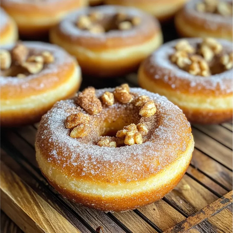 To make Air Fryer Banana Bread Donuts, gather these simple ingredients: - 2 ripe bananas, mashed - 1/2 cup granulated sugar - 1/4 cup brown sugar - 1/3 cup vegetable oil - 1/2 cup plain Greek yogurt - 2 large eggs - 1 teaspoon vanilla extract - 1 cup all-purpose flour - 1/2 teaspoon baking soda - 1/2 teaspoon baking powder - 1/4 teaspoon salt - 1/2 teaspoon ground cinnamon - 1/4 cup chopped walnuts or pecans (optional) - Cooking spray Using ripe bananas is key for flavor. They should be soft and speckled. This makes your donuts sweet and moist. The mix of sugars adds depth. Granulated sugar gives sweetness, while brown sugar brings a rich taste. Oil keeps the donuts moist. Greek yogurt adds creaminess and a slight tang. Eggs help bind everything together. Vanilla extract adds warmth and a lovely aroma. Combine the dry and wet ingredients carefully. Too much mixing can make your donuts tough. If you like nuts, add walnuts or pecans for crunch. Don’t forget the cooking spray! It helps your donuts pop out easily from the pan. With these ingredients, you are ready to create a tasty treat. Mixing wet ingredients Start by mashing the two ripe bananas in a large bowl. Add the granulated sugar, brown sugar, and vegetable oil. Mix until it is smooth and creamy. Then, add the Greek yogurt, eggs, and vanilla extract. Whisk these together well. Combining dry ingredients In another bowl, whisk together the all-purpose flour, baking soda, baking powder, salt, and ground cinnamon. This step ensures even mixing of the dry ingredients. Folding in nuts If you like nuts, fold in 1/4 cup of chopped walnuts or pecans into the batter. This adds great texture and flavor to your donuts. Preheating the air fryer Set your air fryer to preheat at 350°F (175°C). This helps your donuts cook evenly and rise nicely. Filling the donut pan Spray your donut pan with cooking spray to prevent sticking. Then, fill each cavity about two-thirds full with batter. This gives the donuts room to puff up while cooking. Cooking time and temperature Place the filled donut pan in the air fryer basket. Cook for 7-9 minutes. Check for doneness by inserting a toothpick into a donut. If it comes out clean, they are ready! Cooling the donuts Once cooked, carefully remove the donuts from the pan. Let them cool for a few minutes on a wire rack. This keeps them from becoming soggy. Optional toppings or glazes You can enjoy these donuts plain or add a glaze. A simple icing made from powdered sugar and milk works well. You can also sprinkle cinnamon sugar on top for extra sweetness. Use ripe bananas for the best flavor and moisture. They should have brown spots. The sugar in ripe bananas gives a natural sweetness and soft texture. When mixing, combine wet ingredients first. Then, gently add dry ingredients. This keeps your donuts light and fluffy. Always use cooking spray on your donut pan. This helps prevent sticking. Spray it right before adding the batter. When cooking, check for doneness around 7 minutes. Insert a toothpick; it should come out clean. If it comes out wet, cook for another minute. Add ground cinnamon for warmth and depth. You can also try nutmeg or ginger for a twist. If you want less sugar, use honey or maple syrup instead. They add unique flavors while reducing granulated sugar. {{image_2}} You can make these donuts a bit healthier. One way is by using whole wheat flour. Whole wheat flour adds fiber and nutrients. It keeps the donuts soft and tasty. Another idea is to reduce sugar. You can cut the sugar in half or use natural sweeteners. Applesauce or honey work well as substitutes. This keeps your donuts sweet without extra calories. Want to change the flavor? Consider adding chocolate chips. They give a rich taste and pair great with banana. Just fold in about half a cup before baking. You can also experiment with different nuts. Walnuts and pecans add a nice crunch. Try almonds or hazelnuts for a different twist. Just chop them up and mix them in. Seasonal flavors can make your donuts special. For fall, try pumpkin spice banana donuts. Just add pumpkin puree and some pumpkin spice to the batter. In winter, cinnamon apple banana donuts are a hit. Fold in diced apples and a bit more cinnamon. This makes a warm, cozy treat perfect for the season. You can store your air fryer banana bread donuts easily. Keep them at room temperature for one day. Place them in an airtight container. For longer storage, put them in the fridge. They can last about a week in the fridge. If you need to store them for even longer, freeze the donuts. Wrap each donut in plastic wrap and then place them in a freezer bag. This helps keep them fresh. When you're ready to enjoy your donuts again, you can reheat them in the air fryer. Set the air fryer to 300°F (150°C) and heat for about 3-4 minutes. This keeps them soft and warm. If you prefer the oven, preheat it to 350°F (175°C). Place the donuts on a baking sheet and heat for about 5-7 minutes. Both methods work well for getting that fresh-baked taste back. These air-fried donuts are best enjoyed fresh. They can last up to 3 days at room temperature. If stored in the fridge, they can last up to a week. Keep an eye out for signs of spoilage. If you see mold or notice an off smell, it's best to toss them out. Freshness is key to enjoying these tasty treats! Yes, you can use frozen bananas. Thaw them first and drain excess liquid. They will mash well and add moisture to your donuts. The donuts are done when they are golden brown. A toothpick inserted in the center should come out clean. If it has batter on it, cook for another minute or two. Yes, you can! Preheat your oven to 350°F (175°C). Bake for about 10-12 minutes in a standard donut pan. Keep an eye on them to avoid overbaking. You can use regular yogurt or sour cream as a substitute. Applesauce also works for a lower-fat option. Each will change the texture slightly but will still taste great. For gluten-free options, use a gluten-free flour blend. To make it vegan, swap eggs for flax eggs and the yogurt for plant-based yogurt. Adjust sugars if needed for dietary concerns. You learned how to make delicious air-fried banana donuts using simple ingredients. We covered each step, from mixing to cooking. I shared tips for perfect texture and flavor, plus tasty variations to try. Remember, ripe bananas and the right cooking methods make a difference. You can adjust this recipe to fit your tastes or dietary needs. Enjoy your homemade treats! Feel free to experiment, and have fun in the kitchen!
